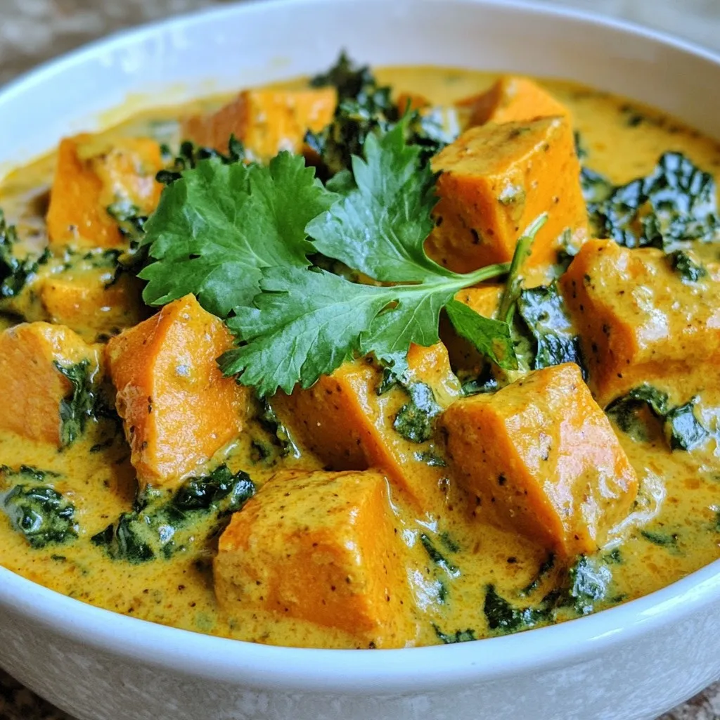 To make Sweet Potato Kale Curry, gather these ingredients: - 2 medium sweet potatoes, peeled and cut into 1-inch cubes - 1 tablespoon coconut oil - 1 medium onion, finely chopped - 3 cloves garlic, minced - 1 tablespoon fresh ginger, grated - 1 tablespoon curry powder - 1 teaspoon ground cumin - 1 teaspoon ground turmeric - 1 can (400ml) coconut milk - 2 cups vegetable broth - 4 cups kale, stems removed and leaves roughly chopped - Salt and freshly ground black pepper, to taste - Juice of 1 lime (for brightness) - Fresh cilantro leaves, for garnish Each ingredient plays an important role in making this dish tasty. The sweet potatoes offer a creamy texture and natural sweetness. Coconut oil brings a rich flavor and helps saut&eacute; the onion. The onion, garlic, and ginger create a fragrant base for the curry. Curry powder, cumin, and turmeric add warmth and depth. Coconut milk gives the curry its creamy body, while vegetable broth adds more flavor. Kale adds nutrition and a pop of color. Lime juice brightens the dish, and fresh cilantro garnishes it beautifully. This combination makes a delicious and hearty meal. {{ingredient_image_2}} 1. Saut&eacute;ing the onion Start by heating coconut oil in a large pot over medium heat. Add the finely chopped onion and cook for about 5 minutes. You want the onion to turn translucent and slightly golden. 2. Adding garlic and ginger Once the onion is ready, stir in minced garlic and grated ginger. Cook this mixture for an additional 2 minutes. You will notice a lovely aroma fill the kitchen. 3. Incorporating spices Now, sprinkle in the curry powder, ground cumin, and ground turmeric. Stir well to coat the onions and garlic. Cook for 1-2 minutes. This step helps bring out the rich flavors of the spices. 4. Dicing and adding sweet potatoes Next, add the diced sweet potatoes to the pot. Mix them in well so they get coated with the spice mixture. This ensures every bite is packed with flavor. 5. Combining liquids Pour in the coconut milk and vegetable broth. Stir everything together until it&rsquo;s well mixed. Bring the mixture to a gentle boil. You should see it start to bubble softly. 6. Simmering the mixture Once it begins to boil, reduce the heat to low and cover the pot. Let it simmer for about 15 minutes. Check occasionally until the sweet potatoes become tender. You can pierce them with a fork to test. 7. Adding kale After the sweet potatoes are tender, stir in the chopped kale. Cover the pot again and cook for 5 more minutes. You want the kale to wilt and soften. 8. Seasoning the curry Finally, season the curry with salt, freshly ground black pepper, and lime juice. Taste it and adjust the seasoning as needed. This adds brightness to the dish. 9. Serving the curry Serve the curry hot in bowls. Garnish with fresh cilantro leaves on top. This adds a lovely touch and extra flavor. Enjoy your delicious Sweet Potato Kale Curry! - Best methods for cutting sweet potatoes: Cut the sweet potatoes into even 1-inch cubes. This size helps them cook evenly. Use a sharp knife for clean cuts. You can peel them with a vegetable peeler first. - How to enhance flavors with spices: Toast the spices before adding other ingredients. This step wakes up their flavors. Add them right after the garlic and ginger for the best results. - Ensuring perfect kale texture: Chop the kale into bite-sized pieces. Remove tough stems to avoid a chewy texture. Add the kale at the end of cooking so it wilts but stays bright and fresh. - How to store leftover curry: Let the curry cool to room temperature. Place it in an airtight container. Store it in the fridge for up to four days. - Reheating recommendations: Reheat the curry on the stove over medium-low heat. Stir it often to prevent sticking. You can also use a microwave. Heat in short intervals, stirring in between. Pro Tips Choose the Right Sweet Potatoes: For the best flavor and texture, opt for garnet or jewel sweet potatoes. They have a natural sweetness that complements the spices beautifully. Adjust the Spice Level: If you prefer a spicier curry, consider adding a pinch of cayenne pepper or a diced chili pepper along with the other spices. Adjust to taste! Use Fresh Kale: Fresh kale will provide the best texture and flavor. If using frozen kale, add it towards the end of cooking, as it requires less time to wilt. Garnish for Flavor: Don't skip the fresh cilantro garnish; it adds a burst of freshness that elevates the dish. A sprinkle of lime zest can also enhance the flavor profile. {{image_4}} Alternative vegetables You can switch sweet potatoes for other veggies. Carrots, butternut squash, or even pumpkin work great. Each adds its own sweet touch to the curry. Different protein additions For protein, try adding chickpeas or lentils. These will make the dish heartier. If you prefer meat, chicken or shrimp can also fit well. Just add them when you cook the onions for best results. Non-dairy options for coconut milk If you want a non-dairy option, use almond or soy milk. They will change the flavor but still create creaminess. Just keep an eye on the taste and adjust the spices as needed. Adding heat with peppers If you like spice, add sliced jalape&ntilde;os or red chili flakes. They give a nice kick. Start with a little, then add more as you taste. Using different herbs and spices Fresh herbs like basil or cilantro can boost flavor. You can also try using garam masala for a unique twist. Mixing flavors can lead to new favorites while keeping it fun! Nutritional value of sweet potatoes: Sweet potatoes are rich in vitamins A and C. They also provide fiber, which aids digestion. These tasty tubers have antioxidants, which help fight free radicals. One medium sweet potato has about 112 calories and 26 grams of carbs. They are a great source of energy and nutrients. Benefits of kale in the diet: Kale is packed with vitamins K, A, and C. It also contains calcium and iron. Eating kale supports heart health and boosts the immune system. Just one cup of kale has only 33 calories, making it a low-calorie superfood. Its fiber content helps keep you full and satisfied. General health advantages of curry: Curry often contains spices like turmeric and cumin. Turmeric has curcumin, which may reduce inflammation. Cumin can aid digestion and improve gut health. The combination of spices in curry can boost metabolism. Enjoying curry can also introduce a variety of nutrients from its many ingredients. Best side dishes to accompany curry: Serve Sweet Potato Kale Curry with rice or quinoa for a complete meal. Naan or flatbreads also pair well, soaking up the flavorful sauce. A simple cucumber salad adds freshness and crunch to your plate. Consider a dollop of yogurt on the side for creaminess. Suggestions for a complete meal: Make it a feast by adding a protein, like chickpeas or grilled chicken. You can also offer a light soup as a starter. Finish with a fruit salad for a refreshing dessert. These additions will make your dinner both filling and satisfying. Can I make Sweet Potato Kale Curry vegan? Yes, this curry is already vegan. It uses coconut milk and vegetable broth. How long does Sweet Potato Kale Curry last in the fridge? It can last for about 3 to 5 days. Store it in an airtight container. Can I freeze Sweet Potato Kale Curry? Yes, you can freeze it. Make sure to let it cool before freezing. What's the best way to reheat the curry? Reheat on the stove over low heat. Stir frequently to avoid burning. Is it possible to make this curry in a slow cooker? Yes, you can. Cook on low for 6 to 8 hours for best results. In this post, we covered key ingredients for Sweet Potato Kale Curry and shared step-by-step instructions for easy cooking. I shared helpful tips on preparation, storage, and variations to enhance flavor. You learned about the health benefits of sweet potatoes and kale. This dish is not only tasty but also nutritious. Feel free to experiment with your favorite ingredients or try different spices. Enjoy your cooking journey!