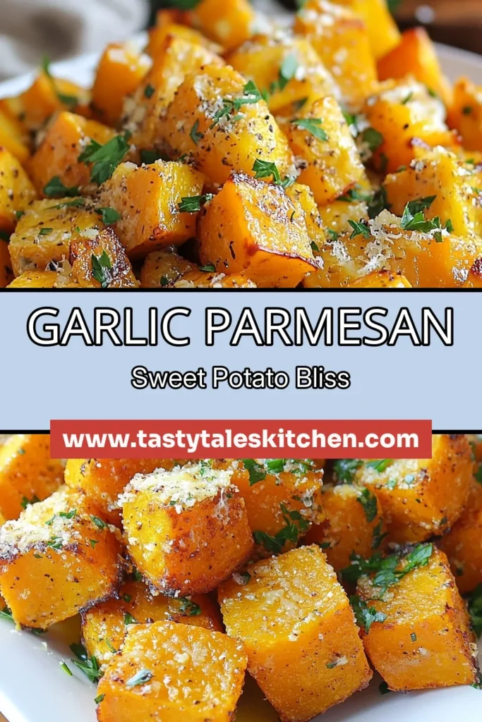 Looking for a delicious and healthy side dish? Try this Garlic Parmesan Sweet Potatoes recipe! These roasted sweet potatoes are an easy sweet potato side dish that pairs perfectly with any meal. Tossed in olive oil, garlic, and topped with Parmesan, this roasted sweet potatoes recipe will elevate your veggies. Enjoy this healthy sweet potato recipe today! Save this for future dinners! #GarlicParmesanSweetPotatoes #RoastedSweetPotatoes #EasySweetPotatoSideDish #ParmesanRoastedVegetables