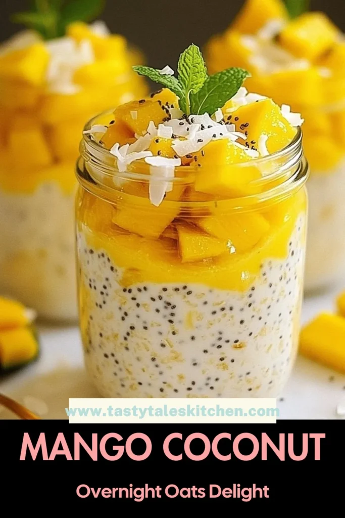 Start your day with a tropical twist using these delicious Mango Coconut Overnight Oats! This easy coconut milk oats recipe combines rolled oats, chia seed oatmeal, and fresh mango for a healthy breakfast you’ll love. Perfect for meal prep, these mango overnight oats are creamy, flavorful, and packed with nutrients. Try this recipe for a refreshing start to your mornings. Save and share! #HealthyBreakfastRecipes #TropicalOvernightOats #MangoOvernightOats #ChiaSeedOatmeal
