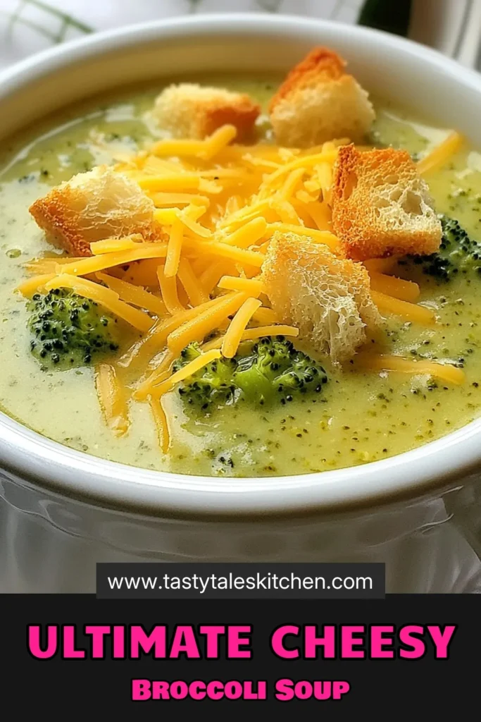 Looking for a delicious and easy broccoli soup recipe? Try this creamy broccoli cheddar soup that combines fresh broccoli florets with rich cheddar cheese for a comforting cheesy broccoli soup. This creamy broccoli soup recipe is perfect for chilly days and can be topped with croutons for extra texture. Whip up this vegetable soup with broccoli in just 35 minutes! Save this cheesy delight for later! #BroccoliSoup #CheddarCheeseSoup #EasyRecipes #SoupLovers