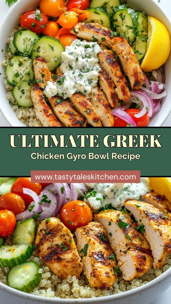 Looking for a delicious Greek chicken gyro bowl recipe? This healthy gyro bowl recipe features marinated chicken, fluffy quinoa, fresh veggies, and homemade tzatziki sauce, making it a perfect Mediterranean chicken meal! Enjoy vibrant flavors and nourishment in every bite. Try this chicken quinoa bowl today for a quick and easy dinner. Save this recipe for later! #GreekFood #HealthyRecipes #MealPrep #MediterraneanCuisine