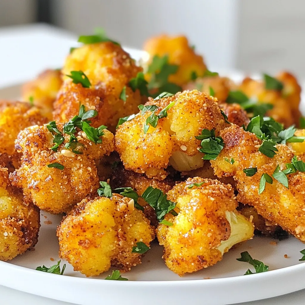 - Cauliflower florets - 1 cup almond flour - 1 tablespoon Cajun seasoning - 2 teaspoons garlic powder - 1 teaspoon onion powder - 1 teaspoon smoked paprika - ½ teaspoon cayenne pepper - ½ teaspoon salt - ¼ teaspoon black pepper - ½ cup unsweetened plant-based milk To make Spicy Cajun Cauliflower Bites, start with fresh cauliflower florets. These little bites need a great base. The almond flour gives them a nice crunch. Next, the Cajun seasoning brings the heat and flavor. Garlic powder and onion powder add depth. Smoked paprika gives a smoky twist. If you like spice, add cayenne to kick it up. Salt and black pepper round out the seasoning mix. - Fresh parsley - Lemon wedges Garnishes can take your bites to the next level. Fresh parsley adds color and freshness. It also contrasts nicely with the spicy flavors. Lemon wedges are great too. A squeeze of lemon brightens everything up. - Ranch dressing - Spicy aioli Dipping sauces make these bites even better. Ranch dressing is a classic choice. It cools off the spice nicely. For more heat, try a spicy aioli. This sauce adds creaminess and extra flavor. You can even mix and match sauces for fun! {{ingredient_image_2}} First, preheat your oven to 425&deg;F (220&deg;C). This high heat will help the cauliflower get nice and crispy. Next, line a baking sheet with parchment paper. This step helps prevent sticking and makes cleanup easier. In a large bowl, combine 1 cup of almond flour with the spices. Add 1 tablespoon of Cajun seasoning, 2 teaspoons of garlic powder, 1 teaspoon of onion powder, 1 teaspoon of smoked paprika, ½ teaspoon of cayenne pepper, ½ teaspoon of salt, and ¼ teaspoon of black pepper. Whisk these ingredients together until they blend well. This mix gives the cauliflower its spicy kick. Take your cauliflower florets and dip each one in ½ cup of plant-based milk. Let any extra milk drip off. Then, coat each floret with the dry almond flour mixture. Press gently to make sure the coating sticks. There&rsquo;s no need to rush&mdash;make sure they&rsquo;re evenly coated! Once done, arrange the coated florets on the baking sheet with some space between them. Drizzle about 2 tablespoons of olive oil over the coated cauliflower bites. This oil will help them crisp up in the oven. Place the baking sheet in the preheated oven. Bake for 25-30 minutes, flipping the bites halfway through. This helps them cook evenly and turn golden brown. Once baked, take them out and let them cool for a few minutes. This cooling time helps them firm up even more. To get that nice crunch, oil and spacing matter. Use olive oil to coat your cauliflower bites. This helps them crisp up nicely in the oven. Make sure to space the florets out on the baking sheet. If they are too close, they will steam instead of bake, which makes them soggy. For even cooking, flip the bites halfway through baking. This ensures all sides get golden brown. Do you want your bites milder? Just cut back on the cayenne pepper. You can also leave it out completely. For more heat, add extra cayenne or even some hot sauce to the milk. This lets you control how spicy your bites are. Always taste the mixture before coating the cauliflower. This way, you can adjust to your liking. You can prep these cauliflower bites in advance. Toss the florets in the milk and seasoned mixture a few hours before baking. Keep them in the fridge until you are ready to cook. This saves time and makes for a quick snack or appetizer. If you want to prepare even more, you can bake and store them. Just reheat in the oven for a few minutes to regain crispiness. Enjoy your tasty bites whenever you like! Pro Tips Adjust the Heat: Modify the amount of cayenne pepper according to your spice tolerance. Start with a small pinch, and taste before adding more! For Extra Crispiness: After coating the cauliflower, let them sit for 10 minutes before baking. This helps the coating adhere better and results in a crunchier texture. Experiment with Seasonings: Feel free to mix in your favorite spices or herbs, such as thyme or oregano, to customize the flavor of your bites. Serve Immediately: These bites are best enjoyed fresh out of the oven while they are still hot and crispy. Consider serving them with your favorite dipping sauce! {{image_4}} You can switch up your Cajun seasoning for a fresh twist. Try using Creole seasoning for a milder kick. You can also mix in some chili powder for a smoky flavor. Adding dried herbs like thyme or oregano can enhance the taste. Just remember, adjust the spices to match your heat preference. If you need to use regular flour instead of almond flour, it works fine. Just note that it may not be as crispy. For the milk, regular dairy milk can replace plant-based milk easily. This change won&rsquo;t affect the flavor much, so feel free to use what you have on hand. These spicy bites shine when served with tasty sides. Pair them with a fresh salad or vegetable sticks for crunch. For a fun twist, place them in a taco shell with avocado and salsa. You can also serve them with ranch dressing or spicy aioli for dipping. Just think of creative ways to enjoy these delicious bites! To keep your spicy Cajun cauliflower bites fresh, store them in an airtight container. Let them cool completely before you store them. This step prevents steam from making them soggy. Place a paper towel at the bottom of the container to absorb moisture. You can keep them in the fridge for up to three days. Reheating is key to keeping those bites crispy. I recommend using an oven or an air fryer. Preheat your oven to 350&deg;F (175&deg;C). Spread the cauliflower bites on a baking sheet. Heat them for about 10 minutes, flipping halfway. If you use an air fryer, set it to 350&deg;F (175&deg;C) and cook for 5-7 minutes. This way, your bites stay crunchy and delicious! You can freeze the cauliflower bites if you have leftovers. Place them in a single layer on a baking sheet. Freeze them for about an hour until firm. Then, transfer them to a freezer-safe bag. They can last up to three months in the freezer. To cook from frozen, follow the reheating steps above, adding a few extra minutes to the time. Enjoy your tasty bites later! Yes, you can easily make these bites gluten-free. You just need to switch the almond flour for a gluten-free flour blend. Many stores sell these blends, and they work well for this recipe. You can also use crushed gluten-free crackers or cornmeal for added crunch. Make sure to check all seasonings and any other ingredients to ensure they are gluten-free. These cauliflower bites are already vegan! Just stick to the almond flour and plant-based milk. Make sure your Cajun seasoning does not contain any animal products. This recipe has no dairy or eggs, so it fits well into a vegan diet. You can enjoy these bites without any worries. Pair these tasty bites with a range of dishes. They go well with a refreshing salad or some rice. You can also serve them with a creamy ranch dressing or a spicy aioli for dipping. If you want a more filling meal, add some roasted veggies or quinoa on the side. These bites can fit in any meal, lunch, or dinner. This blog covered how to make delicious cauliflower bites. We explored main ingredients like cauliflower and almond flour, plus fun garnishes and dips. I shared step-by-step instructions to guide you through prep and baking. You learned tips for a crispy texture and how to adjust flavors. We also discussed variations, storage methods, and answers to common questions. With these insights, you can enjoy tasty bites that suit your needs. Happy cooking!