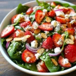 - 4 cups fresh spinach leaves, thoroughly washed and dried - 1 cup ripe strawberries, hulled and thinly sliced - ⅓ cup red onion, finely sliced Fresh produce brings life to this salad. Spinach gives a nice green base. Strawberries add sweetness and a pop of color. I use red onion for a slight bite without being too strong. - ½ cup feta cheese, crumbled into small pieces Feta cheese adds creaminess and a salty flavor. It contrasts well with the sweet strawberries. Crumble it lightly to mix well with the other ingredients. - ¼ cup almonds, either sliced or slivered for added texture - ¼ cup poppy seeds for a delightful crunch Almonds give a nice crunch and healthy fats. You can use sliced or slivered almonds, depending on your preference. Poppy seeds add a fun texture and a light nutty flavor. They also make the dressing really special. {{ingredient_image_2}} Start by grabbing a medium bowl. Add ½ cup of creamy Greek yogurt. Next, pour in 2 tablespoons of pure honey. This will add a nice touch of sweetness. Then, add 2 tablespoons of apple cider vinegar. This gives the dressing a bright flavor. Pour in 1 tablespoon of extra virgin olive oil for a smooth texture. Use a whisk to mix everything together. Keep whisking until the mixture is smooth. Season with fresh salt and cracked black pepper to taste. Finally, fold in ¼ cup of poppy seeds. Let it rest for a few minutes. This helps the flavors blend well. Take a large salad bowl and add 4 cups of fresh spinach leaves. Make sure the spinach is washed and dried well. Then, slice 1 cup of ripe strawberries and add them to the bowl. Next, crumble ½ cup of feta cheese into small pieces and sprinkle it in. Add ¼ cup of sliced or slivered almonds for a nice crunch. Finally, thinly slice ⅓ cup of red onion and toss it in. Gently mix these ingredients to keep the spinach fresh and intact. Drizzle the prepared poppy dressing over the salad. Use enough dressing to coat all the ingredients well. With salad tongs or your hands, gently toss the salad. Make sure every piece of spinach and fruit gets a nice layer of dressing. This creates a tasty blend of flavors that you will love. Now, it’s time to serve! Carefully divide the salad into individual bowls or plates. This makes it look lovely for everyone. For a fun touch, sprinkle a few extra poppy seeds on top of each serving. You can also add a couple of whole strawberries as a cute decoration. Serve the salad chilled for the best taste. To make your salad shine, balance the flavors. The sweet strawberries blend well with the tangy dressing. The creamy feta adds saltiness, while the almonds give a nice crunch. Taste often as you mix. Adjust the honey for sweetness and the vinegar for tang. This helps create a perfect blend that excites the palate. A beautiful salad is a feast for the eyes. Serve your salad in a large bowl or individual plates. Layer the ingredients so each color stands out. Add a few mint leaves or edible flowers for a pop of color. Right before serving, sprinkle more poppy seeds on top. This adds a fun touch and invites guests to dig in. To keep your spinach fresh, wash and dry it well. Store it in a container lined with paper towels. This helps absorb any moisture. Keep it in the fridge, where it can stay crisp. Use it within a few days for the best taste and texture. If you notice wilting, use it in smoothies or soups. Pro Tips Fresh Ingredients Matter: Always use the freshest spinach and strawberries you can find for the best flavor and texture in your salad. Customize Your Nuts: Feel free to substitute almonds with walnuts or pecans for a different taste and texture that complements the salad. Chill for Flavor: Let the assembled salad chill in the refrigerator for about 10 minutes before serving to enhance the flavors and crispness. Make It Ahead: Prepare the dressing in advance and store it in the refrigerator to save time; just toss it with the salad ingredients right before serving. {{image_4}} You can switch out the strawberries for seasonal fruits. Try peaches in summer or apples in fall. Blueberries also add a sweet twist. If you want a crunch, add fresh cucumber or bell pepper. They give a nice crunch and fresh taste to the salad. For a vegan salad, swap the feta cheese for avocado or tofu. Both add creaminess without dairy. Use almond yogurt or coconut yogurt instead of Greek yogurt in the dressing. This keeps the creamy texture while making it dairy-free. Want extra protein? You can add grilled chicken or shrimp on top. Chickpeas or lentils work great too. They will give the salad more texture and heartiness. For a nutty flavor, try adding walnuts or sunflower seeds. Each option makes your salad filling and satisfying. To keep your Strawberry Spinach Salad fresh, store it in the fridge. Use an airtight container. This helps prevent the spinach from wilting. Keep the dressing separate until you are ready to serve. This keeps the salad crisp and tasty. The salad can last up to three days in the fridge. However, the best taste comes within the first two days. The strawberries may become mushy after a couple of days. Always check for freshness before eating. If you want to prep ahead, wash and slice the spinach and strawberries. Store them in the fridge in separate containers. You can make the dressing a day before. Keep it in a sealed jar, allowing the flavors to blend. Just mix everything together right before serving for the best taste. Yes, you can prepare the salad ahead of time. However, I recommend adding the dressing just before serving. This keeps the spinach fresh and crisp. You can wash and slice the strawberries, cheese, and nuts earlier. Store them in airtight containers in the fridge. When you are ready to serve, simply combine everything in a bowl and add the dressing. You have many tasty options for dressings! A balsamic vinaigrette adds a nice tang. A citrus dressing with lemon or orange can brighten the flavors. You can also try a honey mustard dressing for a sweet touch. Each dressing gives a unique twist to the salad. This salad is naturally gluten-free! Just ensure you use gluten-free ingredients. Most dressings are gluten-free, but check labels to be sure. If you add any extras, like granola or croutons, make sure they are gluten-free too. Enjoy this fresh salad without worry! This blog post covered how to make a tasty salad with fresh produce, dairy, nuts, and seeds. I shared easy steps, tips for flavor, and ways to keep ingredients fresh. You can try fun variations to fit your diet and needs. Remember, storage matters too, so follow the guidelines to enjoy your salad longer. Making this dish can be simple and enjoyable. You now have the tools to create your salad masterpiece!