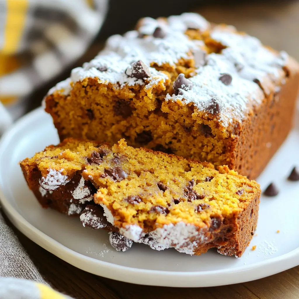 - 1 cup canned pumpkin puree - ½ cup packed brown sugar - ½ cup granulated sugar - ⅓ cup vegetable oil - 2 large eggs - 1 ½ cups all-purpose flour - 1 teaspoon baking powder - ½ teaspoon baking soda - ½ teaspoon salt - 1 teaspoon ground cinnamon - ½ teaspoon ground nutmeg - ½ teaspoon vanilla extract - 1 cup semi-sweet chocolate chips - ½ cup finely chopped walnuts (optional) You can swap canned pumpkin with homemade pumpkin puree. It works well and keeps the flavor rich. If you want less sugar, use applesauce instead of brown sugar. It adds moisture and sweetness. For oil, you can use melted coconut oil. This gives a nice taste. If you need a gluten-free option, try almond flour in place of all-purpose flour. To make your bread even better, try adding ½ cup of dried cranberries or raisins. They add a sweet and tangy kick. You can also mix in 1 teaspoon of pumpkin spice. This will boost the fall flavor. For a nutty twist, add pecans or hazelnuts instead of walnuts. Each of these add-ins brings a unique taste and texture to your pumpkin bread. {{ingredient_image_2}} First, preheat your oven to 350°F (175°C). While it heats, grab a 9x5-inch loaf pan. Coat it well with cooking spray or softened butter. This step helps the bread slide out smoothly once baked. In a large mixing bowl, combine 1 cup of canned pumpkin puree, ½ cup of packed brown sugar, and ½ cup of granulated sugar. Pour in ⅓ cup of vegetable oil. Mix these ingredients together using an electric mixer or a whisk. Keep mixing until the mixture is smooth and creamy. Next, add in 2 large eggs, one at a time. Beat well after each egg. Finally, stir in ½ teaspoon of vanilla extract for a lovely flavor. In a second bowl, sift together 1 ½ cups of all-purpose flour, 1 teaspoon of baking powder, ½ teaspoon of baking soda, and ½ teaspoon of salt. Add 1 teaspoon of ground cinnamon and ½ teaspoon of ground nutmeg. Whisk these dry ingredients well. This will help mix the spices evenly throughout the bread. Now, gently add the dry mixture into the wet pumpkin mix. Use a spatula or wooden spoon to stir. Mix just until combined. Be careful not to overmix, as this can make the bread dense. Once combined, gently fold in 1 cup of semi-sweet chocolate chips. If you like, add ½ cup of finely chopped walnuts for extra crunch. Pour the batter into your prepared loaf pan. Smooth the top with a spatula. Place the pan in your preheated oven and bake for 55 to 60 minutes. To check if it’s done, insert a toothpick into the center. If it comes out clean, your bread is ready! Once baked, take the pan out and let the bread cool for 10 minutes. Carefully remove the bread from the pan and place it on a wire rack. Let it cool completely. When serving, slice the bread and consider dusting it with powdered sugar. You can pair it with whipped cream or vanilla ice cream for a treat! To get soft and moist chocolate chip pumpkin bread, keep these tips in mind: - Measure accurately: Use a kitchen scale for precise measurements. Too much flour can make the bread dry. - Don’t overmix: Stir the wet and dry ingredients until just combined. Overmixing can lead to a tough texture. - Use fresh ingredients: Ensure your baking powder and baking soda are fresh. Old leavening agents can affect the rise. Here are some common pitfalls to watch for: - Skipping the sifting step: Always sift your dry ingredients to avoid clumps. This helps the bread rise better. - Not prepping the pan: Grease your loaf pan well. A well-prepared pan helps the bread release easily. - Opening the oven door: Avoid checking the bread too often while it bakes. This can cause it to sink. Having the right tools makes the process smoother: - Loaf pan: A 9x5-inch pan works best for this recipe. - Mixing bowls: Use large, sturdy bowls for mixing wet and dry ingredients. - Electric mixer: While a whisk works, an electric mixer makes blending easier. - Measuring cups and spoons: Accurate measurements ensure the best results. - Cooling rack: A rack allows the bread to cool evenly, preventing sogginess. These tips will help you bake a perfect chocolate chip pumpkin bread every time! Pro Tips Use Fresh Spices: Freshly ground spices can elevate the flavor of your bread. Consider using whole nutmeg and grinding it just before use for a more aromatic experience. Don’t Overmix: Mix just until the dry ingredients are incorporated to avoid a dense loaf. A few lumps in the batter are perfectly fine! Check for Doneness: Baking times can vary based on your oven. Always use the toothpick test to check if the center is baked through; it should come out clean or with a few moist crumbs. Storage Tips: Store leftover bread in an airtight container at room temperature for a few days, or wrap it tightly and freeze for up to three months. {{image_4}} You can make this bread gluten-free by using a gluten-free flour blend. Look for a mix that has xanthan gum already added. Replace the all-purpose flour with the gluten-free blend in equal amounts. This swap keeps the texture light and fluffy. Your friends and family won’t even know the difference! To make this recipe vegan, swap the eggs for flaxseed meal or applesauce. Use 1 tablespoon of flaxseed mixed with 3 tablespoons of water for each egg. Let this sit for a few minutes to thicken. For the oil, use a plant-based option like coconut oil or applesauce. These changes keep the bread moist and tasty. You can get creative with flavors! Try adding: - Spices: Mix in a pinch of ginger or cloves for warmth. - Chocolate types: Use dark chocolate chips for a richer taste. - Nuts: Add pecans or almonds for a crunchy texture. These simple tweaks can make your pumpkin bread unique and fun each time you bake! To keep your chocolate chip pumpkin bread fresh, store it in an airtight container. Place a layer of plastic wrap directly on the bread. This keeps moisture in and prevents it from drying out. You can also wrap it in foil for extra protection. Store it at room temperature for up to three days. If you want it to last longer, consider freezing. Freezing your chocolate chip pumpkin bread is easy. First, let the bread cool completely. Then, slice the bread into individual pieces. Wrap each slice tightly in plastic wrap. After that, place all the wrapped slices in a freezer-safe bag. You can freeze the bread for up to three months. When you're ready to enjoy it, simply thaw it in the fridge overnight. To reheat day-old chocolate chip pumpkin bread, preheat your oven to 350°F (175°C). Place the slices on a baking sheet. Heat them for about 10-15 minutes. This will warm the bread and bring back its soft texture. If you want a quick option, you can microwave a slice for 15-20 seconds. Just be careful not to overheat, or it may become tough. Enjoy your delicious bread warm! Yes, you can use fresh pumpkin. Just cook and puree the pumpkin first. It will add a bright flavor. You need about one cup of pureed fresh pumpkin to replace the canned pumpkin. To check if the bread is done, use a toothpick. Insert it into the center of the bread. If it comes out clean, the bread is ready. It takes about 55 to 60 minutes to bake. Keep an eye on it towards the end. You can serve the bread with many tasty options. A dollop of whipped cream adds fluffiness. Vanilla ice cream pairs well too. You can also enjoy it with coffee or tea for a cozy treat. Chocolate chip pumpkin bread stays fresh for about 3 to 4 days at room temperature. Store it in an airtight container. If you want it to last longer, freeze it. It can last up to three months in the freezer. This blog post covered everything you need for chocolate chip pumpkin bread. We explored key ingredients, step-by-step instructions, and useful tips. You learned about variations and how to store your bread properly. Remember, learning to bake is fun and rewarding. Use these tips to create delicious bread that suits your taste. Enjoy every bite, and share it with friends and family. Happy baking!