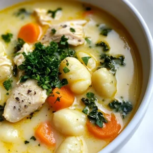 To make this creamy herb chicken gnocchi soup, gather the following items: - 1 tablespoon olive oil - 1 pound boneless, skinless chicken breasts, diced - 1 medium onion, diced - 3 cloves garlic, minced - 3 medium carrots, sliced - 2 celery stalks, sliced - 6 cups chicken broth, low-sodium preferred - 1 teaspoon dried thyme - 1 teaspoon dried oregano - 1 bay leaf - 1 pound potato gnocchi, store-bought or homemade - 1 cup heavy cream - 1 cup fresh kale or spinach, chopped - Salt and pepper to taste - Fresh parsley, finely chopped for garnish You can make this soup with different ingredients if needed: - Use turkey instead of chicken for a leaner option. - Replace heavy cream with coconut milk for a dairy-free twist. - If you lack fresh greens, use frozen spinach or kale. - Swap out chicken broth for vegetable broth for a vegetarian version. To create this delicious soup, you will need: - A large pot for cooking - A sharp knife for chopping - A cutting board for prep - A wooden spoon for stirring - Measuring cups and spoons to get the right amounts - A ladle for serving the soup These tools will help you cook and serve the soup with ease. Enjoy making this hearty meal! {{ingredient_image_2}} First, get a large pot and heat the olive oil over medium heat. Add the diced chicken to the pot. Cook it for about 5 to 7 minutes. You want it browned and cooked through. Stir it often to cook evenly. When done, take the chicken out of the pot and set it aside on a plate. In the same pot, add the diced onion, minced garlic, sliced carrots, and sliced celery. Stir and cook for about 5 minutes. This is when the vegetables start to soften. The onion should turn translucent. This mix adds great flavor to your soup. Now, pour in the chicken broth. Add the dried thyme, dried oregano, and the bay leaf. Turn up the heat and bring this mixture to a rolling boil. The hot broth will help blend all the flavors together. Once your soup is boiling, it's time to add the gnocchi. Carefully drop it into the pot. Cook according to the package instructions. This usually takes about 3 to 5 minutes. Watch for the gnocchi to float to the surface. That means they are ready! Reduce the heat to a gentle simmer. Stir in the heavy cream, the cooked chicken, and the chopped kale or spinach. Let the soup simmer for another 5 minutes. This step allows the greens to get tender and everything to heat through. Now it’s time to taste the soup. Adjust the seasoning with salt and pepper as needed. Don’t forget to take out the bay leaf before serving! Ladle the hearty soup into bowls. For a nice touch, sprinkle fresh parsley on top. This adds color and flavor to your dish. Serve it up with some crusty bread for a warm, filling meal. You will love every bite! To make your soup creamy, use heavy cream. Start by adding it slowly. Stir well to mix it in. This keeps the soup rich and smooth. If you want even more creaminess, mash some gnocchi in the soup. This thickens the texture nicely. Another tip is to avoid boiling the soup after adding cream. Instead, let it simmer gently. Fresh herbs can take your soup to the next level. I love using parsley for garnish. It adds bright flavor and color. You can also add fresh thyme or dill while cooking. These herbs boost the taste beautifully. Try to chop them just before adding. This keeps their flavor vibrant and fresh. One mistake is adding the gnocchi too soon. They need just a few minutes to cook. If you leave them in too long, they get mushy. Another mistake is under-seasoning the soup. Be sure to taste and adjust salt and pepper. Last, don't skip the bay leaf; it adds depth. Remember to remove it before serving! Pro Tips Use Fresh Herbs: Fresh herbs can elevate the flavor of your soup. If you have access to fresh thyme or oregano, consider using them instead of dried for a brighter taste. Customize the Greens: Feel free to substitute the kale or spinach with other greens like Swiss chard or arugula, depending on your preference and what you have on hand. Make It Ahead: This soup can be made a day in advance. Just reheat gently, adding a splash of broth if it thickens too much when stored in the fridge. Gnocchi Cooking Tip: To avoid mushy gnocchi, add them to the soup only towards the end of cooking. This ensures they retain their shape and texture. {{image_4}} To make this soup vegetarian, skip the chicken. Use vegetable broth instead of chicken broth. Add extra vegetables like mushrooms or zucchini for more flavor. Tofu or chickpeas can add protein. This way, you maintain a hearty texture. Using gnocchi keeps the dish filling and comforting. If you need a gluten-free version, choose gluten-free gnocchi. Many brands offer this option. Ensure your broth is labeled gluten-free as well. Using fresh herbs can enhance the flavor without gluten. You can also add quinoa for a different texture. Feel free to customize the soup with your favorite vegetables. Peas, green beans, or corn add nice color and taste. You can also use sweet potatoes for a sweeter base. Just remember to adjust the cooking time for firmer veggies. Each choice adds a unique twist to the classic recipe. To store leftover Creamy Herb Chicken Gnocchi Soup, let it cool down first. Once cooled, transfer the soup to airtight containers. Make sure to leave some space at the top, as the soup may expand when frozen. Label the containers with the date. This soup will keep well in the fridge for about 3 to 4 days. When you are ready to enjoy the soup again, reheat it on the stove. Pour the soup into a pot and warm it over medium heat. Stir the soup often to ensure it heats evenly. You can add a splash of broth or cream if the soup seems thick. This helps keep the texture smooth and creamy. If you want to freeze the soup, use freezer-safe containers. The soup can last for up to 3 months in the freezer. To thaw, place the container in the fridge overnight. For a faster option, you can use the microwave. Just make sure to stir it halfway through the heating process. Reheat it on the stove for the best texture when ready to serve. Yes, you can use homemade gnocchi. Fresh gnocchi adds a nice touch. It has a soft texture and absorbs flavors well. Just make sure to cook it according to your recipe. Homemade gnocchi may cook a bit faster, so keep an eye on it. If you want a lighter option, try using half-and-half or whole milk. For a dairy-free choice, use coconut milk or cashew cream. These alternatives may change the flavor slightly. Adjust the seasoning to ensure the soup stays rich and delicious. This soup stays fresh for about 3 to 4 days in the fridge. Store it in an airtight container to keep it tasty. When reheating, warm it gently on the stove. This helps preserve the creamy texture. Yes, you can! First, sauté the chicken and veggies on the stove. Then, add them to the slow cooker with broth and herbs. Cook on low for 6-8 hours. Add the gnocchi and cream in the last 30 minutes. This way, the gnocchi cooks perfectly. Serve this soup with crusty bread or a fresh salad. A light green salad balances the meal. You can also add some grated cheese on top for extra flavor. Enjoy your cozy meal with these tasty sides! This guide covered every step to make delicious Creamy Herb Chicken Gnocchi Soup. We reviewed the key ingredients and their substitutions. I shared the best tools to use for cooking. You learned the step-by-step process for creating the perfect soup. Differentiating variations like vegetarian options can suit many tastes. Remember, storing and reheating methods keep leftovers fresh. Enjoy your cooking journey and explore this hearty meal. With practice, you’ll master this recipe and delight everyone at the table.