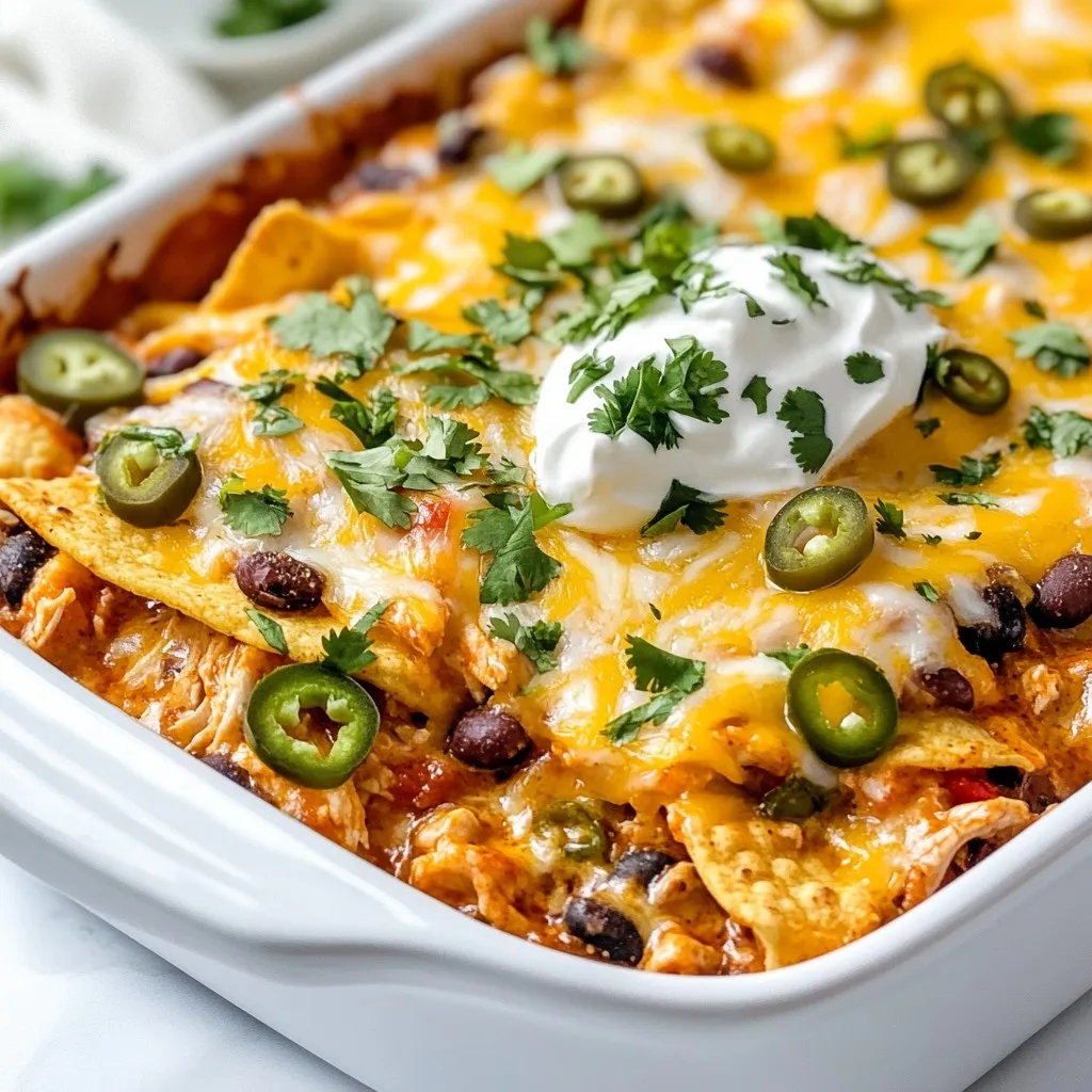 For this tasty chicken enchilada casserole, you need a few key items. Here’s the list: - 2 cups cooked chicken, shredded - 1 can (15 oz) black beans, drained and rinsed - 1 can (10 oz) enchilada sauce - 1 can (4.5 oz) chopped green chilies, drained - 2 cups corn tortillas, cut into strips - 2 cups shredded cheddar cheese - 1 teaspoon ground cumin - 1 teaspoon garlic powder - ½ teaspoon onion powder - 1 cup sour cream - Fresh cilantro, chopped (for garnish) - Salt and pepper to taste These ingredients create a rich and savory mix that makes every bite delicious. The chicken and beans provide protein, while the cheese and tortillas give it that comforting, cheesy texture. You can make your casserole even better with some fun extras. Here are some ideas: - Fresh cilantro for garnish - Sliced jalapeños for some heat - Avocado slices for creaminess - Extra sour cream on the side These toppings add flavor and color. They also let you customize your dish to your liking. If you don’t have some ingredients, don’t worry! Here are some easy swaps: - Use rotisserie chicken instead of cooking your own. - Swap black beans for pinto beans or kidney beans. - Try a different cheese, like Monterey Jack or pepper jack. - Use corn chips instead of tortillas for a crunchier texture. These substitutions keep the dish tasty while making it easier for you. Enjoy making this casserole your own! {{ingredient_image_2}} Start by heating your oven to 350°F (175°C). This helps your casserole cook well. In a big bowl, add 2 cups of shredded chicken. Then, mix in 1 can of black beans, drained and rinsed. Next, pour in 1 can of enchilada sauce and 1 can of chopped green chilies. Add 1 teaspoon of ground cumin, 1 teaspoon of garlic powder, and ½ teaspoon of onion powder. Also, add 1 cup of sour cream. Stir everything well until it is mixed nicely. Taste it and add salt and pepper if needed. Grab a 9x13 inch baking dish. Spread a thin layer of the chicken mix on the bottom. This layer gives a good base for your casserole. Now, take half of the tortilla strips and lay them over the chicken mix. Make sure they cover it well. Next, sprinkle half of the shredded cheddar cheese on top. Repeat this step. Add the rest of the chicken mix, then the second half of the tortilla strips, and finally, top with the remaining cheese. Make sure to cover all the tortillas with cheese. Cover your baking dish with aluminum foil. This keeps the moisture in. Place it in the oven and bake for 20-25 minutes. This allows all the flavors to blend nicely. After that, take off the foil and bake for another 10-15 minutes. This step makes the cheese bubbly and golden. When it looks good, take it out of the oven and let it cool for a few minutes. This helps the layers stay together when you serve it. Before serving, add some fresh chopped cilantro on top for a nice touch. To get the best cheese layer, use fresh shredded cheese. Pre-shredded cheese often has anti-caking agents. These can affect how well the cheese melts. Layer the cheese evenly over your casserole. This will help it melt thoroughly. For a creamy top, add a bit of sour cream before the final cheese layer. This step makes your casserole extra rich and delicious. Taste as you go. The spices in this recipe can suit your preference. If you like heat, add cayenne pepper or diced jalapeños. For a milder flavor, reduce cumin and garlic powder. Fresh lime juice can brighten the dish. A squeeze before serving adds a nice touch. Don’t forget to season with salt and pepper. Adjust these to make the flavors pop. Preheat your oven to 350°F (175°C) before baking. This ensures even cooking. Cover the casserole with foil for the first part of baking. This keeps moisture in and prevents drying out. Remove the foil during the last bake to brown the cheese. Let the dish cool for a few minutes before serving. This helps the layers set. Garnish with chopped cilantro for a fresh finish. Pro Tips Use Rotisserie Chicken: For a quicker preparation, consider using store-bought rotisserie chicken. It saves time and is packed with flavor. Customize Your Heat: If you enjoy a bit of spice, add some diced jalapeños or a dash of hot sauce to the chicken mixture for an extra kick. Cheese Choices: Experiment with different types of cheese, such as pepper jack or Monterey Jack, for a unique flavor twist. Make-Ahead Option: Prepare the casserole a day in advance and store it in the refrigerator. Just bake it right before serving for convenience! {{image_4}} You can easily make this dish vegetarian. Instead of chicken, use 2 cups of cooked quinoa or lentils. This keeps the protein high while adding a different texture. You can also add more beans for extra fiber. Black beans work well, or you can try pinto beans for a change. Always season your veggies well to keep the flavor rich. Want a kick? Add jalapeños! You can mix in 1 to 2 diced jalapeños directly into the chicken mixture. If you like it really hot, leave the seeds in. You can also layer sliced jalapeños on top before baking. This adds a nice crunch and spice that enhances the dish. While cheddar cheese is classic, feel free to mix it up. Try Monterey Jack for a creamier taste. You might enjoy pepper jack for some heat. Or, mix in some crumbled queso fresco for a fresh twist. The cheese also helps create that gooey layer we all love. Experiment until you find the blend that suits your taste! After enjoying your chicken enchilada casserole, store leftovers in an airtight container. This keeps the flavors fresh and prevents drying out. Allow the dish to cool completely before sealing it. You can store the casserole in the fridge for up to three days. To reheat your casserole, preheat your oven to 350°F (175°C). Place the casserole in an oven-safe dish. Cover it with foil to keep it moist. Heat for about 20 minutes or until warmed through. You can also use a microwave. Heat it in short bursts, checking often to avoid overheating. Freezing is a great option for longer storage. First, let the casserole cool completely. Then, cut it into single portions for easy thawing. Wrap each piece in plastic wrap and place them in a freezer-safe bag. Label the bag with the date. It can last up to three months in the freezer. When ready to eat, thaw it overnight in the fridge before reheating. Yes, you can prepare this casserole in advance. Just assemble it, cover it with foil, and store it in the fridge. You can keep it there for up to 24 hours. When ready to bake, preheat your oven. Bake it straight from the fridge, adding an extra 10-15 minutes to the cooking time. Several sides complement this dish well. Here are some great options: - Mexican rice: Fluffy rice with spices adds great flavor. - Refried beans: Creamy beans enhance the meal’s richness. - Guacamole: Fresh and creamy, it balances the casserole. - Corn salad: A light salad adds crunch and freshness. - Chips and salsa: Crunchy chips with spicy salsa make a fun snack. You can easily make this dish healthier with a few swaps: - Use whole wheat tortillas instead of regular ones for more fiber. - Substitute Greek yogurt for sour cream to reduce fat. - Add more vegetables, like bell peppers or zucchini, to boost nutrients. - Choose lean chicken or even turkey to cut down on calories. - Use low-sodium enchilada sauce to reduce salt intake. These simple changes help you enjoy a tasty meal while keeping it nutritious. You learned about key ingredients for a delicious chicken enchilada casserole. We covered everything from prepping ingredients to perfecting the cheese layer. I shared tips to enhance flavors and variations to try, like vegetarian and spicy options. Proper storage and reheating methods will keep your leftovers tasty. Overall, this casserole is a simple and flexible dish. I hope you feel inspired to create your own version at home. Enjoy making it with your family and friends!