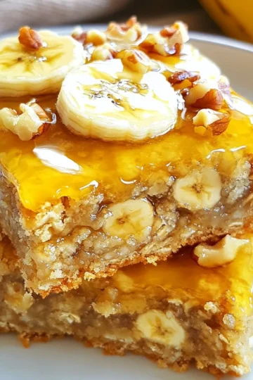 - 2 ripe bananas, thoroughly mashed - 1 cup rolled oats - ½ cup almond butter (or any nut butter of your choice) - ¼ cup honey or maple syrup - ½ teaspoon pure vanilla extract - ½ teaspoon ground cinnamon - ¼ teaspoon sea salt - ¼ cup dark chocolate chips - ¼ cup of your favorite chopped nuts or seeds (such as walnuts or chia seeds) These ingredients create a simple yet tasty snack. The ripe bananas add natural sweetness. Their soft texture mixes well with oats and nut butter, giving these bars a chewy feel. Rolled oats bring fiber, making these bars filling. Almond butter, or any nut butter, gives healthy fats and protein. Honey or maple syrup adds sweetness and binds the bars together. Pure vanilla extract enhances the flavor, making every bite enjoyable. Optional add-ins let you customize your bars. Ground cinnamon adds warmth and spice. A bit of sea salt balances the sweetness. Dark chocolate chips can make the snack feel like a treat. Nuts or seeds add crunch and extra nutrients. These bars are great for breakfast or an afternoon snack. You can even share them with friends. Enjoy creating your own version! {{ingredient_image_2}} - Preheat the Oven: Start by setting your oven to 350°F (175°C). This step warms the oven for even baking. - Line an 8x8 inch baking pan: Grab your 8x8 inch pan and line it with parchment paper. Let the paper hang over the sides. This helps you lift the bars out easily later. - Combine Wet Ingredients: In a large bowl, mash 2 ripe bananas well. Add ½ cup almond butter, ¼ cup honey (or maple syrup), and ½ teaspoon vanilla extract. Mix until smooth and combined. - Incorporate Dry Ingredients: Now, add 1 cup rolled oats, ½ teaspoon ground cinnamon, and ¼ teaspoon sea salt to the bowl. Stir well. If you like, fold in ¼ cup dark chocolate chips and ¼ cup chopped nuts or seeds for extra flavor. - Pour Mixture into the Pan: Pour the mixture into your prepared baking pan. Use a spatula to spread it out evenly and flatten the top. - Bake to Perfection: Place the pan in the oven. Bake for 20-25 minutes. You know the bars are done when the edges turn golden brown. Test with a toothpick; it should come out clean. - Cool Before Cutting: After baking, take the pan out and let it cool for about 10 minutes. Then, lift the bars out using the parchment paper and place them on a wire rack to cool completely. - Slice and Serve: Once cooled, cut the bars into squares or rectangles. They are ready to enjoy as a snack! - Presentation Tips: For a nice touch, stack the bars on a pretty plate. Drizzle some honey on top, and add banana slices or a sprinkle of nuts for garnish. - Choosing Ripe Bananas: Use bananas with brown spots. They are sweeter and softer. The more ripe they are, the better your bars will taste. - Adjusting Baking Time: Keep an eye on your bars. Bake them until the edges turn golden brown. A toothpick should come out clean from the center. - Adding Spices: Try adding a pinch of nutmeg or ginger. They can give your bars a nice kick. Ground cinnamon is a classic choice that works well, too. - Incorporating Nut Butters: Almond butter is great, but feel free to use peanut butter or cashew butter. Each nut butter adds its own unique flavor to the bars. - Drizzling Options: You can drizzle honey or maple syrup on top for extra sweetness. A chocolate drizzle also makes them look fancy. - Garnishing Suggestions: Add banana slices, chopped nuts, or seeds as a garnish. This not only looks good but adds texture, too. Pro Tips Use Overripe Bananas: The riper the bananas, the sweeter and more flavorful your bars will be. Look for bananas with plenty of brown spots for the best results. Nut Butter Variations: Feel free to experiment with different nut butters like cashew or peanut butter to customize the flavor of your bars. Chilling for Firmness: For firmer bars, refrigerate the cut pieces for an hour before serving. This will help them hold their shape better. Customize Add-Ins: Get creative by adding dried fruits, seeds, or spices to the mixture for extra texture and flavor. Think raisins, cranberries, or even a pinch of nutmeg! {{image_4}} - Use sunflower seed butter instead of almond butter. This keeps the bars creamy. - You can also omit all nuts entirely. The bars will still taste great and stay healthy. - For gluten-free bars, choose certified gluten-free oats. This keeps the recipe safe for everyone. - If you want a vegan option, use maple syrup instead of honey. This keeps it plant-based. - You can add different fruits like blueberries or diced apples. This adds new flavors and textures. - Try using other extracts, like almond or coconut. These can enhance the taste of your bars. Store your banana oatmeal bars at room temperature for a quick snack. Keep them in an airtight container to maintain freshness. If it’s hot, put them in the fridge. Refrigeration helps prevent spoilage. To freeze the bars, cut them into squares first. Wrap each bar in plastic wrap. Then, place them in a freezer-safe bag. This helps keep them fresh for a longer time. When you want to eat one, take it out and let it thaw on the counter for about 30 minutes. You can also microwave it for a few seconds. Banana oatmeal bars last about a week at room temperature. In the fridge, they can last up to two weeks. If you freeze them, they can last for three months. Look for signs of spoilage like a change in smell or color. If they feel mushy or have mold, it’s best to toss them. Banana oatmeal bars are a tasty snack made mainly from ripe bananas and oats. They are chewy and sweet, perfect for a quick bite. These bars are easy to make and use simple ingredients. You can enjoy them for breakfast, as a snack, or even dessert. Yes, you can swap almond butter for other nut butters. Peanut butter works well and gives a nice flavor. Sunflower seed butter is a good choice too if you want a nut-free option. Any creamy nut butter will mix well with the bananas and oats. Yes, these bars are a healthy choice! They contain whole grains from oats and natural sweetness from bananas. Almond butter adds healthy fats and protein. Dark chocolate chips can add a bit of fun without too much guilt. Each bar gives you energy and satisfies your hunger. To lower the sugar, reduce the honey or maple syrup. You can also try using mashed bananas to sweeten more. If you are using chocolate chips, pick a lower-sugar option or skip them. Adding spices like cinnamon can also enhance flavor without extra sugar. Absolutely! You can mix in protein powder for an extra boost. Adding seeds like chia or hemp seeds also increases protein content. Mixing nuts into the batter can add crunch and protein too. This way, you make your bars even more filling and nutritious. These banana oatmeal bars are simple and tasty. You start with ripe bananas and oats. Then, mix in almond butter and sweeteners. Optional add-ins like chocolate chips add fun flavor. With tips on texture and flavor, you can tailor these bars to your liking. Store them well and freeze extras for later. Enjoy making these easy snacks, and feel free to get creative with the ingredients!