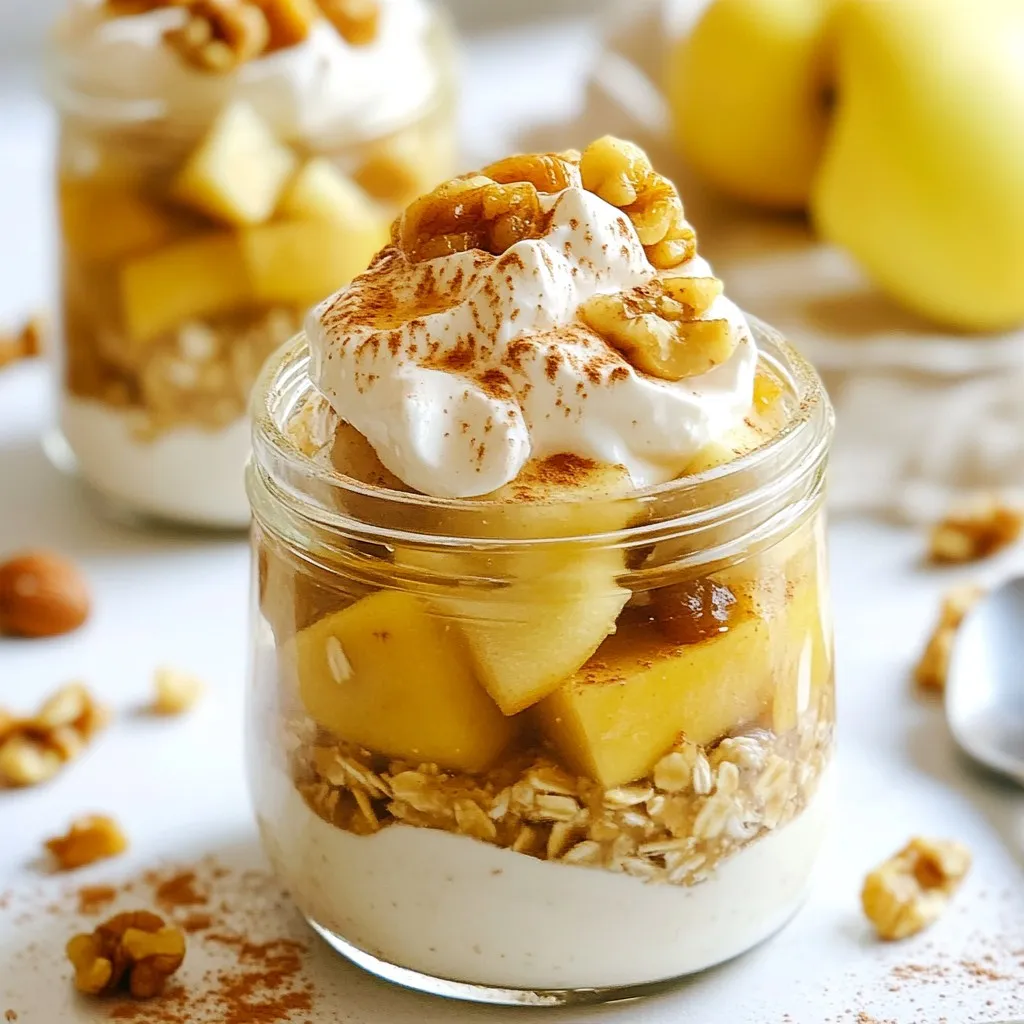 The right ingredients make all the difference in your apple pie overnight oats. Here’s what you need: - 1 cup rolled oats - 1 ¼ cups almond milk - 1 medium tart apple (e.g., Granny Smith) - 1 tablespoon maple syrup or honey - 1 teaspoon ground cinnamon - ½ teaspoon nutmeg - 1 tablespoon chia seeds - ¼ cup Greek yogurt or a dairy-free yogurt - 2 tablespoons walnuts, chopped (optional) - 1 tablespoon raisins (optional) This mix creates a tasty base with yummy textures. The oats will soak up the flavors overnight. The tart apple adds a nice zing. The spices bring warmth and comfort. Chia seeds add fiber and a little crunch. Greek yogurt gives creaminess and protein. You can switch things up, too! Use honey instead of maple syrup or leave out the nuts if you prefer. These oats are so easy to customize! {{ingredient_image_2}} In a medium bowl, I start by mixing together the rolled oats, almond milk, and sweetener. I use maple syrup for a touch of sweetness. Next, I add in the ground cinnamon, nutmeg, and chia seeds. This mix needs a good stir to blend all the flavors well. I want every bite to be rich and tasty. After the base is ready, I fold in the diced apples. I like to use a tart variety, like Granny Smith. It adds a nice zing. I make sure the apples spread evenly throughout the mixture. This way, each spoonful has a bit of apple goodness. Now it’s time to divide the mixture. I fill two jars, leaving space at the top for the oats to expand. On top, I add a scoop of Greek yogurt. It makes the oats creamy and adds protein. For extra crunch, I sprinkle in chopped walnuts and raisins. Next, I seal the jars tight. I place them in the fridge to chill overnight. This waiting time lets the flavors blend and the oats soften. In the morning, I simply grab a jar, give it a gentle stir, and enjoy my delicious apple pie overnight oats cold or warmed up. For the best apple pie overnight oats, soak them overnight. This allows the oats to absorb the milk and flavors, giving you a creamy texture. I recommend chilling them for at least five hours. This short wait makes all the difference. Use tart apples, like Granny Smith, for that authentic apple pie taste. Tart apples add a nice balance to the sweet and spicy flavors in the oats. Serve your oats in clear glass jars. This way, you can show off the beautiful layers. Top with a sprinkle of cinnamon and a thin slice of apple for a lovely finish. You can also add a dollop of Greek yogurt on top. For a complete meal, enjoy these oats with a warm cup of tea or coffee. You can easily make this recipe fit your needs. If you want it dairy-free, swap Greek yogurt for a plant-based yogurt. You can also skip the walnuts if you have nut allergies. For fun toppings, try adding fresh berries, a drizzle of peanut butter, or even seeds. These can add flavor and a nice crunch to your oats. Pro Tips Choose the Right Apples: Opt for tart apples like Granny Smith for a balanced flavor that complements the sweetness of the oats and maple syrup. Customize Your Toppings: Feel free to mix and match toppings such as nuts, seeds, or fresh fruit to suit your taste preferences and nutritional needs. Make It Vegan: Substitute Greek yogurt with a plant-based yogurt alternative to keep the recipe vegan while still providing creaminess. Prep in Bulk: Double or triple the recipe to have several jars ready for the week. Perfect for quick breakfasts on busy mornings! {{image_4}} You can switch up your apple pie overnight oats with fun flavors. Try seasonal spices like pumpkin spice for a fall twist. Berry mixes also work well. Just swap in your favorite berries with apples. This mix adds a fresh taste and bright color. You can also combine apples with other fruits. Try peaches or pears for a sweet change. Mixing flavors creates a new experience each time. Get creative and see what you enjoy! Reducing sugar can make your oats lighter. Use less maple syrup or honey for sweetness. You can also try natural sweeteners like stevia or monk fruit. Adding superfoods can boost nutrition. Flax seeds are a great option. They add fiber and healthy fats. Protein powder is another choice. It makes your oats more filling and helps with muscle recovery. Just a scoop is all you need. You can easily make your oats vegan. Instead of Greek yogurt, use plant-based yogurt. Almond or coconut yogurt works great. They give a creamy texture without dairy. To keep that creamy feel, use ripe bananas or avocados in place of yogurt. Just blend them into your oat mixture. This keeps your oats smooth and tasty while being dairy-free. Enjoy your vegan apple pie overnight oats! To keep your apple pie overnight oats fresh, use glass jars or airtight containers. These will help lock in moisture and flavor. Make sure the containers are clean and dry before filling them. To prevent spoilage, always seal the jars tightly. This keeps air out and stops bacteria from forming. Store your oats in the fridge at a temperature of 40°F or lower. Place them on a middle shelf for even cooling. You can enjoy your oats within three days. After that, the texture may change and they may not taste as good. If you want your oats warm, take a jar from the fridge. Remove the lid and stir the oats. Heat in the microwave for about one minute. Stir again to ensure even warmth. This keeps the flavors bright and tasty. If you prefer them cold, just dig in right away! Yes, you can. If you want a dairy-free option, use almond milk or coconut yogurt. You can also try silken tofu for creaminess. These swaps keep your oats tasty and healthy. You can store them for up to five days. Make sure to keep them in airtight jars. This keeps them fresh and tasty for your busy mornings. You can use quick oats, but the texture will change. Quick oats absorb liquid more quickly and become softer. If you like a creamier texture, quick oats work well. Yes, they are very healthy! Oats are full of fiber, which helps digestion. They also provide energy and keep you full longer. Adding fruits and nuts boosts their health benefits too. This blog post covered a simple recipe for apple pie overnight oats. You learned about the needed ingredients, step-by-step instructions, and key tips. Each part helps you create a tasty, healthy meal. Remember, you can customize your oats to fit your needs. Explore different flavors and toppings to keep things exciting. Finally, proper storage keeps your oats fresh and ready to enjoy. Now you can make delicious overnight oats that suit your taste perfectly!