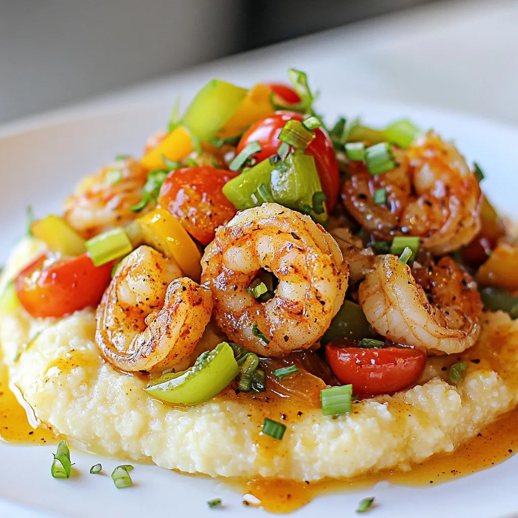 To make a delightful Cajun shrimp and grits, you'll need a few key ingredients. Here’s what you should gather: - 1 cup stone-ground grits - 4 cups water - 1 teaspoon salt - 2 tablespoons unsalted butter - 1 cup sharp cheddar cheese, shredded - 1 pound large shrimp, peeled and deveined - 2 tablespoons Cajun seasoning - 1 tablespoon olive oil - ½ cup green bell pepper, diced - ½ cup celery, diced - ½ cup onion, finely chopped - 2 cloves garlic, minced - 1 cup cherry tomatoes, halved - ¼ cup scallions, sliced (for garnish) - Additional salt and black pepper to taste Each ingredient plays an important role in building flavor. The stone-ground grits provide a creamy base. The shrimp bring a juicy bite coated in Cajun spice. Fresh vegetables add color and crunch. Don’t forget the scallions for a fresh finish! Gathering high-quality ingredients makes a big difference. Fresh shrimp and sharp cheddar cheese will elevate your dish. Enjoy the process of collecting these items, and prepare to create a dish that bursts with flavor! {{ingredient_image_2}} 1. First, grab a medium pot. Bring 4 cups of water to a rolling boil. 2. Once boiling, add 1 teaspoon of salt. This helps enhance the flavor. 3. Gradually whisk in 1 cup of stone-ground grits. Stir continuously to avoid lumps. 4. Lower the heat to a gentle simmer. Cook for about 20-25 minutes. Stir often until thick and creamy. 5. Remove from heat. Mix in 2 tablespoons of unsalted butter and 1 cup of shredded cheddar cheese. Stir until fully melted. Set the grits aside. 1. Heat 1 tablespoon of olive oil in a large skillet over medium heat. 2. Add ½ cup each of diced green bell pepper, celery, and finely chopped onion. Sauté for about 5 minutes. The veggies should soften and smell great. 3. Add 2 cloves of minced garlic. Sauté for another minute until fragrant. 1. In a mixing bowl, toss 1 pound of peeled and deveined shrimp with 2 tablespoons of Cajun seasoning. Make sure they are evenly coated. 2. Add the seasoned shrimp to the skillet with the sautéed vegetables. Cook for about 3-4 minutes. Flip the shrimp once until they turn pink and opaque. 3. Stir in 1 cup of halved cherry tomatoes. Cook for an additional 2 minutes until they soften. Taste and adjust seasoning with salt and black pepper as needed. 1. To plate, spoon generous portions of the creamy grits onto each dish. Create a well in the center. 2. Carefully top with the Cajun shrimp mixture. Make sure to include some sautéed vegetables and juicy tomatoes. 1. Sprinkle the dish with sliced scallions for a fresh crunch and color. 2. Serve right away and enjoy the vibrant flavors! When making Cajun shrimp and grits, you must choose the right grits. Stone-ground grits offer a rich, creamy texture. They have a deeper flavor than instant grits. Instant grits cook faster but lack the same taste. I prefer stone-ground for this dish. To cook stone-ground grits, start by boiling water. Add salt to enhance the flavor. Gradually whisk in the grits, stirring to prevent lumps. Cook them for 20-25 minutes, stirring often. This way, you get a thick and creamy consistency. Mix in butter and cheddar for extra flavor. Cajun seasoning is key to this dish. You can customize it to match your taste. If you prefer a mild flavor, use less seasoning. For more heat, add extra Cajun spice. Taste as you go. This helps find the perfect balance. You can also make your own Cajun blend. Combine paprika, cayenne, garlic powder, and thyme. This allows you to control the spice level even more. Timing is crucial for perfect shrimp. Overcooked shrimp can become rubbery. Cook shrimp for about 3-4 minutes. Look for them to turn pink and opaque. This means they are ready to eat. After adding shrimp to the pan, flip them halfway through cooking. This ensures even cooking. If you're unsure, cut one open. The flesh should be white and firm. Pro Tips Use Fresh Shrimp: For the best flavor and texture, opt for fresh shrimp rather than frozen. If using frozen, ensure they are fully thawed before cooking. Customize Your Cajun Seasoning: Feel free to adjust the amount of Cajun seasoning based on your spice preference. You can also make your own blend for a unique flavor. Perfectly Creamy Grits: Stir the grits frequently while they cook to prevent lumps and ensure a smooth, creamy consistency. Adding more butter or cheese will enhance richness. Garnish for Flavor: Beyond scallions, consider adding a squeeze of lemon or a sprinkle of fresh herbs like parsley or cilantro for an extra layer of flavor and freshness. {{image_4}} You can swap shrimp for chicken or andouille sausage. Both options bring great flavor. Just cook them the same way you do the shrimp. If you want a vegetarian dish, try mushrooms or tofu. They soak up the spices well and add a nice texture. You can add herbs or spices to the grits for extra flavor. Try stirring in some garlic powder or thyme. These additions make the grits taste even better. You can also use flavored broth instead of water. Chicken or vegetable broth adds depth to the dish. For side dishes, consider a simple salad or some sautéed greens. These options balance the richness of the main dish. As for drinks, a crisp white wine pairs nicely with the shrimp. If you prefer non-alcoholic, try iced tea or lemonade for a refreshing touch. To keep your Cajun shrimp and grits fresh, store them in separate containers. Place the cooled grits in an airtight container in the fridge. Shrimp and veggies can also go in a separate container. This way, the flavors stay intact. For the best taste, eat leftovers within three days. When reheating, add a splash of water or broth to the grits. This helps restore their creamy texture. Use low heat on the stove or microwave. Stir often to keep everything smooth. If you want to freeze portions, let the dish cool completely first. Divide the grits and shrimp into freezer-safe bags. Press out as much air as you can before sealing. This prevents freezer burn. To thaw, move the bags to the fridge overnight. For quick thawing, place them in a bowl of warm water. When ready to eat, reheat gently on the stove. Add a little liquid to the grits to keep them creamy. Cook until everything is hot and ready to enjoy. Cajun Shrimp and Grits has roots in Southern cooking, especially in Louisiana. The dish came from the Acadian people who settled in this region. They used simple, local ingredients to create hearty meals. Grits are made from corn, a staple in the South. Shrimp became popular due to the coastal waters. Over time, this dish blended French, African, and Spanish flavors. Today, it represents the heart of Cajun culture. You can make Cajun Shrimp and Grits healthier by adjusting a few ingredients. Use low-fat cheese instead of sharp cheddar. You can also add more veggies like spinach or zucchini. Opt for cooking the shrimp in less oil. Instead of butter, try olive oil for a lighter option. You may swap regular grits for whole grain or cauliflower grits. These swaps can help cut calories and fat while keeping great taste. Yes, you can prepare Cajun Shrimp and Grits ahead of time. Cook the grits and shrimp separately. Store each in the fridge for up to three days. When you're ready to serve, reheat the grits with a bit of water to restore creaminess. Cook the shrimp briefly in a skillet to warm them up. This method keeps the dish fresh and tasty for later. If you need substitutes for Cajun seasoning, you have options. You can mix paprika, garlic powder, and black pepper for a simple blend. Try adding cayenne for heat or thyme for a herby touch. Another option is to use chili powder, which adds a nice flavor. Creating your own mix allows you to control the spice level and taste. You can tell shrimp are cooked when they turn pink and opaque. The shrimp should curl slightly as they cook. If they look firm and not translucent, they're ready. Overcooked shrimp become tough and rubbery, so watch closely. Cooking takes only about 3-4 minutes. Enjoy soft, juicy shrimp for the best flavor and texture. Cajun shrimp and grits is a tasty dish that blends rich flavors and textures. You learned how to prepare grits, cook shrimp, and sauté vegetables. With tips on spice adjustments and storage, you can enjoy this dish anytime. Try different proteins or flavor your grits to make it your own. Remember, cooking is about fun and creativity. Enjoy your meal, and impress friends and family with your skills. Simple steps can lead to delicious results.