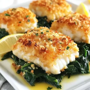- 4 cod fillets (approximately 6 oz each) - 1 cup panko breadcrumbs - ½ cup freshly grated Parmesan cheese - ¼ cup fresh parsley, finely chopped - 2 garlic cloves, minced - 1 teaspoon lemon zest (zest of one lemon) The cod fillets serve as the star of this dish. They are mild and flaky, making them perfect for the crunchy topping. Panko breadcrumbs add a light and crispy texture that pairs well with the fish. Freshly grated Parmesan cheese gives a rich, nutty flavor that elevates this meal. Chopped parsley and minced garlic add a touch of freshness and zest to the crust. Finally, lemon zest brightens up the dish, adding a hint of citrus. - ¼ cup mayonnaise - 2 tablespoons Dijon mustard - 1 tablespoon olive oil, plus more for drizzling - ½ teaspoon smoked paprika - Salt and freshly ground black pepper, to taste Mayonnaise and Dijon mustard create a creamy base that helps the breadcrumbs stick. Olive oil adds richness and helps the crust turn golden brown. Smoked paprika gives a warm, smoky flavor that enhances the dish. Salt and pepper are key for seasoning, bringing out all the delicious tastes. {{ingredient_image_2}} - Preheat your oven to 425&deg;F (220&deg;C). This step is key for a crispy crust. - In a large bowl, mix the dry ingredients: panko breadcrumbs, Parmesan, parsley, garlic, lemon zest, smoked paprika, salt, and pepper. Stir until well combined. - Pat the cod fillets dry with paper towels. This helps the coating stick better. - Season both sides of the fillets with salt and freshly ground black pepper. - In a separate bowl, whisk the mayonnaise and Dijon mustard until smooth. - Spread a thin layer of the mayonnaise mixture over each cod fillet. - Generously press the breadcrumb mixture onto the mayonnaise-coated side of each fillet. Ensure they are well covered. - Place the coated cod fillets on a parchment-lined baking sheet. Give them space to cook evenly. - Bake in the preheated oven for 12-15 minutes. The fish should be opaque and flaky, and the crust golden. - Remove the cod from the oven and let it rest for a couple of minutes before serving. This keeps it moist and tasty. To get that golden, crispy crust, start by patting your cod fillets dry. Moisture will ruin your crust. Drying helps the breadcrumbs stick well. After drying, season both sides of the fillets with salt and pepper. You want to enhance the fish's natural taste. For extra flavor, consider adding herbs like thyme or dill. These herbs mix well with cod. You can also try a dash of cayenne pepper for heat. Drizzle high-quality olive oil on top before baking. It adds richness and helps the crust turn golden. For a beautiful plate, serve the cod on a bed of saut&eacute;ed spinach. The vibrant green contrasts well with the golden crust. Add lemon wedges on the side for color and freshness. A drizzle of olive oil over the dish brings it all together. Think of your plate as a canvas! Pro Tips Use Fresh Ingredients: Fresh cod and high-quality Parmesan cheese make a significant difference in flavor. Always opt for fresh over frozen if possible. Adjust the Crust: Feel free to customize the breadcrumb topping by adding other seasonings or herbs, like thyme or oregano, for a unique twist. Check for Doneness: Cod is perfectly cooked when it flakes easily with a fork and is opaque throughout. Avoid overcooking to keep it moist. Let it Rest: Allow the cod to rest for a few minutes after baking. This helps the juices redistribute, ensuring a moist and flavorful fillet. {{image_4}} You can switch up the cheese for this dish. Try using Gruy&egrave;re or aged cheddar. Both add a rich flavor. You can even mix cheeses for a unique twist. Adding vegetables to the crust can boost nutrition. Consider mixing in finely chopped spinach or bell peppers. They add color and taste without much fuss. If you need a gluten-free option, use crushed rice cereal instead of panko. It gives a nice crunch. For a lighter touch, swap Greek yogurt for mayonnaise. It keeps the moisture while cutting fat. Plus, it adds protein. Air frying is a great option if you want a crisp crust with less oil. Cook at 400&deg;F for about 10 minutes. Grilling offers a fun outdoor choice. Use a grill mat to keep the cod intact. You&rsquo;ll get a smoky flavor that pairs well with the cheese. After you enjoy your Parmesan crusted cod, let the leftovers cool. This helps keep the fish fresh. Store the cod in an airtight container. Glass or plastic containers work well. Make sure to seal it tightly to avoid moisture. You can keep it in the fridge for up to three days. When it's time to eat leftovers, you want the crust to stay crispy. The oven is the best choice for reheating. Preheat it to 350&deg;F (175&deg;C). Place the cod on a baking sheet. Heat for about 10-15 minutes. This keeps the crust crunchy. If you're in a hurry, you can use the microwave. However, the crust may get soft. To prevent this, heat the cod on a microwave-safe plate. Use a paper towel to cover it. This can help keep the moisture in check. Enjoy your cod again with its tasty crust! Cod is a top choice for this recipe. It has a mild taste and firm texture. If you want alternatives, try these: - Haddock - Tilapia - Pollock These fish will also work well with the Parmesan crust. They&rsquo;ll give you a similar flaky and tender bite. Yes, you can prep this dish in advance. Follow these steps: 1. Prepare the cod as instructed, but do not bake it. 2. Cover the coated fillets with plastic wrap. 3. Refrigerate for up to 24 hours. For freezing, wrap each fillet tightly in foil. You can freeze for up to three months. Just thaw in the fridge before baking. Pair your cod with these tasty sides: - Roasted vegetables - Garlic mashed potatoes - Saut&eacute;ed spinach These sides complement the flavors of the cod well. Add a lemon wedge on the plate for a fresh touch. Enjoy your meal! Parmesan crusted cod is a simple, tasty dish you can enjoy any time. We explored the main ingredients, seasoning options, and step-by-step instructions for baking the perfect cod. I shared tips for achieving that golden crust and ways to enhance flavors. Variations let you customize your meal, while smart storage tips keep leftovers fresh. Remember, cooking is about creativity and fun. Try out these ideas to make your next meal delicious and exciting. Enjoy your cooking adventure!