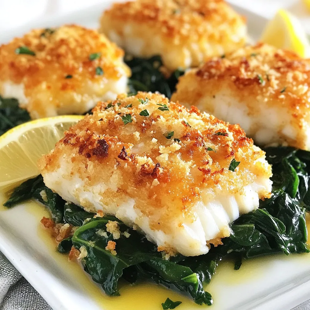 - 4 cod fillets (approximately 6 oz each) - 1 cup panko breadcrumbs - ½ cup freshly grated Parmesan cheese - ¼ cup fresh parsley, finely chopped - 2 garlic cloves, minced - 1 teaspoon lemon zest (zest of one lemon) The cod fillets serve as the star of this dish. They are mild and flaky, making them perfect for the crunchy topping. Panko breadcrumbs add a light and crispy texture that pairs well with the fish. Freshly grated Parmesan cheese gives a rich, nutty flavor that elevates this meal. Chopped parsley and minced garlic add a touch of freshness and zest to the crust. Finally, lemon zest brightens up the dish, adding a hint of citrus. - ¼ cup mayonnaise - 2 tablespoons Dijon mustard - 1 tablespoon olive oil, plus more for drizzling - ½ teaspoon smoked paprika - Salt and freshly ground black pepper, to taste Mayonnaise and Dijon mustard create a creamy base that helps the breadcrumbs stick. Olive oil adds richness and helps the crust turn golden brown. Smoked paprika gives a warm, smoky flavor that enhances the dish. Salt and pepper are key for seasoning, bringing out all the delicious tastes. {{ingredient_image_2}} - Preheat your oven to 425&deg;F (220&deg;C). This step is key for a crispy crust. - In a large bowl, mix the dry ingredients: panko breadcrumbs, Parmesan, parsley, garlic, lemon zest, smoked paprika, salt, and pepper. Stir until well combined. - Pat the cod fillets dry with paper towels. This helps the coating stick better. - Season both sides of the fillets with salt and freshly ground black pepper. - In a separate bowl, whisk the mayonnaise and Dijon mustard until smooth. - Spread a thin layer of the mayonnaise mixture over each cod fillet. - Generously press the breadcrumb mixture onto the mayonnaise-coated side of each fillet. Ensure they are well covered. - Place the coated cod fillets on a parchment-lined baking sheet. Give them space to cook evenly. - Bake in the preheated oven for 12-15 minutes. The fish should be opaque and flaky, and the crust golden. - Remove the cod from the oven and let it rest for a couple of minutes before serving. This keeps it moist and tasty. To get that golden, crispy crust, start by patting your cod fillets dry. Moisture will ruin your crust. Drying helps the breadcrumbs stick well. After drying, season both sides of the fillets with salt and pepper. You want to enhance the fish's natural taste. For extra flavor, consider adding herbs like thyme or dill. These herbs mix well with cod. You can also try a dash of cayenne pepper for heat. Drizzle high-quality olive oil on top before baking. It adds richness and helps the crust turn golden. For a beautiful plate, serve the cod on a bed of saut&eacute;ed spinach. The vibrant green contrasts well with the golden crust. Add lemon wedges on the side for color and freshness. A drizzle of olive oil over the dish brings it all together. Think of your plate as a canvas! Pro Tips Use Fresh Ingredients: Fresh cod and high-quality Parmesan cheese make a significant difference in flavor. Always opt for fresh over frozen if possible. Adjust the Crust: Feel free to customize the breadcrumb topping by adding other seasonings or herbs, like thyme or oregano, for a unique twist. Check for Doneness: Cod is perfectly cooked when it flakes easily with a fork and is opaque throughout. Avoid overcooking to keep it moist. Let it Rest: Allow the cod to rest for a few minutes after baking. This helps the juices redistribute, ensuring a moist and flavorful fillet. {{image_4}} You can switch up the cheese for this dish. Try using Gruy&egrave;re or aged cheddar. Both add a rich flavor. You can even mix cheeses for a unique twist. Adding vegetables to the crust can boost nutrition. Consider mixing in finely chopped spinach or bell peppers. They add color and taste without much fuss. If you need a gluten-free option, use crushed rice cereal instead of panko. It gives a nice crunch. For a lighter touch, swap Greek yogurt for mayonnaise. It keeps the moisture while cutting fat. Plus, it adds protein. Air frying is a great option if you want a crisp crust with less oil. Cook at 400&deg;F for about 10 minutes. Grilling offers a fun outdoor choice. Use a grill mat to keep the cod intact. You&rsquo;ll get a smoky flavor that pairs well with the cheese. After you enjoy your Parmesan crusted cod, let the leftovers cool. This helps keep the fish fresh. Store the cod in an airtight container. Glass or plastic containers work well. Make sure to seal it tightly to avoid moisture. You can keep it in the fridge for up to three days. When it's time to eat leftovers, you want the crust to stay crispy. The oven is the best choice for reheating. Preheat it to 350&deg;F (175&deg;C). Place the cod on a baking sheet. Heat for about 10-15 minutes. This keeps the crust crunchy. If you're in a hurry, you can use the microwave. However, the crust may get soft. To prevent this, heat the cod on a microwave-safe plate. Use a paper towel to cover it. This can help keep the moisture in check. Enjoy your cod again with its tasty crust! Cod is a top choice for this recipe. It has a mild taste and firm texture. If you want alternatives, try these: - Haddock - Tilapia - Pollock These fish will also work well with the Parmesan crust. They&rsquo;ll give you a similar flaky and tender bite. Yes, you can prep this dish in advance. Follow these steps: 1. Prepare the cod as instructed, but do not bake it. 2. Cover the coated fillets with plastic wrap. 3. Refrigerate for up to 24 hours. For freezing, wrap each fillet tightly in foil. You can freeze for up to three months. Just thaw in the fridge before baking. Pair your cod with these tasty sides: - Roasted vegetables - Garlic mashed potatoes - Saut&eacute;ed spinach These sides complement the flavors of the cod well. Add a lemon wedge on the plate for a fresh touch. Enjoy your meal! Parmesan crusted cod is a simple, tasty dish you can enjoy any time. We explored the main ingredients, seasoning options, and step-by-step instructions for baking the perfect cod. I shared tips for achieving that golden crust and ways to enhance flavors. Variations let you customize your meal, while smart storage tips keep leftovers fresh. Remember, cooking is about creativity and fun. Try out these ideas to make your next meal delicious and exciting. Enjoy your cooking adventure!