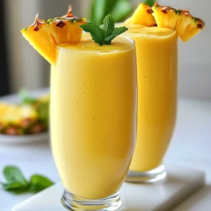 - 1 ripe mango, peeled and diced - 1 cup fresh pineapple chunks - 1 banana, sliced - 1 cup coconut milk (or any milk of your choice) - 1 tablespoon honey or maple syrup (optional) - 1 tablespoon chia seeds (optional) - 1 cup ice cubes To make a tasty Mango Pineapple Smoothie, you need fresh fruit. Each fruit adds a special flavor. Start with a ripe mango. It should feel soft when you press it gently. Diced mango gives sweetness. Fresh pineapple chunks add a tangy kick. Always choose ripe pineapple for the best taste. Next, add a banana. Bananas provide creaminess and natural sweetness. You can use any milk you like. Coconut milk adds a tropical vibe. If you want it sweeter, add honey or maple syrup. For extra nutrition, toss in chia seeds. They have a good crunch and healthy fats. Finally, ice cubes make your smoothie cold and refreshing. - Fresh pineapple slice - Sprig of mint - Toasted coconut flakes - Mixed berries Garnishes can make your drink look and taste even better. A fresh pineapple slice on the rim looks pretty. A sprig of mint adds a pop of green. You can sprinkle toasted coconut flakes on top for crunch. Mixed berries are also great for color and flavor. These little touches make your smoothie feel special. {{ingredient_image_2}} How to dice a mango To dice a ripe mango, first peel it. Use a sharp knife to cut the mango around the pit. Slice the fruit into long strips. Then, make crosswise cuts to create cubes. Finally, scoop out the cubes with a spoon. Chopping pineapple and banana For the pineapple, cut off the top and bottom. Stand it upright and slice the skin off. Cut the fruit into chunks. For the banana, simply peel it and slice it into small pieces. Both fruits will add great flavor to your smoothie. Order of ingredients in the blender Start by placing the diced mango in the blender. Next, add the pineapple chunks and banana slices. Pour in the coconut milk for creaminess. If you want a sweeter taste, add honey or maple syrup now. Don't forget to sprinkle in the chia seeds for nutrition. Finish with the ice cubes for a refreshing chill. Optimal blending time for a smooth consistency Blend on high for about 30 seconds. Stop and check the mixture. If you see any chunks, blend for another 10 seconds. You want a smooth and creamy texture. Once done, taste it. Add more sweetness if you like before serving. Serving in chilled glasses Pour the smoothie into tall, chilled glasses. This keeps it cold and refreshing. It looks great, too! Garnishing ideas for visual appeal To make your smoothie pop, add a slice of fresh pineapple on the rim. You can also use a sprig of mint for a touch of green. For an extra fun look, sprinkle some toasted coconut on top. It enhances both the taste and the beauty of your drink. To make your Mango Pineapple Smoothie sweet, adjust the honey or maple syrup. If you want less sugar, use ripe fruits instead. They add natural sweetness. You can also try agave syrup or stevia as alternatives. These options work well and keep it healthy. Do you like a thicker smoothie? Add more fruit or less milk. For a thinner smoothie, add more milk or ice. Ice gives it a refreshing chill. Start with one cup and add more if needed. Blend until smooth, ensuring no chunks remain. Adding superfoods can enhance your smoothie. Try adding spinach for vitamins or protein powder for extra fuel. Chia seeds are great too! They add fiber and omega-3s. Just one tablespoon packs a punch. Mixing these in helps boost your health and keeps you full longer. Pro Tips Choose Ripe Fruits: Ensure your mango and pineapple are ripe for the best flavor and sweetness. A ripe mango should yield slightly to pressure and have a sweet aroma. Chill Your Ingredients: For an extra frosty smoothie, chill your fruits and coconut milk beforehand. This will enhance the refreshing quality of your drink. Blend in Stages: If your blender isn&rsquo;t powerful, blend the fruits first, then add the liquids and ice. This helps achieve a smoother consistency. Experiment with Add-ins: Feel free to customize your smoothie by adding spinach for greens, protein powder for a boost, or even a splash of lime juice for a zesty kick. {{image_4}} You can change up your mango pineapple smoothie with other fruits. Try adding passion fruit for a tangy twist. You can also mix in some papaya for a sweet touch. Using different types of milk can also change the flavor. Almond milk brings a nutty taste, while oat milk adds creaminess. Coconut milk is great for a tropical vibe. If you want to keep it vegan, use plant-based milk. Almond milk or soy milk works well. You can also try oat milk for a smooth texture. If you want sweetness without honey, use maple syrup or agave. These options keep your smoothie tasty and healthy. You can easily make a green version of this smoothie. Just add a handful of spinach or kale. This boosts the nutrients without changing the flavor much. Greens add vitamins and minerals that are great for your health. They also help you feel full longer. You can keep your mango pineapple smoothie in the fridge for up to two days. After blending, pour it into an airtight container. This helps keep it fresh. If you notice separation, just give it a good shake before drinking. To enjoy later, store any extra smoothie in smaller jars. This makes it easy to grab a quick snack. Freezing your smoothie is a great way to save it for later. Pour the smoothie into ice cube trays or silicone molds. Once frozen, pop out the cubes and store them in a freezer bag. When you want to enjoy it again, just blend the frozen cubes with a bit of coconut milk. This will give you a creamy, icy treat. If it's too thick, add more milk to get your desired consistency. This smoothie recipe makes two servings. Each serving is perfect for a refreshing drink. You can share with a friend or enjoy both yourself! Yes, you can use frozen fruit! Frozen mango and pineapple are great options. They add a thick, creamy texture. You may need to add a bit more liquid since frozen fruit can be drier. Just blend it well until smooth. A mango pineapple smoothie is packed with nutrients. Mangos are rich in vitamins A and C. They support your immune system and skin health. Pineapples contain bromelain, which helps with digestion. Bananas add potassium, which is good for your heart. Coconut milk provides healthy fats, making this smoothie a nutritious choice. You can prepare the ingredients in advance. Chop the mango, pineapple, and banana and store them in the fridge. Blend the smoothie when you are ready to drink. If you want to keep it fresh, store it in an airtight container in the fridge for up to one day. Enjoying a mango pineapple smoothie is simple and fun. You learned about essential ingredients and how to blend them. I shared tips for sweetening, thickening, and adding nutrition. Explore variations to suit your taste, and store leftovers wisely. This smoothie is a tasty way to boost your health. Try it out and refresh your routine!