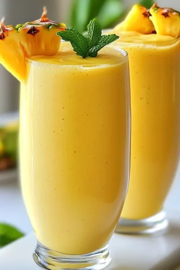 - 1 ripe mango, peeled and diced - 1 cup fresh pineapple chunks - 1 banana, sliced - 1 cup coconut milk (or any milk of your choice) - 1 tablespoon honey or maple syrup (optional) - 1 tablespoon chia seeds (optional) - 1 cup ice cubes To make a tasty Mango Pineapple Smoothie, you need fresh fruit. Each fruit adds a special flavor. Start with a ripe mango. It should feel soft when you press it gently. Diced mango gives sweetness. Fresh pineapple chunks add a tangy kick. Always choose ripe pineapple for the best taste. Next, add a banana. Bananas provide creaminess and natural sweetness. You can use any milk you like. Coconut milk adds a tropical vibe. If you want it sweeter, add honey or maple syrup. For extra nutrition, toss in chia seeds. They have a good crunch and healthy fats. Finally, ice cubes make your smoothie cold and refreshing. - Fresh pineapple slice - Sprig of mint - Toasted coconut flakes - Mixed berries Garnishes can make your drink look and taste even better. A fresh pineapple slice on the rim looks pretty. A sprig of mint adds a pop of green. You can sprinkle toasted coconut flakes on top for crunch. Mixed berries are also great for color and flavor. These little touches make your smoothie feel special. {{ingredient_image_2}} How to dice a mango To dice a ripe mango, first peel it. Use a sharp knife to cut the mango around the pit. Slice the fruit into long strips. Then, make crosswise cuts to create cubes. Finally, scoop out the cubes with a spoon. Chopping pineapple and banana For the pineapple, cut off the top and bottom. Stand it upright and slice the skin off. Cut the fruit into chunks. For the banana, simply peel it and slice it into small pieces. Both fruits will add great flavor to your smoothie. Order of ingredients in the blender Start by placing the diced mango in the blender. Next, add the pineapple chunks and banana slices. Pour in the coconut milk for creaminess. If you want a sweeter taste, add honey or maple syrup now. Don't forget to sprinkle in the chia seeds for nutrition. Finish with the ice cubes for a refreshing chill. Optimal blending time for a smooth consistency Blend on high for about 30 seconds. Stop and check the mixture. If you see any chunks, blend for another 10 seconds. You want a smooth and creamy texture. Once done, taste it. Add more sweetness if you like before serving. Serving in chilled glasses Pour the smoothie into tall, chilled glasses. This keeps it cold and refreshing. It looks great, too! Garnishing ideas for visual appeal To make your smoothie pop, add a slice of fresh pineapple on the rim. You can also use a sprig of mint for a touch of green. For an extra fun look, sprinkle some toasted coconut on top. It enhances both the taste and the beauty of your drink. To make your Mango Pineapple Smoothie sweet, adjust the honey or maple syrup. If you want less sugar, use ripe fruits instead. They add natural sweetness. You can also try agave syrup or stevia as alternatives. These options work well and keep it healthy. Do you like a thicker smoothie? Add more fruit or less milk. For a thinner smoothie, add more milk or ice. Ice gives it a refreshing chill. Start with one cup and add more if needed. Blend until smooth, ensuring no chunks remain. Adding superfoods can enhance your smoothie. Try adding spinach for vitamins or protein powder for extra fuel. Chia seeds are great too! They add fiber and omega-3s. Just one tablespoon packs a punch. Mixing these in helps boost your health and keeps you full longer. Pro Tips Choose Ripe Fruits: Ensure your mango and pineapple are ripe for the best flavor and sweetness. A ripe mango should yield slightly to pressure and have a sweet aroma. Chill Your Ingredients: For an extra frosty smoothie, chill your fruits and coconut milk beforehand. This will enhance the refreshing quality of your drink. Blend in Stages: If your blender isn&rsquo;t powerful, blend the fruits first, then add the liquids and ice. This helps achieve a smoother consistency. Experiment with Add-ins: Feel free to customize your smoothie by adding spinach for greens, protein powder for a boost, or even a splash of lime juice for a zesty kick. {{image_4}} You can change up your mango pineapple smoothie with other fruits. Try adding passion fruit for a tangy twist. You can also mix in some papaya for a sweet touch. Using different types of milk can also change the flavor. Almond milk brings a nutty taste, while oat milk adds creaminess. Coconut milk is great for a tropical vibe. If you want to keep it vegan, use plant-based milk. Almond milk or soy milk works well. You can also try oat milk for a smooth texture. If you want sweetness without honey, use maple syrup or agave. These options keep your smoothie tasty and healthy. You can easily make a green version of this smoothie. Just add a handful of spinach or kale. This boosts the nutrients without changing the flavor much. Greens add vitamins and minerals that are great for your health. They also help you feel full longer. You can keep your mango pineapple smoothie in the fridge for up to two days. After blending, pour it into an airtight container. This helps keep it fresh. If you notice separation, just give it a good shake before drinking. To enjoy later, store any extra smoothie in smaller jars. This makes it easy to grab a quick snack. Freezing your smoothie is a great way to save it for later. Pour the smoothie into ice cube trays or silicone molds. Once frozen, pop out the cubes and store them in a freezer bag. When you want to enjoy it again, just blend the frozen cubes with a bit of coconut milk. This will give you a creamy, icy treat. If it's too thick, add more milk to get your desired consistency. This smoothie recipe makes two servings. Each serving is perfect for a refreshing drink. You can share with a friend or enjoy both yourself! Yes, you can use frozen fruit! Frozen mango and pineapple are great options. They add a thick, creamy texture. You may need to add a bit more liquid since frozen fruit can be drier. Just blend it well until smooth. A mango pineapple smoothie is packed with nutrients. Mangos are rich in vitamins A and C. They support your immune system and skin health. Pineapples contain bromelain, which helps with digestion. Bananas add potassium, which is good for your heart. Coconut milk provides healthy fats, making this smoothie a nutritious choice. You can prepare the ingredients in advance. Chop the mango, pineapple, and banana and store them in the fridge. Blend the smoothie when you are ready to drink. If you want to keep it fresh, store it in an airtight container in the fridge for up to one day. Enjoying a mango pineapple smoothie is simple and fun. You learned about essential ingredients and how to blend them. I shared tips for sweetening, thickening, and adding nutrition. Explore variations to suit your taste, and store leftovers wisely. This smoothie is a tasty way to boost your health. Try it out and refresh your routine!