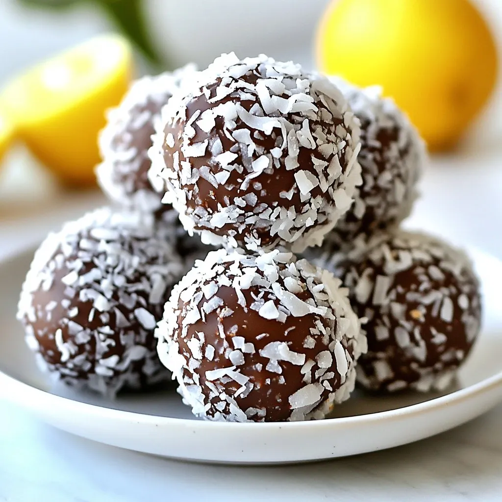 To make Chocolate Coconut Snowball Truffles, you need: - 1 cup desiccated coconut (plus extra for coating) - ½ cup almond flour - ½ cup unsweetened cocoa powder - ¼ cup maple syrup - 2 tablespoons coconut oil, melted - 1 teaspoon vanilla extract - A pinch of salt - ½ cup dark chocolate chips (ensure dairy-free if necessary) These ingredients blend well to create a rich and tasty treat. You can play with the recipe by adding some optional ingredients: - A dash of cinnamon for warmth - Chopped nuts for crunch - Dried fruit for sweetness - A splash of coffee for depth These small changes can really boost the flavor. If you need to swap ingredients, here are some ideas: - Use shredded coconut instead of desiccated coconut for a different texture. - Swap almond flour with oat flour or regular flour if needed. - Replace maple syrup with honey or agave syrup for sweetness. - Use coconut butter instead of coconut oil for a creamier taste. These substitutions help you make the truffles work for your needs. {{ingredient_image_2}} First, gather your ingredients. In a large bowl, combine the desiccated coconut, almond flour, cocoa powder, maple syrup, melted coconut oil, vanilla extract, and a pinch of salt. Use a spatula or your hands to mix everything together. You want the dough to be sticky and well combined. This step is key for great flavor and texture. Now it's time to shape the truffles. Take small portions of the dough and roll them into balls. Aim for about 1 inch in diameter. Place each ball on a baking sheet lined with parchment paper. Make sure to leave space between them. This helps them keep their shape as they chill. While the truffles chill in the freezer, let&rsquo;s melt the dark chocolate chips. Use a microwave-safe bowl for this. Heat the chocolate in 30-second intervals. Stir well after each interval until it&rsquo;s fully melted and smooth. Be patient! This step is important for a nice, glossy finish on your truffles. To get the right texture, make sure to mix your ingredients well. Use your hands or a spatula to combine the coconut, almond flour, cocoa powder, maple syrup, melted coconut oil, vanilla, and salt. You want a sticky dough that holds together. If it feels too dry, add a tiny bit more syrup or coconut oil. If it's too wet, a bit more almond flour will help. When melting chocolate, use a microwave-safe bowl. Heat the chocolate in 30-second bursts. Stir it well after each round. This method helps prevent burning. If you don't have a microwave, you can melt chocolate on the stove using a double boiler. Just be careful not to let water touch the chocolate. For a beautiful presentation, serve your truffles in small cups or on a pretty platter. You can sprinkle additional coconut flakes around them for a decorative touch. Use colorful plates to make the truffles pop. They look great at parties or as gifts. Don&rsquo;t forget, the first bite is always the best! Pro Tips Use Fresh Coconut: If possible, use fresh coconut instead of desiccated for a more intense flavor and better texture. Chill the Chocolate: Ensure the melted chocolate is not too hot, as it can cause the truffle balls to melt when dipped. Customize Flavors: Experiment with different extracts like almond or orange to create unique flavor profiles for your truffles. Store Properly: Keep the truffles in an airtight container in the refrigerator to maintain their freshness and texture. {{image_4}} You can easily change the taste of your Chocolate Coconut Snowball Truffles. Try adding a few drops of peppermint extract for a minty twist. You can also mix in citrus zest, like orange or lemon, for a refreshing flavor. Want a nutty touch? Add chopped nuts or nut butter into the dough. Each addition can give you a new flavor experience. Making these truffles vegan or dairy-free is simple. First, use dairy-free dark chocolate chips. They taste just as rich and chocolatey. Replace maple syrup with agave syrup to keep it vegan. You can also use coconut cream instead of regular cream if you want a different texture. This way, everyone can enjoy these tasty treats. The fun doesn't stop with just coconut coating. You can roll your truffles in crushed nuts, like almonds or hazelnuts, for added crunch. If you want something sweeter, try using sprinkles or ground graham crackers. For a more indulgent experience, you can dip them in white chocolate before coating them. Each coating changes the look and taste of your truffles, making them unique every time. To keep your Chocolate Coconut Snowball Truffles fresh, place them in an airtight container. You can layer them with parchment paper to avoid sticking. Store the container in the fridge for the best taste and texture. If you want to share these treats, a sealed box works well for gifting. You can freeze the truffles if you want to save some for later. First, place the truffles on a baking sheet in a single layer. Freeze them for about an hour until firm. Once frozen, transfer them to an airtight container or freezer bag. They can last up to three months in the freezer. When ready to enjoy, thaw them in the fridge overnight. Chocolate Coconut Snowball Truffles can last up to one week in the fridge. If you store them correctly, they will taste fresh and delicious. However, for the best flavor, try to eat them within the first few days. Enjoying them soon after making them is always the best option! Yes, you can make these truffles ahead of time. They store well in the fridge for up to one week. Just keep them in an airtight container. If you want them to last longer, you can freeze them. This way, you can enjoy them anytime. Just thaw in the fridge before serving. The best way to melt chocolate is by using a microwave. Place the dark chocolate chips in a microwave-safe bowl. Heat them in 30-second bursts. Stir well between each burst. This helps to avoid burning the chocolate. You can also melt chocolate on the stove with a double boiler. Just be sure to keep the heat low and stir often. To make these truffles healthier, consider these swaps: - Use unsweetened cocoa powder instead of sweetened ones. - You can replace maple syrup with a lower-calorie sweetener like stevia. - Try using coconut flour instead of almond flour for fewer carbs. - Add nuts or seeds for extra crunch and nutrition. These changes can help cut calories while keeping the flavor. In this guide, we explored the ingredients and steps to make chocolate coconut snowball truffles. We discussed mixing and shaping the dough, along with melting chocolate perfectly. You learned useful tips for texture and presentation. We also shared variations for flavor and storage tips to keep your treats fresh. These truffles are fun to make and share with friends. Enjoy trying different flavors and coatings to find your favorite!