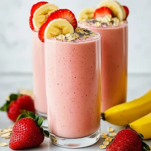 - 1 cup fresh strawberries, hulled and coarsely chopped - 1 ripe banana, sliced into rounds - ½ cup rolled oats - 1 cup almond milk (or milk of choice) - 1 tablespoon honey or maple syrup (optional) - ½ teaspoon pure vanilla extract - 1 tablespoon chia seeds (optional) - Ice cubes (optional) Each ingredient in this smoothie serves a purpose. Fresh strawberries give a sweet and tangy flavor. The banana adds natural creaminess and sweetness. Rolled oats provide fiber and help keep you full. Almond milk makes the drink smooth and light. If you want extra sweetness, honey or maple syrup works well. The vanilla extract boosts the flavor. Chia seeds add nutrients, like omega-3s, while ice cubes can make the smoothie cold and refreshing. Using fresh ingredients ensures the best taste. You can mix and match these items based on what you have at home. Create a delicious drink that suits your taste! {{ingredient_image_2}} To make your Strawberry Banana Oat Smoothie, start with the base. First, blend 1 cup of fresh strawberries and 1 ripe banana sliced into rounds. Add ½ cup of rolled oats to the blender. This mix gives your smoothie a hearty texture. Next, pour in 1 cup of almond milk. This keeps the smoothie creamy without dairy. If you like it sweeter, add 1 tablespoon of honey or maple syrup. A dash of ½ teaspoon of pure vanilla extract adds a lovely aroma. If you want to boost nutrition, toss in 1 tablespoon of chia seeds. They are tiny but pack a punch! For a chillier smoothie, add a few ice cubes. This will make it refreshing. Blend your mix on high speed till it&rsquo;s smooth and creamy. Keep an eye on the consistency; it should be thick but pourable. If it&rsquo;s too thick, add a splash more almond milk. After blending, taste your smoothie. If you want it sweeter, add more honey or syrup. Blend again to mix it well. Once your smoothie is ready, pour it into tall glasses. This makes it look fancy! For a fun touch, garnish with a slice of fresh strawberry or banana on the rim. Sprinkle a few extra rolled oats or chia seeds on top for texture. Enjoy your delicious drink! - Choosing ripe bananas and fresh strawberries: Always pick bananas that are yellow with a few brown spots. This means they are sweet and ready to use. For strawberries, look for bright red color and firm texture. They should smell sweet and fresh. Avoid any that are mushy or have dark spots. - Types of oats for the smoothie: Rolled oats work best for this smoothie. They blend well and add a creamy texture. Quick oats can also be used, but they may make the smoothie too thick. Steel-cut oats are not ideal since they need cooking before blending. - Tips for a creamier consistency: To make your smoothie creamier, use chilled almond milk. You can also add more banana or a spoonful of nut butter. This adds richness and helps create a smooth blend. - Experimenting with spices like cinnamon: Adding a pinch of cinnamon can elevate the flavor. It pairs well with banana and gives a warm taste. You can also try a dash of nutmeg for a unique twist. - Adding protein powder or yogurt: To turn your smoothie into a meal, add a scoop of protein powder. Greek yogurt is another great option. Both options boost protein content, which keeps you full longer. - Benefits of including healthy fats: Adding a tablespoon of nut butter or avocado will add healthy fats. This not only helps with keeping you satisfied but also adds extra creaminess. Healthy fats are key for energy and overall health. Pro Tips Choose Ripe Fruits: Make sure to select ripe strawberries and bananas for the best flavor and sweetness in your smoothie. Opt for Creamy Texture: For an even creamier smoothie, consider using frozen bananas instead of fresh ones, which also adds a delightful chill. Boost Nutritional Value: Adding spinach or kale can enhance the nutritional profile without compromising the taste, making it a great green smoothie. Experiment with Flavors: Don't hesitate to mix in other fruits like blueberries or mango for a unique twist to your smoothie. {{image_4}} To make this smoothie dairy-free, use alternative milks like oat, soy, or coconut. Each of these options brings its own unique flavor. For sweetness, try agave or stevia instead of honey or maple syrup. These natural sweeteners keep your smoothie vegan while adding a nice touch of sweetness. Want to boost the nutrients? Toss in spinach or kale! These greens blend well and won&rsquo;t overpower the taste. To balance the flavors, add a splash of citrus juice, like lemon or lime. This adds a zesty kick that brightens the whole drink. Switch up the fruits based on the season. In summer, try ripe mango or juicy blueberries. These fruits add a fun twist and change the flavor. Adjust the recipe according to what&rsquo;s fresh and in season. This keeps your smoothie exciting all year round! To store your smoothie, pour it into a jar or a sealed container. This keeps it fresh. Always place it in the fridge right after you make it. You can keep a smoothie for up to 24 hours. After that, its taste may change. If you notice separation, just shake or stir it before drinking. If you want to save your smoothie for later, freezing is a great choice. Pour your smoothie into ice cube trays or freezer-safe containers. This makes it easy to enjoy later. Make sure to leave some space at the top of the container. Smoothies expand when frozen. To thaw your frozen smoothie, place it in the fridge overnight. This keeps it cold and tasty. If you need it quicker, set the container in warm water. Once thawed, blend it again for a smooth texture. If it seems too thick, add a splash of milk to bring it back to life. Enjoy your smoothie just like fresh! A Strawberry Banana Oat Smoothie is not just tasty; it is also healthy. One serving has about 250 calories. It contains 5 grams of protein, 6 grams of fat, and 47 grams of carbs. The oats give you fiber, while the fruits add vitamins and minerals. This smoothie is a great way to start your day! Yes, you can make this smoothie ahead of time. I recommend preparing it no more than 24 hours in advance. Store it in a sealed jar in the fridge. When you are ready to drink it, shake it up or blend it again for a smooth texture. Absolutely! Kids love the sweet taste of strawberries and bananas. This smoothie is full of vitamins and energy. It is a fun way to get kids to eat fruits and oats. They will enjoy it, and you can feel good about serving it. To make the smoothie sugar-free, skip the honey or maple syrup. Use ripe bananas for natural sweetness. You can also add a splash of vanilla extract for extra flavor. Another option is to use a sugar substitute like stevia or monk fruit sweetener. This blog post covered how to make a tasty Strawberry Banana Oat Smoothie. We discussed all the ingredients and provided easy steps to prepare and blend. Tips and tricks helped you choose the best fruits and make it creamy. We explored fun variations, storage info, and answered common questions. In summary, this smoothie is healthy, easy, and versatile. Enjoy experimenting with different flavors and find what you love!
