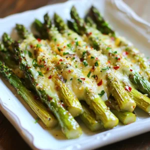 - 1 pound fresh asparagus, ends trimmed - 4 cloves garlic, finely minced - 2 tablespoons extra virgin olive oil - ¼ cup freshly grated Parmesan cheese - ½ teaspoon red pepper flakes (optional for heat) - Sea salt and black pepper to taste - Zest of 1 medium lemon - Fresh parsley, for garnish To make Roasted Garlic Parmesan Asparagus, you need simple, fresh ingredients. Fresh asparagus is the star here. Look for bright green stalks without any brown spots. The garlic adds a strong, savory taste. Mince it finely to spread the flavor well. Extra virgin olive oil gives a rich, smooth base. Parmesan cheese brings a nice salty, nutty flavor. Use freshly grated cheese for the best taste and melt. The red pepper flakes are optional. They add a bit of heat if you like it spicy. Season the dish with sea salt and black pepper. This brings out the natural flavors of the asparagus. Zest a lemon to add brightness and freshness. Finally, fresh parsley adds color and a hint of herb flavor. These ingredients work together to create a tasty side dish that pairs well with many meals. {{ingredient_image_2}} - Preheat the oven to 400&deg;F (200&deg;C). This step helps the asparagus cook evenly. - Trim the ends of the asparagus to remove the tough parts. Arrange the asparagus on a baking sheet lined with parchment paper. This makes cleanup easy. - Drizzle two tablespoons of extra virgin olive oil over the asparagus. - Add four cloves of finely minced garlic. The garlic adds a rich flavor. - Season with half a teaspoon of red pepper flakes, sea salt, and freshly ground black pepper. If you like heat, use the red pepper flakes. - Toss the asparagus gently to coat each piece with the oil and seasonings. - Spread the asparagus in a single layer on the baking sheet. This ensures they roast properly. - Place the baking sheet in the oven and roast for 10-15 minutes. The asparagus should be tender but still have a slight crisp. - Remove the baking sheet from the oven. Immediately sprinkle a quarter cup of freshly grated Parmesan cheese over the hot asparagus. The heat will help it melt. - Return the baking sheet to the oven for an additional 3-5 minutes. Bake until the cheese is melted and bubbly. - Once done, zest one medium lemon over the asparagus. This adds a fresh and zesty kick. - Garnish with finely chopped fresh parsley to add color and flavor before serving. To get the best results when roasting asparagus, follow these tips: - Make sure to coat the asparagus well with olive oil. This helps it roast evenly. - Spread the asparagus out on the baking sheet. If you overcrowd, it will steam instead of roast. If you want to mix things up, try different cheeses. Asiago adds a nice sharpness, while Cheddar gives a rich flavor. For a dairy-free option, use nutritional yeast. It brings a cheesy taste without the milk. Roasted Garlic Parmesan Asparagus pairs well with many main dishes. Serve it with grilled chicken, steak, or fish. For a festive touch, arrange the asparagus on a platter. Add some extra lemon zest and parsley on top to make it pop. Pro Tips Choose Fresh Asparagus: Look for bright green, firm asparagus with tightly closed tips for the best flavor and texture. Even Roasting: Make sure the asparagus is arranged in a single layer to ensure even cooking and avoid steaming. Customize Your Cheese: Experiment with different cheeses like Pecorino Romano or Gruy&egrave;re for a unique twist on flavor. Add More Flavor: Consider adding a splash of balsamic vinegar or a sprinkle of lemon juice before serving for an extra zing. {{image_4}} You can change the taste of Roasted Garlic Parmesan Asparagus by adding herbs and spices. Try thyme or oregano for a fresh twist. These herbs enhance the natural flavors of asparagus. You can also add a pinch of smoked paprika for a hint of smokiness. Incorporating nuts adds a nice crunch. Try sliced almonds or chopped walnuts. Toast them lightly before adding for better flavor. The nutty taste pairs well with the garlic and cheese. If you want a different approach, try grilling or saut&eacute;ing. Grilling gives the asparagus a smoky flavor and good char marks. Toss the seasoned asparagus on the grill for about 5-7 minutes. Keep an eye on them to avoid burning. When saut&eacute;ing, use a skillet over medium heat. Add olive oil and toss the asparagus until tender. This method cooks them faster, so adjust your cooking time. You&rsquo;ll want to stir often to cook evenly. Both methods can bring out new flavors while keeping the dish healthy and tasty. To store leftover roasted garlic Parmesan asparagus, place it in an airtight container. This keeps the asparagus fresh and tasty. You can store it in the fridge for up to three days. If you want to freeze it, make sure it&rsquo;s completely cool first. Lay the asparagus flat on a baking sheet and freeze for about an hour. Once frozen, transfer it to a freezer bag. This way, it won&rsquo;t stick together. For the best results when reheating, the oven is your friend. Preheat it to 350&deg;F (175&deg;C). Spread the asparagus on a baking sheet and heat for about 10 minutes. This method keeps the texture nice and crisp. If you need a quick option, use the microwave. Place the asparagus on a microwave-safe plate. Heat in short bursts of 30 seconds until warm. However, this method may make it a bit soggy. Yes, you can use frozen asparagus. However, the texture will change. Frozen asparagus is softer and may not get as crisp as fresh. The flavor also differs. Fresh asparagus has a bright, grassy taste. Frozen asparagus can be a bit bland but works in a pinch. Look for a bright green color. The asparagus should be tender but still firm. A slight crispness is a good sign. You can also poke it with a fork. If it goes in easily, it's ready! Yes, you can prep this dish in advance. You can trim the asparagus and mix the garlic and oil the night before. Store them in the fridge. When you're ready, just roast them. If you have leftovers, keep them in an airtight container in the fridge. They are best eaten within a few days. Asparagus is a nutrient-rich vegetable. It is high in vitamins A, C, E, and K. It also has folate and fiber, which are great for digestion. Asparagus is low in calories, making it a healthy choice. Eating asparagus can help with heart health, promote healthy skin, and support your immune system. This blog post covered how to make delicious Roasted Garlic Parmesan Asparagus. We reviewed the key ingredients, step-by-step instructions, and helpful tips. You learned about flavor variations, cooking methods, and storage options to keep your asparagus fresh. As you try this recipe, remember to experiment with spices and cheese. Enjoy your cooking and the tasty results!