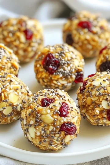 To make Almond Cranberry Energy Bites, gather these key ingredients: - 1 cup rolled oats - ½ cup almond butter - ⅓ cup honey or maple syrup - ½ cup dried cranberries, roughly chopped - ½ cup raw almonds, roughly chopped - ¼ cup chia seeds - 1 teaspoon pure vanilla extract - A pinch of sea salt Each ingredient plays a role in creating a tasty snack. Rolled oats give a hearty base, while almond butter adds creaminess. Honey or maple syrup brings natural sweetness. Dried cranberries add a chewy burst of flavor. Chopped raw almonds provide crunch, and chia seeds boost nutrition. Lastly, vanilla extract and sea salt enhance all the flavors. Feel free to mix and match some of these ingredients for a personal touch. You can swap almond butter for another nut butter if you like. Use different dried fruits or nuts as well. These small changes can make the bites uniquely yours! {{ingredient_image_2}} Start by mixing the dry ingredients. In a large bowl, combine: - 1 cup rolled oats - ½ cup dried cranberries, roughly chopped - ½ cup raw almonds, roughly chopped - ¼ cup chia seeds - A pinch of sea salt Stir these ingredients together well. Make sure they are evenly mixed. This step ensures a good balance of flavors in each bite. Next, prepare the wet mixture. In a smaller bowl, whisk together: - ½ cup almond butter - ⅓ cup honey or maple syrup (your choice) - 1 teaspoon pure vanilla extract Mix until it is smooth. This creamy blend will help bind the dry ingredients together. Now, it&rsquo;s time to combine everything. Pour the wet mixture over the dry mix. Stir with a spatula or spoon. Make sure every piece gets coated. To form the energy bites, use slightly damp hands. Scoop a tablespoon of the mix and compress it into a ball. If it feels sticky, dampen your hands again. Shape all the mixture into small balls. You should make about 12-15 bites, depending on how big you want them. Finally, chill the bites on a parchment-lined tray. Space them out well. Place them in the fridge for at least 30 minutes. This step helps them hold their shape. Enjoy them immediately or store in an airtight container for later! - Overmixing the ingredients: Mix just until combined. Overmixing can make the bites tough. You want a nice, soft texture. - Not chilling them long enough: Chilling is key. If you skip this step, the bites may fall apart. Aim for at least 30 minutes in the fridge. - Adding spices or extra ingredients: Spice things up! Consider adding a dash of cinnamon or nutmeg for warmth. You can also mix in some shredded coconut or seeds for crunch. - Adjusting sweetness to taste: Not all of us enjoy the same level of sweetness. Start with the recommended honey or maple syrup. Taste, then add more if you prefer a sweeter bite. - Ideas for plating and garnishing: Make your energy bites pop! Use a colorful plate to display them. Sprinkle extra chia seeds or chopped almonds on top for a fun look. Arrange them in a circle or stack them for height. Serve them as a snack or after workouts! Pro Tips Use Fresh Ingredients: Always opt for fresh cranberries and raw almonds for the best flavor and nutritional benefits in your energy bites. Customize Your Sweetener: Feel free to experiment with different sweeteners like agave nectar or coconut syrup to suit your taste preferences. Mix-in Variations: Add other ingredients like dark chocolate chips, shredded coconut, or pumpkin seeds to give your energy bites a unique twist. Perfect Storage: Store your energy bites in the fridge in an airtight container to maintain their freshness and chewy texture longer. {{image_4}} You can easily swap some ingredients to fit your needs. - Nut butter alternatives: If you can't use almond butter, try peanut or sunflower seed butter. Both add great flavor. - Dried fruit options: Instead of cranberries, use raisins, apricots, or cherries for a different taste and texture. - Sweetener alternatives: If you want to skip honey, maple syrup works well. You can also use agave nectar for a lighter option. Get creative with flavors to make these bites your own. - Chocolate chips: Add dark or milk chocolate chips for a sweet twist. They melt in your mouth and pair well with nuts. - Coconut flakes: Mix in unsweetened coconut flakes for a tropical vibe. They add chewiness and a hint of sweetness. You can modify this recipe to meet specific dietary needs. - Gluten-free modifications: Use gluten-free oats to keep your energy bites safe for those with gluten sensitivities. - Vegan options: Replace honey with maple syrup to make these bites vegan. It&rsquo;s a simple switch that still tastes great. Store your almond cranberry energy bites in airtight containers. This keeps them fresh and tasty. Make sure to use a container that seals well. It helps prevent moisture from getting in. For best results, put the container in the fridge. The cool air will help keep them firm. If they sit out too long, they may get soft. These energy bites last about one week in the fridge. After that, they may lose their flavor and texture. You can also freeze them for longer storage. Just place them in a freezer-safe bag or container. They can stay frozen for up to three months. When you&rsquo;re ready to eat, let them thaw in the fridge overnight. This way, they stay tasty and fresh! Yes, you can make these energy bites nut-free. Use seed butter like sunflower seed butter or pumpkin seed butter. These options are delicious and still pack a good amount of protein and healthy fats. You can also swap out the chopped almonds for seeds, like pumpkin or sunflower seeds. I suggest eating two to three energy bites as a snack. Each bite gives you a good mix of energy and nutrients. If you need a post-workout boost, you can have a few more. Listen to your body and adjust based on your hunger. Yes, you can add protein powder to boost nutrition. Use one to two tablespoons of your favorite protein powder. Mix it in with the dry ingredients to ensure even distribution. This will help keep the texture nice while adding protein. Adjust the liquid slightly if you notice it becomes too dry. This post covered how to make delicious energy bites using simple ingredients. We looked at the full list, prep steps, and ways to enhance flavor and texture. I shared tips on storing and freezing these treats, ensuring they stay fresh. In closing, you can enjoy these energy bites in many ways. Make them your own by adjusting flavors or ingredients. They are both healthy and fun!