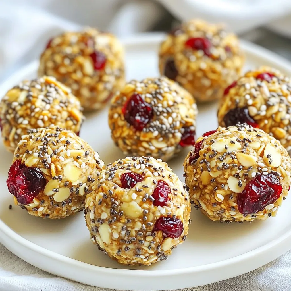 To make Almond Cranberry Energy Bites, gather these key ingredients: - 1 cup rolled oats - ½ cup almond butter - ⅓ cup honey or maple syrup - ½ cup dried cranberries, roughly chopped - ½ cup raw almonds, roughly chopped - ¼ cup chia seeds - 1 teaspoon pure vanilla extract - A pinch of sea salt Each ingredient plays a role in creating a tasty snack. Rolled oats give a hearty base, while almond butter adds creaminess. Honey or maple syrup brings natural sweetness. Dried cranberries add a chewy burst of flavor. Chopped raw almonds provide crunch, and chia seeds boost nutrition. Lastly, vanilla extract and sea salt enhance all the flavors. Feel free to mix and match some of these ingredients for a personal touch. You can swap almond butter for another nut butter if you like. Use different dried fruits or nuts as well. These small changes can make the bites uniquely yours! {{ingredient_image_2}} Start by mixing the dry ingredients. In a large bowl, combine: - 1 cup rolled oats - ½ cup dried cranberries, roughly chopped - ½ cup raw almonds, roughly chopped - ¼ cup chia seeds - A pinch of sea salt Stir these ingredients together well. Make sure they are evenly mixed. This step ensures a good balance of flavors in each bite. Next, prepare the wet mixture. In a smaller bowl, whisk together: - ½ cup almond butter - ⅓ cup honey or maple syrup (your choice) - 1 teaspoon pure vanilla extract Mix until it is smooth. This creamy blend will help bind the dry ingredients together. Now, it&rsquo;s time to combine everything. Pour the wet mixture over the dry mix. Stir with a spatula or spoon. Make sure every piece gets coated. To form the energy bites, use slightly damp hands. Scoop a tablespoon of the mix and compress it into a ball. If it feels sticky, dampen your hands again. Shape all the mixture into small balls. You should make about 12-15 bites, depending on how big you want them. Finally, chill the bites on a parchment-lined tray. Space them out well. Place them in the fridge for at least 30 minutes. This step helps them hold their shape. Enjoy them immediately or store in an airtight container for later! - Overmixing the ingredients: Mix just until combined. Overmixing can make the bites tough. You want a nice, soft texture. - Not chilling them long enough: Chilling is key. If you skip this step, the bites may fall apart. Aim for at least 30 minutes in the fridge. - Adding spices or extra ingredients: Spice things up! Consider adding a dash of cinnamon or nutmeg for warmth. You can also mix in some shredded coconut or seeds for crunch. - Adjusting sweetness to taste: Not all of us enjoy the same level of sweetness. Start with the recommended honey or maple syrup. Taste, then add more if you prefer a sweeter bite. - Ideas for plating and garnishing: Make your energy bites pop! Use a colorful plate to display them. Sprinkle extra chia seeds or chopped almonds on top for a fun look. Arrange them in a circle or stack them for height. Serve them as a snack or after workouts! Pro Tips Use Fresh Ingredients: Always opt for fresh cranberries and raw almonds for the best flavor and nutritional benefits in your energy bites. Customize Your Sweetener: Feel free to experiment with different sweeteners like agave nectar or coconut syrup to suit your taste preferences. Mix-in Variations: Add other ingredients like dark chocolate chips, shredded coconut, or pumpkin seeds to give your energy bites a unique twist. Perfect Storage: Store your energy bites in the fridge in an airtight container to maintain their freshness and chewy texture longer. {{image_4}} You can easily swap some ingredients to fit your needs. - Nut butter alternatives: If you can't use almond butter, try peanut or sunflower seed butter. Both add great flavor. - Dried fruit options: Instead of cranberries, use raisins, apricots, or cherries for a different taste and texture. - Sweetener alternatives: If you want to skip honey, maple syrup works well. You can also use agave nectar for a lighter option. Get creative with flavors to make these bites your own. - Chocolate chips: Add dark or milk chocolate chips for a sweet twist. They melt in your mouth and pair well with nuts. - Coconut flakes: Mix in unsweetened coconut flakes for a tropical vibe. They add chewiness and a hint of sweetness. You can modify this recipe to meet specific dietary needs. - Gluten-free modifications: Use gluten-free oats to keep your energy bites safe for those with gluten sensitivities. - Vegan options: Replace honey with maple syrup to make these bites vegan. It&rsquo;s a simple switch that still tastes great. Store your almond cranberry energy bites in airtight containers. This keeps them fresh and tasty. Make sure to use a container that seals well. It helps prevent moisture from getting in. For best results, put the container in the fridge. The cool air will help keep them firm. If they sit out too long, they may get soft. These energy bites last about one week in the fridge. After that, they may lose their flavor and texture. You can also freeze them for longer storage. Just place them in a freezer-safe bag or container. They can stay frozen for up to three months. When you&rsquo;re ready to eat, let them thaw in the fridge overnight. This way, they stay tasty and fresh! Yes, you can make these energy bites nut-free. Use seed butter like sunflower seed butter or pumpkin seed butter. These options are delicious and still pack a good amount of protein and healthy fats. You can also swap out the chopped almonds for seeds, like pumpkin or sunflower seeds. I suggest eating two to three energy bites as a snack. Each bite gives you a good mix of energy and nutrients. If you need a post-workout boost, you can have a few more. Listen to your body and adjust based on your hunger. Yes, you can add protein powder to boost nutrition. Use one to two tablespoons of your favorite protein powder. Mix it in with the dry ingredients to ensure even distribution. This will help keep the texture nice while adding protein. Adjust the liquid slightly if you notice it becomes too dry. This post covered how to make delicious energy bites using simple ingredients. We looked at the full list, prep steps, and ways to enhance flavor and texture. I shared tips on storing and freezing these treats, ensuring they stay fresh. In closing, you can enjoy these energy bites in many ways. Make them your own by adjusting flavors or ingredients. They are both healthy and fun!