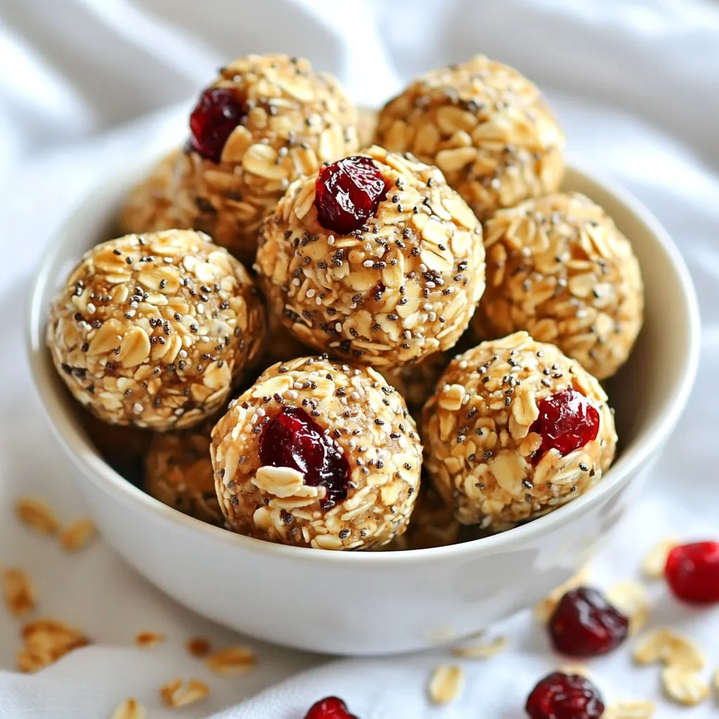 To make almond cranberry energy bites, gather these ingredients: - 1 cup almond butter - 1 cup rolled oats - ½ cup dried cranberries, roughly chopped - ½ cup honey or maple syrup - ¼ cup unsweetened coconut flakes - ¼ cup chia seeds - 1 teaspoon pure vanilla extract - ¼ teaspoon fine sea salt These ingredients blend together to create a nutritious, tasty snack. Almond butter provides healthy fats and protein. Rolled oats give a hearty texture and fiber. Dried cranberries add a sweet and tangy flavor. Honey or maple syrup sweetens the mix naturally. Unsweetened coconut flakes bring a tropical twist. Chia seeds boost the nutrition with omega-3s. Pure vanilla extract adds a warm, inviting aroma. Fine sea salt enhances all the flavors, making every bite delightful. Having these ingredients ready makes the process easy and fun. You can find them at most grocery stores. If you have any dietary needs, feel free to swap out some items. Enjoy making these energy bites! {{ingredient_image_2}} 1. Mixing almond butter and sweetener Start by taking a big bowl. Add 1 cup of almond butter and ½ cup of honey or maple syrup. Use a spatula to mix until it is smooth. This is your base. 2. Adding vanilla and sea salt Next, pour in 1 teaspoon of pure vanilla extract. Then, add ¼ teaspoon of fine sea salt. Stir well to blend the flavors. This adds depth to your bites. 3. Incorporating dry ingredients Now, slowly add 1 cup of rolled oats, ¼ cup of chia seeds, and ¼ cup of unsweetened coconut flakes. Keep mixing until everything is combined. This gives your bites texture and nutrition. 4. Folding in chopped cranberries Carefully add ½ cup of roughly chopped dried cranberries. Gently fold them into the mixture. Make sure they are spread out but not crushed. You want sweet pops in every bite. 5. Chilling the mixture Once mixed, cover the bowl with plastic wrap. Place it in the fridge for about 30 minutes. This helps the mixture firm up and makes it easier to shape. 6. Rolling into bite-sized balls After chilling, take the bowl out. Scoop small amounts of the mixture with your hands. Roll them into balls about 1 inch wide. This makes them easy to grab and eat. 7. Setting in the refrigerator Place your rolled energy bites on a baking sheet lined with parchment paper. Put them back in the fridge for another hour. This helps them set and hold their shape. 8. Storage Once firm, transfer the energy bites to an airtight container. They can last in the fridge for up to one week or be frozen for longer. Enjoy your healthy snacks anytime! - Use room temperature ingredients: Keep your almond butter and sweetener at room temperature. This makes mixing much easier and helps create a smooth texture. - Choose the right sweetener: Honey offers a floral taste, while maple syrup gives a rich flavor. Pick what you like best for the energy bites. - Adjust sweetness levels: Taste the mixture before rolling. If you want it sweeter, add more honey or maple syrup. - Arrange bites for visual appeal: Use a small bowl or a nice plate to show off your energy bites. A neat layout makes them look even more tasty. - Garnishing ideas for serving: Sprinkle extra dried cranberries and coconut flakes around the bites. This adds color and makes your dish pop! Pro Tips Chill for Easy Handling: Allowing the mixture to chill for 30 minutes makes it easier to roll into bites without sticking to your hands. Customize Your Sweetness: Adjust the amount of honey or maple syrup based on your taste preference or dietary needs. Boost Nutritional Value: Add nuts or seeds of your choice, such as walnuts or pumpkin seeds, for extra crunch and nutrition. Storage Solutions: Keep energy bites in an airtight container in the fridge for up to a week or freeze them for longer storage without losing freshness. {{image_4}} You can easily change the nut butter in this recipe. Almond butter is great, but peanut butter works well too. Cashew butter is another tasty option. All these nut butters provide creaminess and flavor. You can also switch up the dried fruits. If you don&rsquo;t have cranberries, try raisins or chopped apricots. Each fruit adds its own unique taste and sweetness to the bites. This way, you can tailor the recipe to your liking. To make your energy bites even more exciting, add some spices. A sprinkle of cinnamon can warm up the flavors. Nutmeg also brings a nice twist. Just a dash of either will make a big difference. You can also mix in dark chocolate chips for a rich touch. The chocolate adds sweetness and pairs well with almond and cranberry. Plus, it makes these bites feel like a treat. You can enjoy them even more with these simple enhancements. To keep your almond cranberry energy bites fresh, store them in an airtight container. Place them in the refrigerator. They stay good for about one week. If you want to keep them longer, freezing is a great option. Just wrap each bite in plastic wrap. Then, put them in a freezer bag. This way, they can last for up to three months. When you're ready to eat, let them thaw in the fridge for a few hours. These energy bites are great on their own. You can also pair them with other snacks. Try serving them with yogurt or fresh fruit for a balanced treat. They make a perfect pick-me-up before or after workouts. If you want a fun snack mix, combine them with nuts and popcorn. This adds crunch and flavor. Enjoy your bites anytime you need a quick energy boost! Almond cranberry energy bites last about one week in the fridge. You can also freeze them for up to three months. Just store them in an airtight container to keep them fresh. Yes, you can easily make these energy bites vegan. Simply replace honey with maple syrup. This keeps them sweet and plant-based without losing flavor. If you do not have chia seeds, you can use flax seeds. Ground flax seeds work well and offer similar health benefits. You can also omit them if needed. Yes, these energy bites are healthy. They provide protein from almond butter and fiber from oats and cranberries. They also have healthy fats from chia seeds and coconut. Absolutely! To make these bites nut-free, use sunflower seed butter instead of almond butter. This keeps the texture and taste while making it safe for those with nut allergies. These almond cranberry energy bites are easy to make and taste great. We covered the ingredients, preparation steps, and ways to store them. You can even swap ingredients or add spices for extra flavor. Enjoy these bites as a snack or with meals. They are healthy and fun to make. Whether you share them or keep them for yourself, they will surely please!