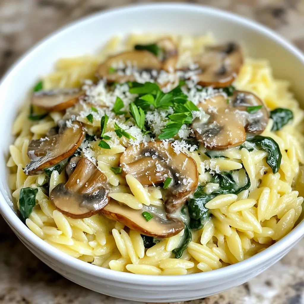 - 1 cup orzo pasta - 2 tablespoons olive oil - 1 medium onion, finely chopped - 2 cloves garlic, minced - 8 oz (225g) mushrooms, sliced (any variety) - 4 cups fresh spinach - 1 cup vegetable broth - 1 cup heavy cream (or a plant-based alternative) - ½ cup grated Parmesan cheese (or nutritional yeast for a vegan option) - Salt and pepper to taste - Fresh parsley, chopped (for garnish) You can swap orzo with any small pasta like farro or couscous. If you want a lighter dish, use a plant-based cream like cashew or almond. For mushrooms, try a mix of shiitake and portobello for a richer taste. Use nutritional yeast instead of Parmesan for a vegan option. Always pick fresh spinach and mushrooms. They should look vibrant and firm. The olive oil should be extra virgin for the best flavor. Use freshly grated Parmesan for a creamier sauce. This small detail adds depth to your dish. {{ingredient_image_2}} To start, fill a large pot with water and add a pinch of salt. Bring it to a boil. Once the water is bubbling, add 1 cup of orzo pasta. Cook it for about 8-10 minutes. Stir occasionally to keep it from sticking. The goal is for it to be al dente. After cooking, drain the pasta and set it aside. Now, grab a large skillet and pour in 2 tablespoons of olive oil. Heat it over medium heat. Add 1 medium onion, finely chopped. Saut&eacute; it for about 3-4 minutes. Stir it gently until it turns translucent. Next, add 2 cloves of minced garlic and cook for another minute. The aroma will be amazing! Next, toss in 8 ounces of sliced mushrooms. Cook them for about 5-7 minutes. Stir occasionally until they turn golden brown. This step is key for flavor. Now, add 4 cups of fresh spinach. Stir for 2-3 minutes until it wilts down. Then, pour in 1 cup of vegetable broth and 1 cup of heavy cream. Turn the heat up slightly and let it simmer. Mix in ½ cup of grated Parmesan cheese. Keep stirring until it melts into a creamy sauce. Season with salt and pepper to taste. It's time to bring it all together! Add the drained orzo to the skillet. Mix everything thoroughly so the pasta is coated in the creamy sauce. Let it cook on low heat for another 2-3 minutes. This helps the flavors blend. Once done, remove it from heat and garnish with chopped parsley. Serve it hot and enjoy this tasty dish! When you cook orzo, always use plenty of water. This helps the pasta move freely. Add salt to the water for flavor. Stir the orzo gently as it cooks. This keeps it from sticking together. Follow the package instructions for the best results. To prevent sticky orzo, drain it well after cooking. Rinse it briefly under cool water. This removes excess starch and keeps it from clumping. Toss the orzo with a little olive oil. This adds flavor and helps separate the pasta. To make a creamy sauce, start with fresh ingredients. Use high-quality heavy cream or a plant-based alternative. Add cheese gradually, stirring continuously. This helps the cheese melt smoothly. Keep the heat low to avoid burning. Adjust salt and pepper to taste for a balanced flavor. Pro Tips Choose the Right Mushrooms: Different mushroom varieties can change the flavor profile of your dish. For a more robust taste, consider using shiitake or portobello mushrooms. Perfectly Cooked Orzo: Make sure to cook the orzo al dente for the best texture. It will continue to absorb sauce as it sits, so avoid overcooking. Customize Your Greens: Feel free to mix in other greens like kale or Swiss chard for added nutrients and variety. Just adjust the cooking time as needed. Make it Vegan: For a plant-based version, substitute heavy cream with coconut cream or a cashew cream for a rich, creamy texture without dairy. {{image_4}} You can easily make this dish vegan. Simply swap the heavy cream for a plant-based cream. Nutritional yeast works well instead of Parmesan cheese. This gives you a cheesy flavor without dairy. You can add protein to make this meal heartier. Grilled chicken or shrimp pairs nicely with the creamy sauce. Cook the protein separately and mix it in when you combine the orzo. This adds flavor and makes the dish more filling. Feel free to mix in other veggies. Asparagus and peas add a fresh taste. You can also try broccoli or bell peppers for a colorful twist. Just saut&eacute; them along with the mushrooms for a tasty mix. To store your creamy mushroom spinach orzo, let it cool first. Place it in an airtight container. This helps keep it fresh. Store it in the fridge for up to three days. If you want to keep it longer, consider freezing it. When you&rsquo;re ready to eat your leftovers, reheat them gently. You can use a microwave or a stovetop. If using a microwave, heat in short bursts. Stir in between to ensure even heating. On the stovetop, add a splash of broth or cream to keep it creamy. Stir often until it warms up. To freeze the orzo, first cool it completely. Then, place it in a freezer-safe bag or container. Make sure to remove as much air as possible. Label it with the date. You can freeze it for up to three months. When ready to enjoy, thaw it overnight in the fridge. Reheat as mentioned before to keep it creamy. Yes, you can use different types of pasta. Penne or farfalle work great. Just adjust the cooking time based on the pasta you choose. Keep an eye on it to avoid overcooking. To make this dish gluten-free, use gluten-free orzo. Many brands offer tasty options. Check the package for cooking times, as they may vary. Ensure your vegetable broth is also gluten-free. Creamy Mushroom Spinach Orzo pairs well with many sides. You can serve it with a fresh green salad or garlic bread. Grilled chicken or shrimp also makes a great addition for protein lovers. This blog post covered how to make Creamy Mushroom Spinach Orzo. We looked at ingredients, including fresh options and swaps. You learned step-by-step instructions, from cooking orzo to making the sauce. I shared helpful tips to avoid sticky pasta and achieve creamy perfection. We explored variations to fit diets and added proteins. Lastly, I explained how to store and reheat leftovers. Now, you have the tools to make this dish your own. Enjoy creating a tasty meal!