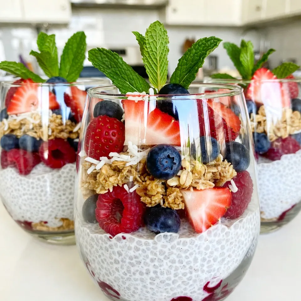 - 1 cup coconut milk - ¼ cup chia seeds - 2 tablespoons honey or maple syrup - 1 teaspoon vanilla extract - 1 cup mixed berries (strawberries, blueberries, raspberries) - ¼ cup granola - 2 tablespoons shredded coconut - Fresh mint leaves for garnish (optional) - Coconut milk: This creamy milk is rich in healthy fats. It offers energy and helps keep you full longer. - Chia seeds: These tiny seeds are packed with fiber. They aid digestion and help you stay satisfied. - Honey or maple syrup: Both are natural sweeteners. They provide quick energy and have antioxidants. - Vanilla extract: This adds flavor and can have calming effects. It makes the parfait taste wonderful. - Mixed berries: Berries are high in vitamins and low in calories. They support heart health and are full of antioxidants. - Granola: This crunchy topping gives energy and can contain oats and nuts. It adds texture and helps keep you full. - Shredded coconut: It adds flavor and healthy fats. Coconut also brings a delightful chewiness. - Fresh mint leaves: These are optional but refreshing. They can enhance the taste and look of your parfait. - Coconut milk: Use almond milk or oat milk for a nut-free option. - Chia seeds: You can swap them with flax seeds, but adjust the liquid. - Honey: For a vegan option, use agave syrup or more maple syrup. - Granola: Choose gluten-free granola if needed, or use oats. - Mixed berries: Any seasonal fruit works well. Try peaches or apples for a change. {{ingredient_image_2}} To start, gather your ingredients. You will need 1 cup of coconut milk, ¼ cup of chia seeds, 2 tablespoons of honey or maple syrup, and 1 teaspoon of vanilla extract. 1. In a medium bowl, pour in the coconut milk. 2. Add the chia seeds, honey, and vanilla extract. 3. Whisk until everything mixes well. 4. Cover the bowl with plastic wrap or a lid. 5. Place it in the fridge for at least 4 hours or overnight. This waiting time lets the chia seeds absorb the milk. They will turn into a creamy pudding. Once your chia pudding is ready, it&rsquo;s time to layer your parfait. You will need 1 cup of mixed berries, ¼ cup of granola, and 2 tablespoons of shredded coconut. 1. Take your serving glasses or mason jars. 2. Spoon a layer of chia pudding into each glass. Fill about ¼ of the glass. 3. Add a layer of mixed berries on top. Use a mix of strawberries, blueberries, and raspberries for color. 4. Sprinkle some granola over the berries for a nice crunch. 5. Repeat the layers: more chia pudding, more berries, and more granola. 6. Finish with a vibrant layer of berries on top. 7. Sprinkle shredded coconut over the final layer. This adds flavor and makes the parfait look even better. For the best presentation, serve your parfaits in clear glasses. This lets everyone see the colorful layers. You can add fresh mint leaves on top for a pop of color. If you want extra sweetness, drizzle a little honey over the top just before serving. Enjoy your tasty and healthy parfait! To get that ideal chia texture, start with the right ratio. Use ¼ cup of chia seeds for every cup of coconut milk. Mix them well. Let the mix rest for at least four hours. This allows the chia seeds to soak up the milk and thicken. If you want it creamier, try letting it chill overnight. This step is key for a smooth, pudding-like consistency. To make your parfait look beautiful, use clear glasses or mason jars. This way, you can show off the layers. Start with a layer of chia pudding, then add mixed berries. Next, sprinkle on granola for crunch. Repeat this layering until the glass is full. Finish with a top layer of colorful berries. For extra flair, add shredded coconut and fresh mint leaves. These touches make your parfait pop and look inviting. You can sweeten your parfait with honey or maple syrup. Each option brings a unique flavor. Honey gives a floral note, while maple syrup adds a rich, earthy taste. If you prefer a vegan option, stick with maple syrup. Both sweeteners work well, so choose what you like best. Just use two tablespoons for the right sweetness without overpowering the dish. Pro Tips Chill Time is Key: Allowing the chia pudding to chill overnight ensures it reaches the perfect creamy consistency, making each bite delightful. Berry Variety: Using a mix of berries not only adds flavor but also contributes to a beautiful and colorful presentation. Granola Texture: Choose a granola with a mix of nuts and seeds for added crunch and nutrition, enhancing the overall texture of the parfait. Garnish for Appeal: Fresh mint leaves not only add a pop of color but also a refreshing aroma, elevating the visual and taste experience of your parfait. {{image_4}} You can change the berries based on the season. In spring or summer, use fresh strawberries and blueberries. Fall brings sweet raspberries and cranberries. In winter, consider frozen berries. They still taste great and add color. Mixing different berries also boosts flavor and nutrition. Experiment to find your favorite berry blend. Coconut milk is creamy and delicious, but you can try others. Almond milk offers a light taste. Oat milk adds a hint of sweetness. Soy milk gives a protein boost. Each milk changes the flavor and texture. Pick one that suits your taste or diet. This way, you can enjoy the parfait your way. You can add more to the parfait to make it unique. Consider nuts like almonds or walnuts for crunch. Seeds such as pumpkin or sunflower add nutrition. You might enjoy spices like cinnamon or nutmeg for warmth. A spoonful of peanut or almond butter gives creaminess. These add-ins enhance both taste and texture, making each bite exciting. Store your Berry Coconut Chia Parfait in the fridge. Use airtight containers to keep it fresh. The cool air helps maintain its creamy texture and flavor. Avoid sunlight, as it can affect taste and color. You can keep the chia pudding for up to five days. After that, the texture may change and lose its quality. Always check for any off smells or changes before eating. If you notice any, it&rsquo;s best to throw it away. To keep your parfait layers fresh, store them separately if possible. This way, the granola stays crunchy. If you layer and store together, the granola might get soggy. Serve the parfait within a day for the best taste. Enjoy your treat while it's fresh! Yes, you can make this parfait ahead of time. In fact, it's great to prepare it the night before. The chia seeds need time to soak in the coconut milk. A few hours in the fridge works, but overnight is best. This way, the pudding gets thick and creamy. You can layer it and keep it in the fridge for up to three days. Just wait to add the granola until you're ready to eat. This keeps it crunchy. Chia seeds are tiny black seeds from the Salvia hispanica plant. They are packed with nutrients. Here are some key benefits: - High in Fiber: Helps with digestion and keeps you full. - Rich in Omega-3 Fatty Acids: Good for heart health. - Good Source of Protein: Supports muscle health. - Full of Antioxidants: Helps fight free radicals. - Minerals: Contains calcium, magnesium, and iron. These seeds absorb liquid and expand, making them perfect for puddings. They create a fun texture in your parfait. Yes, you can use frozen berries! They work well in this parfait. Just remember: - Thaw Them: Let them sit at room temperature or microwave them for a few seconds. - Flavor: Frozen berries may be sweeter since they are picked at peak ripeness. - Texture: They can be softer, but they still taste great. Using frozen berries is a smart choice. It allows you to enjoy this treat all year round! This blog covered how to make a delicious Berry Coconut Chia Parfait. We looked at the key ingredients and their health benefits. I shared step-by-step instructions to prepare the pudding and layer it nicely. You learned tips for perfect texture and stunning presentation. Plus, we explored tasty variations and storage tips to keep it fresh. In the end, making this parfait is fun and rewarding. You can customize it to suit your taste and needs. Enjoy your healthy treat!