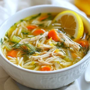 To make Greek lemon chicken soup, you will need: - 1 whole chicken (approximately 3-4 lbs), cleaned - 8 cups chicken broth - 1 medium onion, finely chopped - 2 carrots, peeled and diced - 2 celery stalks, diced - 1 cup orzo pasta - 3 large eggs - ½ cup fresh lemon juice (from about 3 large lemons) - Zest of 1 lemon - Salt and freshly ground pepper, to taste - Fresh dill or parsley, for garnish If you don’t have some ingredients, here are swaps you can try: - Use chicken thighs or breasts instead of a whole chicken. - Swap orzo with rice or another small pasta. - Lemon juice can be replaced with lime juice for a different flavor. - For a creamier soup, add a splash of heavy cream. Using fresh herbs makes a big difference in flavor. Fresh dill or parsley adds brightness. They lift the soup’s taste and aroma. If fresh herbs are not available, dried herbs work too. Use half the amount of dried herbs as fresh ones. Dried herbs can still give good flavor, but fresh herbs truly shine in this dish. {{ingredient_image_2}} To start, take your whole chicken and clean it well. Place the chicken in a large pot. Pour in eight cups of chicken broth. Make sure the chicken is fully submerged. Heat the pot on medium-high until the broth boils. This should take just a few minutes. Once it boils, lower the heat to medium-low. Use a ladle to skim off any foam that rises. This keeps your broth clear and nice. After skimming, it’s time to add flavor. Toss in the finely chopped onion, diced carrots, and diced celery. Cover the pot and let it simmer gently for about one hour. This will help the chicken cook through and become tender. You want it to pull away from the bone easily. When time is up, carefully remove the chicken with tongs. Place it on a plate to cool. Strain the broth through a fine-mesh sieve. This removes the veggies and leaves you with clear broth. While the chicken cools, let’s make the egg mixture. In a bowl, whisk together three large eggs, half a cup of fresh lemon juice, and lemon zest until smooth. This mix will give the soup its bright flavor. Next, bring your clear broth back to a gentle simmer. Add one cup of orzo pasta to the pot. Cook according to the package instructions, usually about eight to ten minutes. To temper the egg mixture, slowly add a ladle of the hot broth to it while whisking. This warms the eggs without cooking them. Repeat this process two to three times. Once tempered, slowly stir the egg mixture back into the pot while stirring constantly. This creates a creamy texture. Now, gently fold in the shredded chicken. Season the soup with salt and freshly ground pepper to taste. Enjoy your delicious soup! To get that creamy texture, whisk the eggs and lemon juice well. This step is key. When you add the hot broth to the egg mixture, do it slowly. This process is called tempering. It helps keep the eggs from cooking too fast. Stir constantly as you pour. Once the mixture is warm, add it back to the soup. Stir gently to combine. This gives you a smooth and creamy soup. If you have leftover soup, let it cool first. Then, pour it into an airtight container. You can keep it in the fridge for up to three days. If you want to store it longer, freeze it. Just make sure to leave some space in the container. The soup will expand when frozen. When you reheat, do it slowly on the stove. You might need to add a splash of broth or water. Avoid adding the egg mixture too fast. This can cause the eggs to scramble. Always temper the eggs first. Another mistake is not skimming the foam while boiling the broth. Skimming helps keep the broth clear. Lastly, don’t overcook the orzo. It should be al dente for the best texture. Following these tips will help you make a perfect Avgolemono soup every time. Pro Tips Use Fresh Ingredients: Fresh chicken and vibrant vegetables elevate the flavor of your soup, making it more aromatic and tasty. Egg Tempering Technique: Always temper your eggs gradually with hot broth to avoid scrambling; this creates a silky texture in the soup. Cooking Orzo Al Dente: Cook orzo until just al dente, as it will continue to soften in the hot soup after being added. Garnish for Flavor: A sprinkle of fresh dill or parsley not only adds color but also enhances the overall taste of the soup. {{image_4}} You can make a tasty vegetarian Avgolemono soup too. Instead of using chicken, use vegetables. A mix of mushrooms, zucchini, and spinach works well. Replace chicken broth with vegetable broth for the base. This change keeps the soup light and bright. Don't forget to add lemon juice for that classic zesty flavor. To make this soup gluten-free, switch out orzo for gluten-free pasta. Rice or quinoa are great substitutes. Both will soak up the flavor of the broth well. Just be sure to check the labels on the pasta you choose to ensure it's gluten-free. This option is just as comforting as the original. You can use different pasta shapes to mix it up. Try small shells, ditalini, or even fideos. Each shape offers a unique texture to the soup. Remember, different pastas might require different cooking times. Just keep an eye on them to get that perfect al dente bite. This way, you can enjoy a new twist on a classic dish. To make your Greek lemon chicken soup shine, pair it with some great sides. A fresh Greek salad adds a nice crunch. The tangy feta and olives complement the soup's flavor. You can also serve grilled vegetables. They add color and nutrition. For a heartier meal, consider roasted potatoes. Their crispiness balances the soup's creaminess. The right garnish can elevate your dish. Fresh dill or parsley works wonders. Just sprinkle some on top before serving. It adds a pop of green and fresh flavor. You can also add lemon wedges. They give a bright touch and allow guests to add more lemon if they wish. Bread is a great partner for this soup. Serve crusty bread or warm pita on the side. They soak up the tasty broth. If you want something lighter, a simple salad is perfect. A mix of greens with olive oil and lemon keeps things fresh. This way, you create a balanced meal that pleases everyone. Avgolemono soup is a Greek dish made with chicken, lemon, and eggs. This soup is rich and creamy, thanks to the egg and lemon mix. The bright lemon flavor makes it refreshing. It warms you up and feels like a big hug in a bowl. You start with a whole chicken, simmer it in broth, and add orzo pasta. Finally, you whisk eggs and lemon juice into the soup for a smooth finish. Yes, you can make Avgolemono soup ahead of time. I often prepare it a day in advance. Just store it in the fridge once it cools. When you reheat it, do so gently to keep the creamy texture. But keep in mind, the orzo may soak up some broth overnight. You might need to add a splash of broth when reheating. Freezing Avgolemono soup can be tricky due to the eggs. If you want to freeze it, leave out the eggs and lemon mix. First, cool the soup completely. Then, pour it into freezer-safe containers. I recommend freezing it in single servings for easy use. When you want to eat it, thaw in the fridge overnight. Reheat and add the egg and lemon mix just before serving. This way, you keep the soup’s creamy texture. In this article, we explored making Avgolemono soup. We covered the needed ingredients, like fresh herbs and alternatives. I gave you steps to prepare chicken and simmer broth. Tips were shared for a creamy texture and storing leftovers. You learned variations, such as vegetarian and gluten-free options. Lastly, we discussed serving suggestions and common questions. Cooking Avgolemono soup can be easy and fun. With practice, you’ll impress everyone at the table. Enjoy your cooking journey!