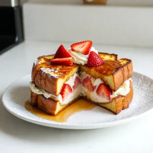 - 6 slices of thick-cut brioche or challah bread - 8 oz cream cheese, softened at room temperature - ¼ cup powdered sugar - 1 teaspoon pure vanilla extract - 1 cup fresh strawberries, hulled and sliced I love using brioche or challah bread for this recipe. These breads are soft and sweet, making them perfect for French toast. The cream cheese adds richness, while powdered sugar gives it sweetness. The vanilla extract brings out the flavors beautifully. Fresh strawberries provide a burst of freshness and natural sweetness. - 2 large eggs - ½ cup whole milk - ½ teaspoon ground cinnamon - 1 tablespoon unsalted butter (for cooking) - Maple syrup (for serving) - Extra sliced strawberries (for garnish) - Whipped cream (optional, for serving) The egg and milk mixture binds everything together. Ground cinnamon adds warmth and flavor. Butter helps achieve a perfect, golden-brown crust. Maple syrup is a must-have topping. You can top with extra strawberries and whipped cream for a special touch. Each ingredient plays a key role in making this dish delightful. {{ingredient_image_2}} First, gather your ingredients. You need cream cheese, powdered sugar, and vanilla extract. In a mixing bowl, blend the softened cream cheese with the powdered sugar and vanilla. Use a hand mixer or a spatula until it is smooth and creamy. This step is key for a rich filling. Next, take fresh strawberries and slice them. Carefully fold the sliced strawberries into the cream cheese mixture. Make sure to distribute them evenly without mashing them. This gives every bite a burst of flavor. Now, grab your brioche slices. Take two slices and spread about 2-3 tablespoons of the cream cheese mixture on one slice. Place the other slice on top to make a sandwich. Repeat until you have three stuffed sandwiches. The thick-cut brioche holds the filling well. It&rsquo;s time to cook! In a shallow dish, whisk together the eggs, whole milk, and ground cinnamon. Mix until it is well combined and slightly frothy. This mixture coats the bread and adds flavor. Preheat your skillet or griddle over medium heat. Add unsalted butter to melt across the surface. Dip each stuffed sandwich into the egg mixture. Make sure both sides are coated. Let any extra drip off before placing it in the hot skillet. Cook each sandwich for 3-4 minutes on one side. You want it golden brown and crispy. Flip and cook the other side for another 3-4 minutes. Once cooked, remove the sandwiches and keep them warm. Continue cooking any remaining sandwiches. Serve them warm with maple syrup, extra sliced strawberries, and whipped cream if you like. Enjoy your delicious creation! To make sure your stuffed French toast cooks evenly, follow these steps: - Use thick-cut brioche or challah bread. This helps hold the filling well. - Preheat your skillet or griddle on medium heat. This ensures a nice, golden brown crust. - Don't overcrowd the pan. Cook in batches if needed for even cooking. - Flip the sandwiches gently to avoid spilling the filling. To avoid soggy bread, here are some tips: - Let the egg mixture sit for a moment after whisking. This helps it thicken slightly. - Dip each sandwich quickly in the egg mixture. Don't let it soak. - Allow excess egg mixture to drip off before cooking. This keeps the bread firm. For a beautiful presentation, try these ideas: - Lightly dust the finished French toast with powdered sugar. It adds a nice touch. - Arrange the stuffed French toast on a decorative plate. - Drizzle extra maple syrup around the edges for visual appeal. - Garnish with sliced strawberries and a sprig of mint for freshness. To complement the meal, consider these sides: - Serve with crispy bacon or sausage for a savory contrast. - Fresh fruit salad adds a refreshing touch. - A scoop of whipped cream creates a dessert-like feel. Pro Tips Choose the Right Bread: Using thick-cut brioche or challah gives the French toast a rich flavor and helps it hold up to the filling, ensuring a perfectly decadent experience. Let the Filling Chill: After preparing the cream cheese mixture, let it chill in the fridge for about 15 minutes. This makes it easier to spread and helps it hold its shape during cooking. Control the Heat: Cooking on medium heat is key; too high and the outside will burn before the inside is cooked through. Adjust the heat as necessary for even cooking. Add Flavor to the Egg Mixture: Consider adding a splash of vanilla extract or a pinch of nutmeg to the egg mixture for an extra layer of flavor that complements the strawberry cheesecake filling. {{image_4}} You can switch out strawberries for other fruits. Blueberries, raspberries, or bananas work great. Each fruit brings its own flavor. You can also mix fruits for more variety. Another fun option is flavored cream cheese. Try lemon, chocolate, or even pumpkin spice. These flavors can really change the dish. They add fun twists to the classic strawberry cheesecake style. While brioche or challah is ideal, other breads can shine too. Try using Texas toast for a thicker bite. Sourdough adds a nice tang to the taste. If you need gluten-free options, use gluten-free bread. Many brands offer great choices that taste wonderful. Just make sure the bread is sturdy enough to hold the filling. To keep your stuffed French toast fresh, follow these tips: - Refrigeration: Place leftovers in an airtight container. Make sure it is sealed tightly. This helps keep the flavors strong and the texture nice. - Reheat: To warm up, use a skillet over low heat. Flip the toast to heat it evenly. You can also use a microwave. Heat it for 30 seconds at a time. Check until warm. You can freeze stuffed French toast for later. Here&rsquo;s how: - Freezing: Wrap each stuffed sandwich tightly in plastic wrap. Then, place them in a freezer-safe bag. This keeps out air and prevents freezer burn. - Thawing and Reheating: The best way to thaw is to leave it in the fridge overnight. For reheating, use a skillet or griddle. Heat it on medium until warm. You can also use the microwave, but it may get soggy. Can I make this recipe ahead of time? Yes, you can make the filling a day early. Store it in the fridge. Just assemble and cook the French toast when you're ready. This way, you save time in the morning. What can I use instead of cream cheese? You can use mascarpone cheese or a dairy-free cream cheese. Both options work well. They give a similar creamy texture and taste. How many servings does this recipe yield? This recipe makes three servings. Each serving has two stuffed sandwiches. It's perfect for a small breakfast or brunch. What is the approximate calorie count per serving? Each serving has about 400 calories. This count may change based on the type of bread and toppings you use. How to make this recipe dairy-free or vegan? Use dairy-free cream cheese and almond milk instead of whole milk. You can also replace eggs with a mixture of ground flaxseed and water. This keeps the creaminess without animal products. Can I add more spices or flavors to the filling? Yes! You can add a pinch of nutmeg or a splash of lemon juice. These will enhance the flavor of the filling. Try adding a bit of chocolate chips for a sweet twist! This recipe for stuffed French toast blends rich flavors and fresh ingredients. We explored bread options, a creamy filling, and cooking tips. You can personalize it with various fruits and spreads. Remember to store leftovers safely and enjoy them later. You can create a fun breakfast or brunch with this dish. Try the methods shared here, and make it your own. Happy cooking!