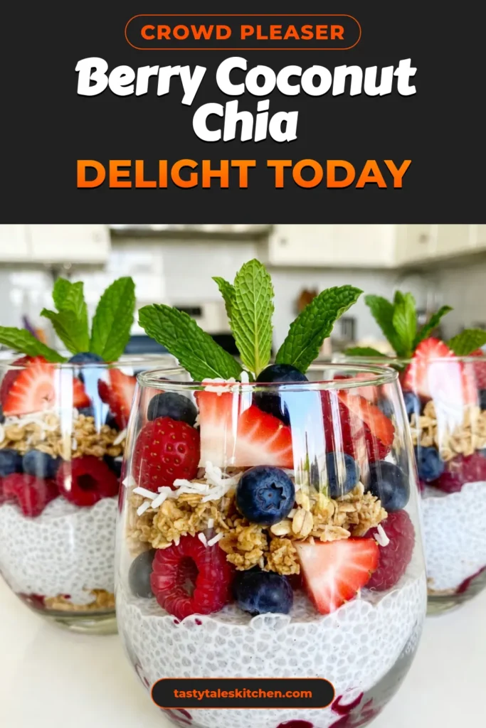 Indulge in this Berry Coconut Chia Parfait, a delightful combination of creamy coconut milk and nutritious chia seeds. This Chia Seed Recipe is the perfect Healthy Dessert Recipe or Mixed Berry Breakfast option. Layer rich chia pudding with vibrant mixed berries, granola, and a sprinkle of shredded coconut for an irresistible treat. Try this easy Coconut Milk Parfait today for a tasty and nutritious snack. Save this recipe now! #HealthyEating #ChiaSeeds #DessertIdeas #BreakfastInspo