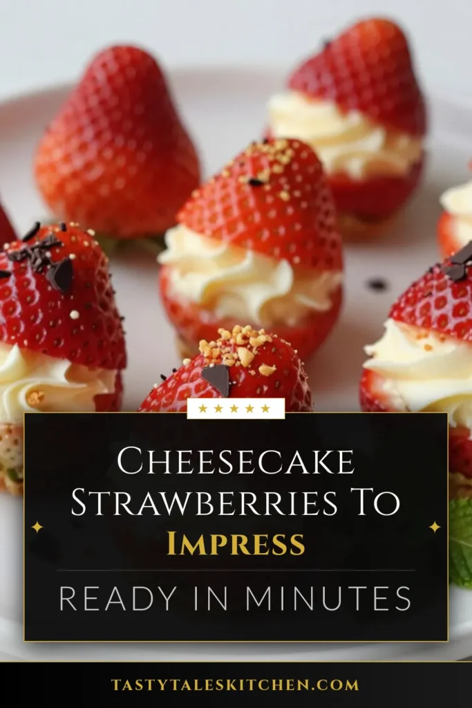 Indulge in these delightful cheesecake stuffed strawberries, a perfect blend of fresh fruit and creamy filling. This easy cheesecake recipe transforms simple strawberries into stunning no-bake cheesecake treats. Top with chocolate garnished strawberries for an extra touch! Ideal for any dessert table, these dessert recipes with strawberries are sure to impress. Try them today and elevate your snacking game! Save this recipe for later! #CheesecakeStuffedStrawberries #EasyDessertRecipes #NoBakeTreats #ChocolateCoveredStrawberries