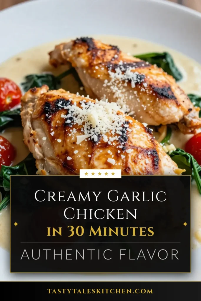 Indulge in this delicious Creamy Garlic Tuscan Chicken, an easy creamy chicken dinner bursting with flavor! This Tuscan chicken recipe combines succulent chicken breasts with a rich parmesan cream sauce, fresh spinach, and juicy tomatoes. Perfect for a weeknight meal, this garlic chicken with spinach is sure to impress! Try it tonight for a satisfying dinner. Save this recipe for later! #TuscanChicken #CreamyChicken #GarlicChicken #EasyDinner