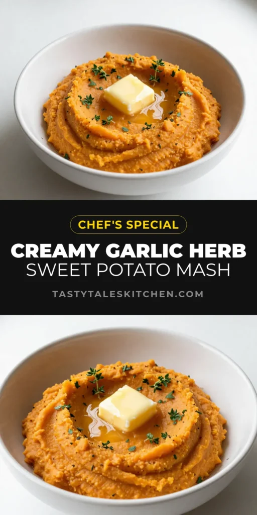 Discover the deliciousness of Garlic Herb Sweet Potato Mash! This creamy sweet potato recipe combines the warmth of garlic and fresh herbs to create a perfect, healthy mashed sweet potato dish. Quick and easy, this garlic mashed sweet potatoes recipe makes for a delightful side that everyone will love. Elevate your meals with this tasty option&mdash;save this recipe for your next gathering! #SweetPotatoMash #HealthyRecipes #EasySides #ComfortFood