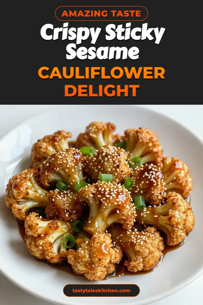 Indulge in this delicious sticky sesame cauliflower, the perfect addition to your vegan cauliflower recipes collection. These crispy cauliflower bites are easy to make and serve as irresistible appetizers for any gathering. Enjoy plant-based frying recipes with this simple recipe that will impress your guests and keep them coming back for more. Try it today and elevate your snack game! Save this recipe for later! #VeganRecipes #CrispyCauliflower #PlantBased #EasyAppetizers