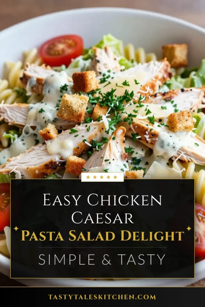 Looking for a delicious twist on a classic? Try this Chicken Caesar Pasta Salad! This easy pasta salad recipe combines tender shredded chicken, crisp romaine, juicy cherry tomatoes, and savory Caesar dressing for a satisfying meal. Ideal for meal prep or gatherings, it&rsquo;s a healthy chicken salad recipe that will impress. Whip it up in just 45 minutes! Save this recipe for your next family dinner! #ChickenCaesarPastaSalad #EasyPastaSaladRecipes #HealthyChickenSaladRecipes #CaesarDressingPastaSalad