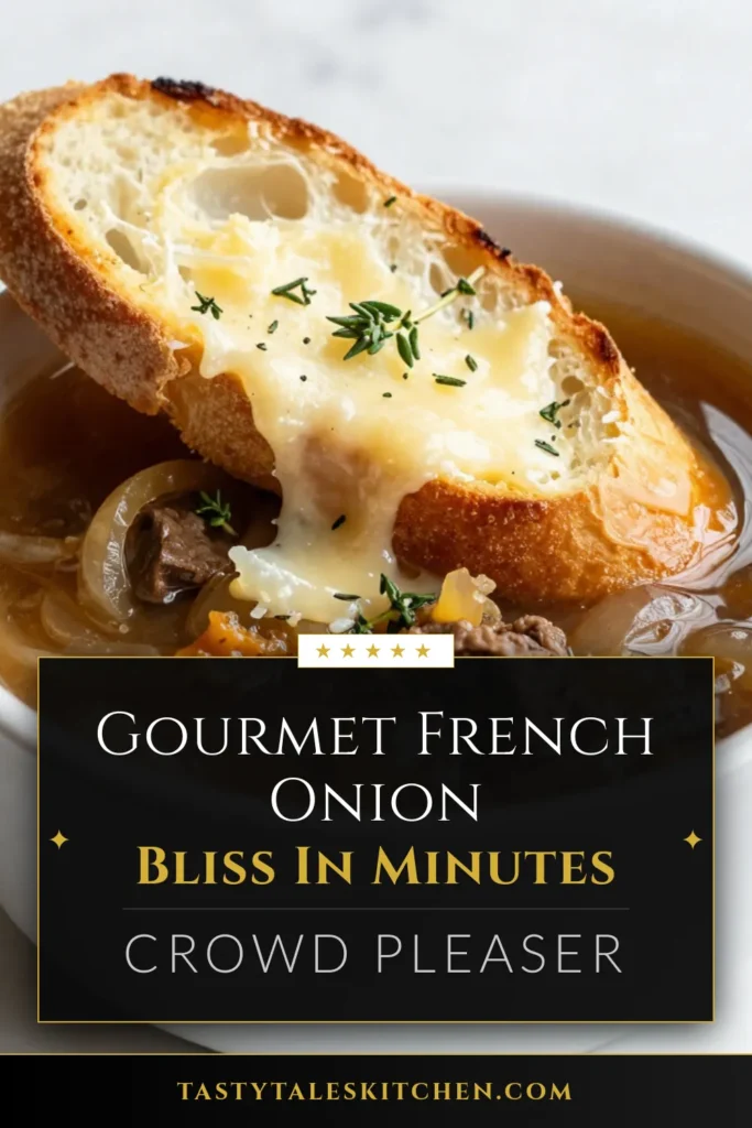 Discover the ultimate comfort food with this classic French onion soup recipe. Perfectly caramelized onions simmered in rich broths create a gourmet soup recipe that&rsquo;s both satisfying and delicious. Topped with crusty baguette and melted Gruy&egrave;re cheese, this creamy onion soup will warm your soul. Try this caramelized onion soup tonight and impress your guests! Save this recipe for later! #FrenchOnionSoup #GourmetSoup #ClassicFrenchOnionSoup #CreamyOnionSoup