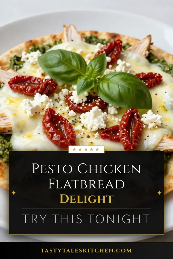 Indulge in this delicious pesto chicken flatbread that's perfect for busy nights! This easy flatbread recipe features tender chicken, homemade pesto, and gooey mozzarella, making it a quick dinner idea the whole family will love. With sun-dried tomatoes and feta cheese for added flair, it's a delightful spin on mozzarella chicken flatbread. Try this homemade pesto pizza and elevate your meal! Save this recipe for later! #PestoChickenFlatbread #EasyFlatbreadRecipe #QuickDinnerIdeas #HomemadePestoPizza
