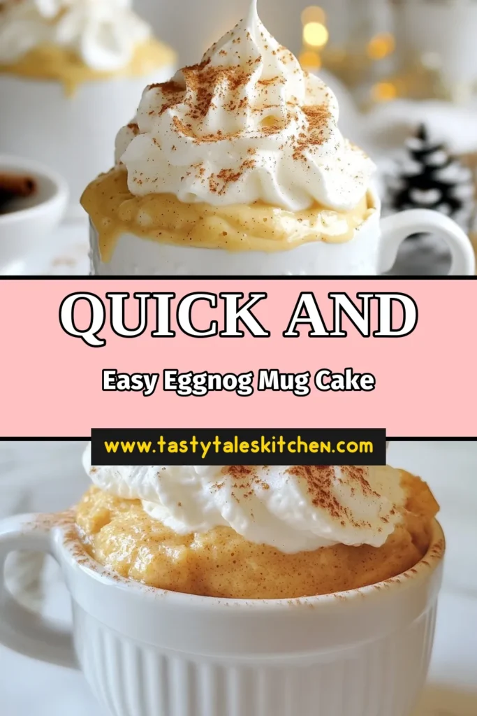 Get into the festive spirit with this easy eggnog mug cake recipe! Perfect for a quick holiday dessert, this microwave mug cake takes just 5 minutes to prepare. With rich eggnog and warm spices, it's a deliciously cozy treat. Ideal for one, you can enjoy it anytime during the season. Don&rsquo;t miss out&mdash;save this festive mug cake recipe for your next holiday gathering! #EggnogMugCake #QuickHolidayDessert #MicrowaveMugCake #EasyEggnogDessert