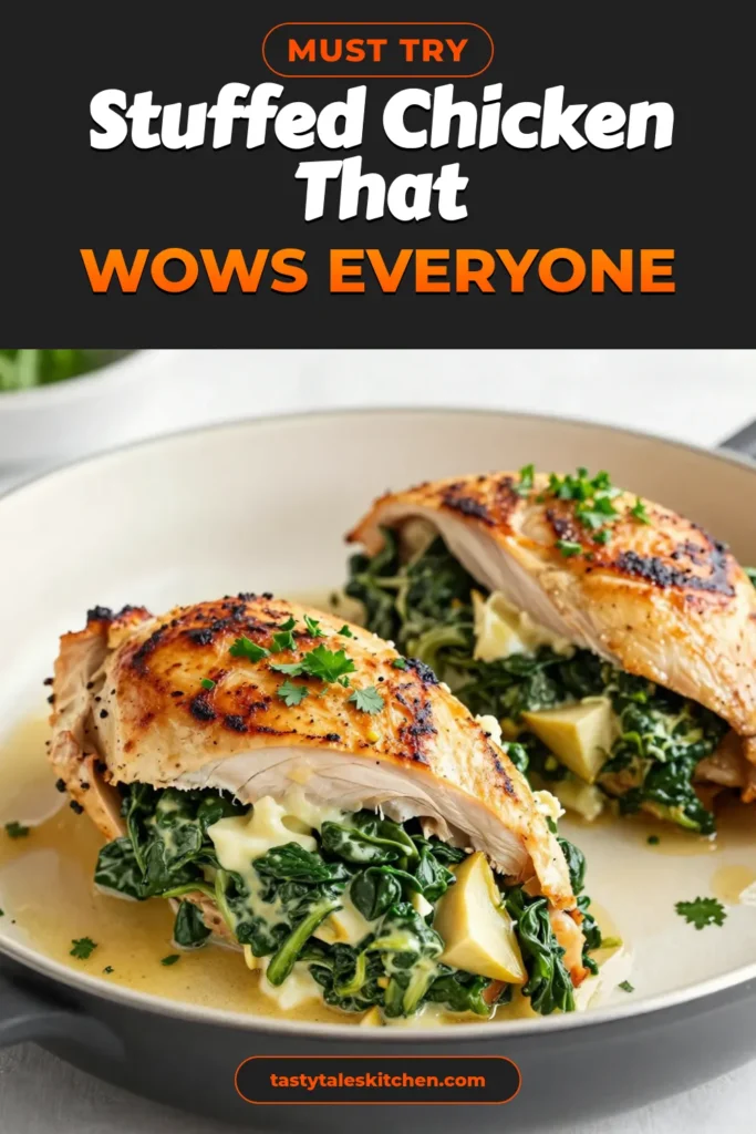 Discover a delectable Spinach Artichoke Stuffed Chicken Recipe that transforms your dinner routine! This easy chicken recipe with spinach features juicy oven baked stuffed chicken breasts filled with creamy spinach artichoke chicken goodness. Perfect for healthy chicken dinner ideas, it's a family favorite that&rsquo;s simple to prepare. Try this culinary delight tonight and impress everyone at the table! Save this recipe for later! #HealthyRecipes #ChickenDinner #SpinachArtichoke #EasyDinnerIdeas