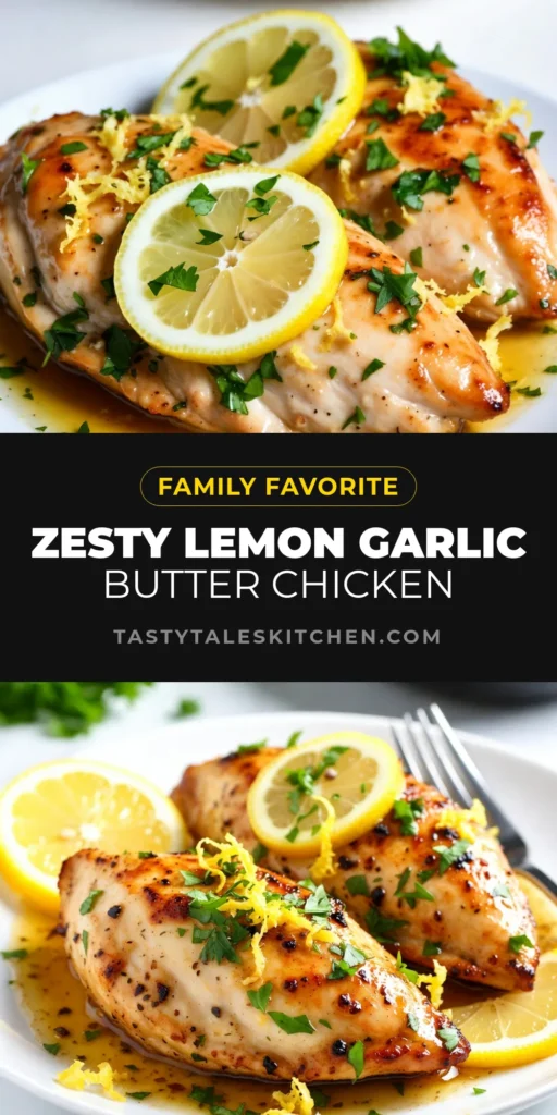 Indulge in this easy Lemon Garlic Butter Chicken recipe, perfect for quick dinner ideas! Enjoy succulent chicken breasts saut&eacute;ed in a flavorful butter garlic sauce enhanced with fresh lemon. This simple butter chicken recipe will become one of your favorite flavorful chicken dishes. Ready in just 30 minutes, it's perfect for busy weeknights. Save this recipe for your next meal! #LemonGarlicButterChicken #EasyChickenRecipes #ButterChickenRecipe #QuickDinnerIdeas