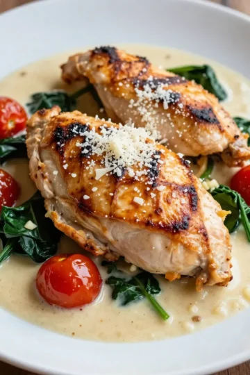 - 4 boneless, skinless chicken breasts - 2 tablespoons olive oil - 1 tablespoon unsalted butter - 4 cloves garlic, finely minced - 1 cup cherry tomatoes, halved - 1 cup fresh spinach leaves, packed - 1 cup heavy cream - ½ cup freshly grated Parmesan cheese - 1 teaspoon dried Italian herbs (oregano, basil, thyme mix) - Salt and freshly cracked black pepper to taste - Fresh basil leaves for garnish (optional) When cooking, you want to be precise with your measurements. Here are the units you'll use: - Tablespoons (tbsp) for liquids and fats - Cups for solid and liquid ingredients - Teaspoons (tsp) for smaller amounts like herbs and spices You can swap ingredients to fit your needs. Here are some ideas: - Chicken: Use turkey or even firm tofu for a plant-based option. - Olive oil: Vegetable oil or avocado oil works well too. - Heavy cream: Coconut cream or half-and-half can replace heavy cream. - Parmesan cheese: Use Pecorino Romano or nutritional yeast for a dairy-free option. - Spinach: Kale or Swiss chard can be good substitutes for spinach. These swaps maintain flavor while catering to dietary needs. Enjoy experimenting! {{ingredient_image_2}} Start by taking the chicken breasts. Season both sides with salt and pepper. This step adds flavor to the chicken. If you skip this, the chicken may taste plain. Make sure to cover all areas well. Set the chicken aside while you heat the pan. Next, heat a large skillet over medium-high heat. Add the olive oil and butter once it's hot. The butter will melt and bubble. This is your cue to add the chicken. Sear each breast for about 5 to 7 minutes. Look for a nice brown color. Check the internal temperature; it should read 165&deg;F. Once cooked, take the chicken out and place it on a plate. In the same skillet, lower the heat a bit. Add the minced garlic next. Saut&eacute; for about 30 seconds. Stir constantly to keep it from burning. Then, toss in the cherry tomatoes. Cook these for 2 to 3 minutes until they get soft. This adds a sweet and tangy flavor. Now, add the fresh spinach. Cook until it wilts, about 1 to 2 minutes. Reduce heat to low now. Pour in the heavy cream, stirring well. The cream will mix with the tomatoes and spinach. Gradually add the Parmesan cheese and Italian herbs. Keep stirring until the sauce is smooth and creamy. Finally, return the chicken to the skillet. Make sure each piece is well coated. Let it simmer for an extra 2 to 3 minutes. This helps the flavors blend beautifully. Taste the sauce. Adjust seasoning if needed. You can add more salt, pepper, or herbs based on your liking. For juicy chicken, cook each breast for 5-7 minutes per side. Use a meat thermometer to check for doneness. The internal temperature should reach 165&deg;F. Let the chicken rest for a few minutes after cooking. This keeps it moist and flavorful. Start by saut&eacute;ing garlic until fragrant. Be careful not to brown it, as that can make it bitter. After adding the cherry tomatoes, let them soften before mixing in the cream. This step helps build rich flavors. Gradually add Parmesan cheese until the sauce is smooth. Stir constantly for the best texture. Season your chicken well with salt and freshly cracked pepper. Use dried Italian herbs in the sauce for a burst of flavor. Taste the sauce and add more salt, pepper, or herbs as needed. Fresh basil can also elevate the dish. Always adjust to your personal taste for the best result. Pro Tips Rest the Chicken: Allow the chicken to rest for a few minutes after cooking. This helps the juices redistribute, ensuring a moist and tender chicken. Customize the Herbs: Feel free to use fresh herbs instead of dried for a more vibrant flavor. Fresh basil, parsley, or thyme can elevate the dish even more. Thicken the Sauce: If you prefer a thicker sauce, let it simmer a bit longer on low heat, or mix in a cornstarch slurry (1 tablespoon cornstarch mixed with 2 tablespoons water) until the desired consistency is reached. Pairing Suggestions: This creamy garlic Tuscan chicken pairs beautifully with a light salad or roasted vegetables, making for a well-rounded meal. {{image_4}} You can enhance the dish by adding mushrooms or peppers. Both options add great flavor and texture. If you choose mushrooms, slice them and saut&eacute; them with garlic. For peppers, chop them into strips and cook them with the tomatoes. This adds color and nutrition to your meal. To make this dish gluten-free, use a gluten-free pasta or serve it without pasta. Ensure that the chicken broth, if used, is gluten-free as well. The other ingredients in this recipe are naturally gluten-free. So, you can enjoy this creamy garlic Tuscan chicken worry-free. If you're looking for a vegetarian option, replace chicken with firm tofu or mushrooms. Press and cube the tofu, then saut&eacute; it until golden. For a heartier dish, use both mushrooms and spinach. Keep the creamy sauce and enjoy a rich, flavorful meal that everyone will love. You can store leftover Creamy Garlic Tuscan Chicken in the fridge. Place it in an airtight container. Make sure it cools down first. It will stay fresh for about 3 to 4 days. When you want to eat it again, grab it from the fridge and enjoy! If you want to keep it longer, you can freeze it. First, let the chicken cool completely. Then, wrap it tightly in plastic wrap. Place it in a freezer-safe bag or container. It will last about 2 to 3 months in the freezer. Just remember to label it with the date! When you're ready to eat, reheating is easy. For best results, thaw it overnight in the fridge. Then, heat it in a skillet over low heat. Stir gently until it's warm. You can also use the microwave, but be careful not to overcook it. Enjoy your tasty meal! You can serve this dish with many sides. I love pairing it with pasta. It soaks up the creamy sauce well. You might also try rice or quinoa for a healthy option. If you want something lighter, a fresh salad works great too. Garlic bread is another delicious choice. It adds a nice crunch and flavor. Yes, you can! If you want a stronger flavor, try using feta cheese. Goat cheese also adds a tangy taste. If you prefer something milder, mozzarella is a good choice. Just remember that different cheeses melt differently. This can change the sauce's texture. To make this dish dairy-free, swap the heavy cream with coconut milk. It gives a rich feel without dairy. Use nutritional yeast instead of Parmesan for a cheesy flavor. You can also use a dairy-free cheese. Just check the label for any hidden dairy. This way, you can enjoy the dish without dairy! This article covered the key ingredients for creamy garlic Tuscan chicken, along with cooking methods. We looked at how to prepare and sear the chicken, and how to make a smooth cream sauce. I shared tips for cooking it perfectly, as well as variations you can try based on your needs. Lastly, I provided storage info and answered common questions. Now you can confidently cook and enjoy this dish in many ways. Happy cooking!