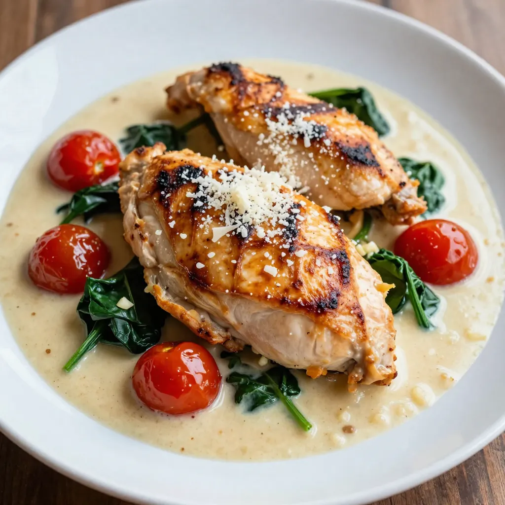 - 4 boneless, skinless chicken breasts - 2 tablespoons olive oil - 1 tablespoon unsalted butter - 4 cloves garlic, finely minced - 1 cup cherry tomatoes, halved - 1 cup fresh spinach leaves, packed - 1 cup heavy cream - ½ cup freshly grated Parmesan cheese - 1 teaspoon dried Italian herbs (oregano, basil, thyme mix) - Salt and freshly cracked black pepper to taste - Fresh basil leaves for garnish (optional) When cooking, you want to be precise with your measurements. Here are the units you'll use: - Tablespoons (tbsp) for liquids and fats - Cups for solid and liquid ingredients - Teaspoons (tsp) for smaller amounts like herbs and spices You can swap ingredients to fit your needs. Here are some ideas: - Chicken: Use turkey or even firm tofu for a plant-based option. - Olive oil: Vegetable oil or avocado oil works well too. - Heavy cream: Coconut cream or half-and-half can replace heavy cream. - Parmesan cheese: Use Pecorino Romano or nutritional yeast for a dairy-free option. - Spinach: Kale or Swiss chard can be good substitutes for spinach. These swaps maintain flavor while catering to dietary needs. Enjoy experimenting! {{ingredient_image_2}} Start by taking the chicken breasts. Season both sides with salt and pepper. This step adds flavor to the chicken. If you skip this, the chicken may taste plain. Make sure to cover all areas well. Set the chicken aside while you heat the pan. Next, heat a large skillet over medium-high heat. Add the olive oil and butter once it's hot. The butter will melt and bubble. This is your cue to add the chicken. Sear each breast for about 5 to 7 minutes. Look for a nice brown color. Check the internal temperature; it should read 165&deg;F. Once cooked, take the chicken out and place it on a plate. In the same skillet, lower the heat a bit. Add the minced garlic next. Saut&eacute; for about 30 seconds. Stir constantly to keep it from burning. Then, toss in the cherry tomatoes. Cook these for 2 to 3 minutes until they get soft. This adds a sweet and tangy flavor. Now, add the fresh spinach. Cook until it wilts, about 1 to 2 minutes. Reduce heat to low now. Pour in the heavy cream, stirring well. The cream will mix with the tomatoes and spinach. Gradually add the Parmesan cheese and Italian herbs. Keep stirring until the sauce is smooth and creamy. Finally, return the chicken to the skillet. Make sure each piece is well coated. Let it simmer for an extra 2 to 3 minutes. This helps the flavors blend beautifully. Taste the sauce. Adjust seasoning if needed. You can add more salt, pepper, or herbs based on your liking. For juicy chicken, cook each breast for 5-7 minutes per side. Use a meat thermometer to check for doneness. The internal temperature should reach 165&deg;F. Let the chicken rest for a few minutes after cooking. This keeps it moist and flavorful. Start by saut&eacute;ing garlic until fragrant. Be careful not to brown it, as that can make it bitter. After adding the cherry tomatoes, let them soften before mixing in the cream. This step helps build rich flavors. Gradually add Parmesan cheese until the sauce is smooth. Stir constantly for the best texture. Season your chicken well with salt and freshly cracked pepper. Use dried Italian herbs in the sauce for a burst of flavor. Taste the sauce and add more salt, pepper, or herbs as needed. Fresh basil can also elevate the dish. Always adjust to your personal taste for the best result. Pro Tips Rest the Chicken: Allow the chicken to rest for a few minutes after cooking. This helps the juices redistribute, ensuring a moist and tender chicken. Customize the Herbs: Feel free to use fresh herbs instead of dried for a more vibrant flavor. Fresh basil, parsley, or thyme can elevate the dish even more. Thicken the Sauce: If you prefer a thicker sauce, let it simmer a bit longer on low heat, or mix in a cornstarch slurry (1 tablespoon cornstarch mixed with 2 tablespoons water) until the desired consistency is reached. Pairing Suggestions: This creamy garlic Tuscan chicken pairs beautifully with a light salad or roasted vegetables, making for a well-rounded meal. {{image_4}} You can enhance the dish by adding mushrooms or peppers. Both options add great flavor and texture. If you choose mushrooms, slice them and saut&eacute; them with garlic. For peppers, chop them into strips and cook them with the tomatoes. This adds color and nutrition to your meal. To make this dish gluten-free, use a gluten-free pasta or serve it without pasta. Ensure that the chicken broth, if used, is gluten-free as well. The other ingredients in this recipe are naturally gluten-free. So, you can enjoy this creamy garlic Tuscan chicken worry-free. If you're looking for a vegetarian option, replace chicken with firm tofu or mushrooms. Press and cube the tofu, then saut&eacute; it until golden. For a heartier dish, use both mushrooms and spinach. Keep the creamy sauce and enjoy a rich, flavorful meal that everyone will love. You can store leftover Creamy Garlic Tuscan Chicken in the fridge. Place it in an airtight container. Make sure it cools down first. It will stay fresh for about 3 to 4 days. When you want to eat it again, grab it from the fridge and enjoy! If you want to keep it longer, you can freeze it. First, let the chicken cool completely. Then, wrap it tightly in plastic wrap. Place it in a freezer-safe bag or container. It will last about 2 to 3 months in the freezer. Just remember to label it with the date! When you're ready to eat, reheating is easy. For best results, thaw it overnight in the fridge. Then, heat it in a skillet over low heat. Stir gently until it's warm. You can also use the microwave, but be careful not to overcook it. Enjoy your tasty meal! You can serve this dish with many sides. I love pairing it with pasta. It soaks up the creamy sauce well. You might also try rice or quinoa for a healthy option. If you want something lighter, a fresh salad works great too. Garlic bread is another delicious choice. It adds a nice crunch and flavor. Yes, you can! If you want a stronger flavor, try using feta cheese. Goat cheese also adds a tangy taste. If you prefer something milder, mozzarella is a good choice. Just remember that different cheeses melt differently. This can change the sauce's texture. To make this dish dairy-free, swap the heavy cream with coconut milk. It gives a rich feel without dairy. Use nutritional yeast instead of Parmesan for a cheesy flavor. You can also use a dairy-free cheese. Just check the label for any hidden dairy. This way, you can enjoy the dish without dairy! This article covered the key ingredients for creamy garlic Tuscan chicken, along with cooking methods. We looked at how to prepare and sear the chicken, and how to make a smooth cream sauce. I shared tips for cooking it perfectly, as well as variations you can try based on your needs. Lastly, I provided storage info and answered common questions. Now you can confidently cook and enjoy this dish in many ways. Happy cooking!