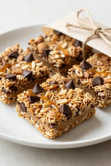 - 2 cups rolled oats - 1 cup creamy peanut butter - ⅓ cup honey or maple syrup - ½ cup brown sugar, packed - 1 teaspoon vanilla extract - ½ teaspoon salt - ½ cup mini chocolate chips - ¼ cup chopped nuts (almonds, walnuts, or your choice) - ¼ cup dried fruit (cranberries, raisins, or apricots) You might want to change some ingredients. If you can&rsquo;t find creamy peanut butter, try almond butter or sunflower seed butter. For sweeteners, use agave syrup or coconut sugar. You can also swap out the nuts for seeds like pumpkin or sunflower seeds. If you want a fruity touch, use any dried fruit you love, such as figs or dates. Each bar has about 200 calories. They hold 9 grams of fat and 4 grams of protein. You also get 3 grams of fiber from the oats and dried fruit. This snack gives you energy without a sugar crash, making it a great choice for kids and adults alike. {{ingredient_image_2}} Start by preparing your 8x8 inch baking dish. Preheat your oven to 350&deg;F (175&deg;C). Line the dish with parchment paper, leaving some overhang. This will help you lift the bars out later. Next, gather all your ingredients. You will need rolled oats, creamy peanut butter, honey or maple syrup, brown sugar, vanilla extract, salt, mini chocolate chips, chopped nuts, and dried fruit. Make sure everything is ready for mixing. In a large mixing bowl, combine the rolled oats, chopped nuts, and dried fruit. Stir these dry ingredients well. This ensures even distribution. In a medium saucepan, mix the creamy peanut butter, honey or maple syrup, brown sugar, vanilla extract, and salt. Heat this mixture over low heat for 2-3 minutes. Stir it continuously until the peanut butter melts and the mixture is smooth. Make sure the sugar dissolves completely. Carefully pour the warm peanut butter mixture over the dry ingredients. Use a spatula to mix everything together. Make sure every oat, nut, and piece of dried fruit is well-coated. After this, let the mixture cool slightly. Fold in the mini chocolate chips gently. This helps to prevent them from melting into the mix. Now it's time to bake. Transfer the mixture into your prepared baking dish. Use the spatula to press it firmly into the pan. Make sure it is packed evenly, especially in the corners. Place the baking dish in the preheated oven. Bake for about 15-20 minutes. Watch closely until the edges turn lightly golden brown. Once baked, remove it from the oven and let it cool in the pan for at least 20 minutes. After cooling, use the parchment overhang to lift the granola block out of the pan and onto a cutting board. Cut it into bars or squares based on your serving size. Allow the bars to cool completely before storing them in an airtight container. When making granola bars, it&rsquo;s vital to avoid common mistakes. Over-mixing can make your bars too crumbly. Mix just until all ingredients combine. Over-baking can dry them out. Bake until the edges are golden brown, about 15-20 minutes. Always keep an eye on them! To cut your bars, let them cool in the pan for 20 minutes. Use a sharp knife for clean edges. If you want even bars, score the mixture lightly before it cools. Store your bars in an airtight container at room temperature. This keeps them fresh and chewy for days. Granola bars are tasty on their own, but you can make them even better! Try topping them with yogurt or drizzling honey on top. Pair them with fresh fruit for a snack. You can also wrap them in parchment paper for a cute, portable treat. Pro Tips Choose Your Sweetener: Honey and maple syrup will give different flavors; experiment to find your favorite! Storage Tips: Store in an airtight container to maintain freshness; these bars can last up to a week. Customize Your Mix: Add your favorite ingredients such as chia seeds or coconut flakes for a unique twist. Cutting Technique: Use a sharp knife and cut when the bars are still slightly warm for cleaner edges. {{image_4}} You can change the taste of your granola bars easily. Try adding coconut for a tropical twist. Sunflower seeds give a nice crunch. You can also mix in chia seeds for extra fiber. Dried fruit like apricots or figs adds sweetness. The options are endless, so feel free to get creative! Making these bars fit your diet is simple. To make them gluten-free, use certified gluten-free oats. For a nut-free version, swap peanut butter with sunflower seed butter. If you want a vegan option, use maple syrup instead of honey. These small changes keep the bars delicious and accessible for everyone. Seasonal flavors can make your granola bars exciting. In fall, add pumpkin spice for warmth. For summer, mix in fresh berries or a hint of lemon. Around the holidays, try adding cinnamon and nutmeg. These changes not only taste great but also make your treats festive! To keep your Peanut Butter Chocolate Chip Granola Bars fresh, store them in an airtight container. This keeps moisture out and helps maintain their chewy texture. You can place parchment paper between layers to prevent sticking. Keep the container in a cool, dry place away from direct sunlight. If you want to freeze them, first cut the bars into squares. Wrap each square in plastic wrap or foil. Then, place them in a freezer-safe bag or container. This protects them from freezer burn. To thaw, simply take out a bar and let it sit at room temperature for about 30 minutes. You can also microwave it for 10-15 seconds for a quick thaw. Homemade granola bars can last up to one week at room temperature. If you store them in the fridge, they can last up to two weeks. Frozen bars can stay fresh for up to three months. Always check for any signs of spoilage before eating, like an off smell or unusual texture. Yes, you can use other nut butters. Almond butter works well and has a nice flavor. Sunflower seed butter is a great option for nut-free diets. Both will give you a tasty granola bar. Just remember, each type of nut butter may change the texture a bit. To make your granola bars gluten-free, use gluten-free oats. Check the package to ensure they are certified gluten-free. You can also swap regular flour for almond flour or coconut flour in some recipes. These simple changes keep your bars safe for those who need gluten-free options. You can cut down on sugar, but the bars may change a bit. Try using ripe bananas or applesauce for sweetness. These options add flavor without the extra sugar. If you want to keep some sweetness, use less honey or maple syrup. Just remember, each change may alter the final taste slightly. In this post, I shared how to make tasty granola bars. I covered ingredients, including oats and peanut butter, and gave you options for substitutions. You learned the steps for preparing, mixing, and baking the bars. I also shared tips for cutting, storing, and serving. Finally, don't be afraid to experiment with flavors and dietary needs. Your homemade bars can be both healthy and delicious! Enjoy your baking journey and feel free to customize these recipes to fit your taste!