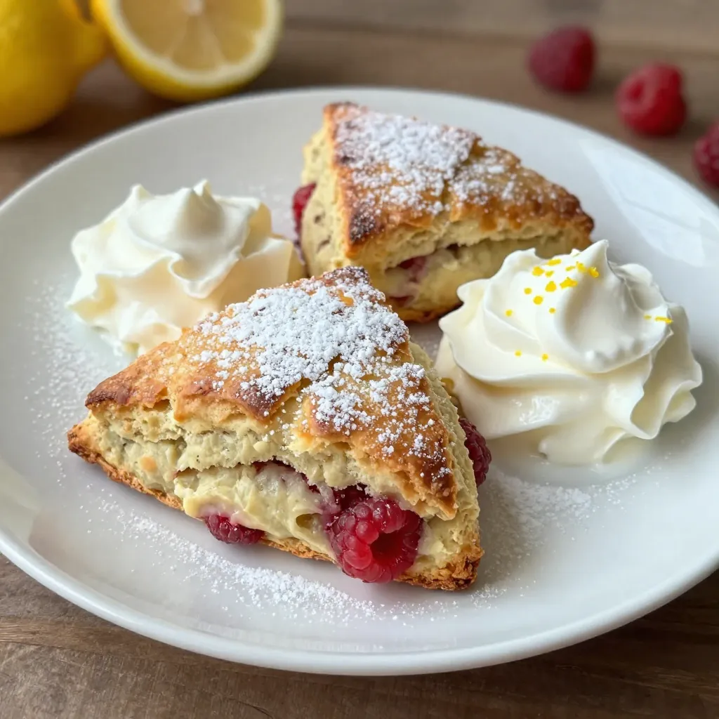 - 2 cups all-purpose flour - ⅓ cup granulated sugar - 1 tablespoon baking powder - ½ teaspoon salt - ½ cup unsalted butter, cold and cubed - ½ cup fresh raspberries, rinsed and patted dry - Zest of 1 medium lemon - ½ cup heavy cream - 1 large egg, at room temperature - 1 teaspoon pure vanilla extract - 1 tablespoon fresh lemon juice For this recipe, the measurements are key. Use exactly 2 cups of all-purpose flour. The sugar adds sweetness, so ⅓ cup works well. The baking powder helps the scones rise, so one tablespoon is just right. A pinch of salt, at ½ teaspoon, balances the flavors. The butter must be cold and cubed, measuring ½ cup. Fresh raspberries need to be ½ cup, rinsed but not crushed. Zest from one lemon adds bright flavor, while ½ cup of heavy cream keeps the scones moist. One large egg, at room temperature, binds everything together. Finally, 1 teaspoon of vanilla extract and 1 tablespoon of fresh lemon juice add depth to the scones. If you do not have all-purpose flour, you can use whole wheat flour. It gives a nuttier taste. For sugar, consider using coconut sugar or honey, but adjust the amount. Baking powder is essential, but you can use baking soda with lemon juice for a similar effect. If you need a dairy-free option, use coconut oil instead of butter and almond milk in place of heavy cream. For the egg, a flaxseed egg works as a vegan substitute. Just mix 1 tablespoon of ground flaxseed with 2.5 tablespoons of water and let it sit for a few minutes. {{ingredient_image_2}} 1. First, preheat your oven to 400&deg;F (200&deg;C). This step is key for a nice bake. 2. Line a baking sheet with parchment paper. This prevents the scones from sticking. 3. In a big bowl, mix together these dry ingredients: - 2 cups all-purpose flour - ⅓ cup granulated sugar - 1 tablespoon baking powder - ½ teaspoon salt Whisk them well to blend fully. 4. Add in ½ cup cold, cubed unsalted butter. Use a pastry cutter or your fingers. Work it into the flour until it looks like coarse sand. 5. Gently mix in ½ cup fresh raspberries and the zest of 1 lemon. Be careful not to crush the berries. 6. In another bowl, whisk together: - ½ cup heavy cream - 1 large egg - 1 teaspoon pure vanilla extract - 1 tablespoon fresh lemon juice Mix until smooth. 7. Pour the wet mix into the dry ingredients. Stir with a spatula until combined. The dough should be a bit sticky. Don&rsquo;t overmix! 8. Turn the dough onto a floured surface. Knead it gently just 3 to 4 times. 9. Shape the dough into a flat circle about 1 inch thick. Cut it into wedges or use a round cutter. 10. Place the scones on the lined baking sheet. Brush the tops with a bit of cream for a golden finish. 11. Bake for 15 to 20 minutes. Look for a golden color and a nice smell. 12. Let the scones cool on the sheet for 5 minutes. Then, move them to a wire rack. This helps them cool completely. 13. Serve warm, dusted with powdered sugar. For an extra treat, add whipped cream or lemon curd on the side. Enjoy the fresh flavors! To make the best scones, keep a few tips in mind: - Use cold butter. This helps create a flaky texture. - Don&rsquo;t overmix the dough. Mix until just combined for softer scones. - Use fresh raspberries. They add juicy flavor and brighten the scones. - Preheat your oven. This ensures even baking and a golden crust. Avoid these common mistakes: - Overworking the dough. This leads to tough scones. - Not measuring ingredients accurately. Use a scale or measuring cups for best results. - Using warm butter. This can melt the dough and affect the texture. - Not letting the dough rest. Allowing it to chill helps improve the final product. To achieve the perfect scone texture, follow these steps: - Mix dry ingredients well. This helps distribute the baking powder evenly. - Incorporate butter properly. Aim for a crumbly texture that resembles coarse sand. - Add wet ingredients slowly. This keeps the dough from becoming too sticky. - Knead gently. Only knead a few times to bring the dough together. - Shape carefully. Keep the dough about one inch thick for even baking. Pro Tips Use Cold Ingredients: Ensure your butter and cream are cold to create a flaky texture in the scones. Be Gentle with Raspberries: Fold in the raspberries carefully to prevent them from breaking and turning your dough pink. Check for Doneness: Bake until golden brown; the scones should sound hollow when tapped on the bottom. Storing Scones: Keep leftover scones in an airtight container at room temperature for up to 2 days for optimal freshness. {{image_4}} You can switch up the flavors in your scones easily. Instead of raspberries, use blueberries for a sweet twist. Blueberries offer a nice burst of flavor and pair well with lemon. You could also try chocolate chips for a rich treat. The mix of sweet chocolate and tart lemon is delightful. Feel free to get creative and use other fruits too, like strawberries or peaches. If you need a gluten-free option, substitute the all-purpose flour. Use a gluten-free flour blend instead. Make sure it has a good structure for baking. You can also add a bit of xanthan gum to help with texture. This will keep your scones tender and fluffy without gluten. Herbs and spices can add a unique twist to your scones. Try adding a hint of fresh thyme or rosemary for a savory touch. This contrast works well with the lemon&rsquo;s brightness. You could also sprinkle in some cinnamon for warmth. Just be careful not to overpower the lemon flavor. A pinch can go a long way! To keep your leftover scones fresh, place them in an airtight container. This will keep them moist. You can also wrap them in plastic wrap before putting them in a container. Store them at room temperature for up to two days. If you want to keep them longer, consider freezing. To freeze your scones, let them cool completely. Then, wrap each scone tightly in plastic wrap. Place the wrapped scones in a freezer-safe bag or container. Label it with the date. Scones can stay fresh in the freezer for up to three months. When you're ready, you can thaw them at room temperature or pop them in the oven. Reheating scones is easy. Preheat your oven to 350&deg;F (175&deg;C). Place the scones on a baking sheet. Heat them for about 10 minutes. This will help restore their warmth and freshness. You can also microwave them for about 15-20 seconds, but this may make them a bit soft. Enjoy your scones warm for the best taste! You will know scones are done when they are golden brown. They should also feel firm to the touch. If you insert a toothpick, it should come out clean or with just a few crumbs. This means they are baked through. Keep an eye on them during the last few minutes to avoid overbaking. Yes, you can make the dough ahead of time. Once mixed, wrap it tightly in plastic wrap. Place it in the fridge for up to 24 hours. This helps the flavors blend well. When you are ready to bake, shape and cut the scones. Bake them straight from the fridge for a fresh treat. Raspberry lemon scones pair well with many tasty options. Here are some ideas: - Whipped cream for a rich topping - Lemon curd for a zesty kick - Fresh berries to add color and flavor - A cup of tea or coffee for a cozy treat We covered the key ingredients, precise measurements, and substitutes for your scone recipe. I shared easy step-by-step instructions, tips for perfect texture, and common mistakes to avoid. You learned about tasty variations and how to store and reheat your scones effectively. Now you have all the tools to bake delightful scones. Enjoy experimenting with flavors and textures. Happy baking!