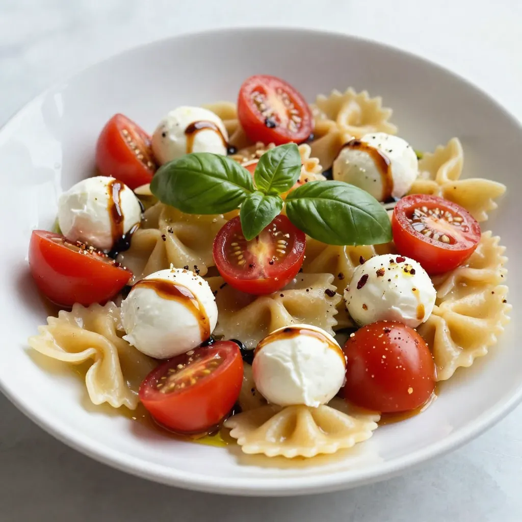 - Pasta type recommendations Use 2 cups of farfalle or fusilli pasta. Both hold sauce well. - Fresh produce details You need 1 cup of halved cherry tomatoes. Fresh mozzarella balls, also halved, add creaminess. Use ½ cup of loosely torn fresh basil leaves for a burst of flavor. - Optional ingredients for customization Add ¼ teaspoon of red pepper flakes for a spicy kick if you like heat. This simple touch can elevate your dish. {{ingredient_image_2}} To start, boil your pasta right. Use a large pot and fill it with water. Add a good amount of salt. Heat the pot until the water bubbles. Once boiling, add the pasta. Cook it for about 8-10 minutes. You want it to be al dente, which means it should still have a slight bite. To check, taste a piece. If it feels firm but not hard, it&rsquo;s ready. After cooking, drain the pasta. Rinse it under cold water to stop it from cooking further. This keeps the pasta from getting mushy. For the dressing, gather these ingredients: - 3 tablespoons extra virgin olive oil - 2 tablespoons balsamic vinegar - 1 teaspoon garlic powder - Salt and freshly cracked black pepper to taste - Optional: ¼ teaspoon red pepper flakes In a small bowl, add the olive oil, balsamic vinegar, garlic powder, salt, and pepper. Use a whisk to mix them together. You want it to blend well. If you like a bit of heat, add the red pepper flakes. This gives the dressing a nice kick. Now, let&rsquo;s combine the salad. In a large mixing bowl, add the cooled pasta. Then, fold in the halved cherry tomatoes and mozzarella balls. Finally, add the torn basil leaves. This order helps keep the basil from getting bruised. Once everything is in the bowl, drizzle the dressing over the top. Gently toss all the ingredients together. Make sure every piece is coated in the dressing. This way, you enjoy the full flavor in each bite. After mixing, cover the bowl with plastic wrap or a lid. Pop it in the fridge for at least 30 minutes. Chilling allows the flavors to blend and taste better. When you&rsquo;re ready to serve, you can enjoy it chilled or at room temperature. For a fun touch, serve it in individual bowls. You can add extra basil leaves on top and a drizzle of balsamic reduction. A sprinkle of Parmesan cheese can make it extra special, too. To make the best Tomato Basil Caprese Pasta Salad, start with fresh ingredients. Choose ripe cherry tomatoes. They should be bright and firm. Fresh mozzarella should feel soft but not mushy. Look for mozzarella balls packed in water for the best flavor. For herbs, always use fresh basil. The smell should be strong and sweet. Avoid any leaves that look brown or wilted. When it comes to seasoning, keep it simple but effective. A good sprinkle of salt enhances the flavors. Freshly cracked black pepper adds a nice bite. If you want some heat, add red pepper flakes. Mix them in with the dressing for an extra kick. Serving style can elevate your dish. Try using individual bowls for a special touch. This makes it easy for guests to enjoy. You can also layer the salad in a clear glass bowl. It shows off the beautiful colors of the ingredients. For garnishing, add extra basil leaves on top. A light drizzle of balsamic reduction can add a rich finish. If you want to go all out, sprinkle freshly grated Parmesan cheese. This adds a creamy texture and depth of flavor. Pro Tips Choose the Right Pasta: For the best texture and flavor absorption, opt for pasta shapes like farfalle or fusilli that have plenty of nooks and crannies. Fresh Ingredients Matter: Using fresh mozzarella and basil will elevate the dish's taste significantly, making your salad more vibrant and flavorful. Chill for Flavor: Allowing the salad to chill for at least 30 minutes before serving helps the flavors meld together, enhancing the overall taste experience. Customize Your Kick: Adjust the amount of red pepper flakes to your preference if you like a little heat, or omit them entirely for a milder dish. {{image_4}} You can change the pasta type to fit your taste. Farfalle and fusilli work well, but you can also use spaghetti or penne. Each pasta brings a unique shape that holds the dressing nicely. For cheese, mozzarella is classic. However, you can try burrata for creaminess. Feta adds a tangy twist, while goat cheese brings a rich flavor. You can even mix cheeses for added depth. While the balsamic vinaigrette is delicious, you have options. A lemon vinaigrette gives a bright, zesty kick. For a herby touch, try a basil vinaigrette. You can also make a creamy dressing with yogurt or sour cream. Just mix it with olive oil, garlic, and some herbs. Scaling the recipe is easy. You can double or halve the ingredients based on your needs. Just remember to adjust the cooking time for the pasta. More pasta may take a bit longer to cook. If you need a smaller portion, cut the ingredients in half, but keep the same cooking time for the pasta. To keep your Tomato Basil Caprese Pasta Salad fresh, choose the right container. A glass or plastic airtight container works well. If you don't have one, a bowl covered with plastic wrap is fine too. Make sure to cool the salad to room temperature before storing it. This helps avoid condensation and sogginess. Store the salad in the fridge. It stays good for about three days. If you notice the basil wilting, simply remove it before serving. To keep flavors bright, wait to add fresh basil until you're ready to eat. You can enjoy this salad cold or at room temperature, which keeps its fresh taste. If you prefer it warm, gently reheat it in a pan over low heat. Stir it often to avoid sticking. You can also microwave it in short bursts, about 30 seconds at a time, stirring in between. The best serving temperature is just warm, not hot. This way, the fresh flavors of the tomatoes and basil shine through. If the salad feels dry after reheating, drizzle a little more olive oil or balsamic vinegar for extra flavor. How can I make this pasta salad vegan? To make this salad vegan, simply swap out the mozzarella. Use a plant-based cheese or skip it entirely. Both options work well and keep the dish fresh. You can add more veggies to enhance the flavor. Consider adding avocado or artichokes for creaminess. Can I prepare this salad in advance? Yes, you can prepare this salad ahead of time. Make it up to a day in advance. Just store it in the fridge, covered. The flavors blend nicely when chilled. If you worry about sogginess, hold off on adding the dressing until just before serving. What can I serve with Tomato Basil Caprese Pasta Salad? This pasta salad pairs well with grilled chicken or fish. It also goes great with crusty bread or a light soup. You could even serve it alongside a fresh green salad for a full meal. It's perfect for picnics or potlucks, too! In this blog post, we explored how to make a tasty pasta salad. We covered the right ingredients, from pasta types to fresh produce. You learned the steps to cook pasta, make a dressing, and combine everything perfectly. Plus, I shared tips to enhance flavor and creative presentation ideas. We discussed ways to customize your salad and how to store leftovers. Remember, with simple swaps and adjustments, you can make this dish fit your taste. Enjoy making a delicious pasta salad that impresses friends and family!