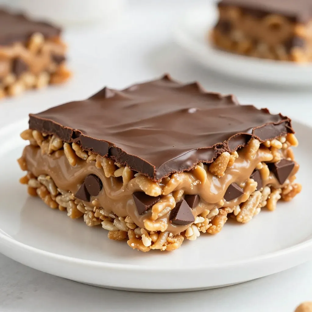 To make Peanut Butter Chocolate Rice Krispie Treats, gather these simple ingredients: - 4 cups Rice Krispies cereal - 1 cup creamy peanut butter - 1 cup semi-sweet chocolate chips - ½ cup light corn syrup - ½ cup granulated sugar - 1 teaspoon vanilla extract - Pinch of salt If you have dietary restrictions, you can still enjoy these treats. Here are some options: - Use brown rice cereal for a gluten-free version. - Swap creamy peanut butter with almond or cashew butter for nut allergies. - Substitute corn syrup with agave syrup or honey for a different sweetener. - Choose dairy-free chocolate chips to make it vegan friendly. For the best flavor and texture, I recommend these brands: - Rice Krispies: Kellogg's offers the classic crunch. - Peanut Butter: Jif or Skippy both provide a smooth consistency. - Chocolate Chips: Ghirardelli or Nestl&eacute; Toll House deliver rich, semi-sweet flavor. - Corn Syrup: Karo is the go-to brand for sweetening your treats. Using quality ingredients makes a big difference in taste. Enjoy making your treats! {{ingredient_image_2}} Start by lining an 8x8 inch baking dish with parchment paper. Make sure the paper hangs over the sides. This will help you lift out the treats later. Lightly spray the parchment with non-stick cooking spray. This step prevents the treats from sticking. In a medium saucepan, mix the light corn syrup, granulated sugar, and a pinch of salt. Heat the mixture over medium heat. Stir constantly until it starts to boil, which should take about 2-3 minutes. Once it boils, remove the saucepan from heat. Quickly add the creamy peanut butter. Stir until the mixture is smooth. Then, mix in the vanilla extract. Pour the Rice Krispies into a large bowl. Gently pour the warm peanut butter mixture over the cereal. Use a spatula to fold the ingredients together. Make sure every piece of cereal gets coated. Then, mix in ¾ cup of chocolate chips. The warm mixture will melt the chips a little, making it gooey and sweet. In a microwave-safe bowl, place the remaining ¼ cup of chocolate chips. Microwave the chips in 20-second bursts, stirring each time. Continue until the chocolate is fully melted and smooth. Carefully drizzle the melted chocolate over the pressed Rice Krispie mixture. Let it spread a little for a lovely marbled look. To achieve the best-coated Rice Krispie treats, follow these steps: - Warm Ingredients: Make sure your peanut butter is at room temperature. This helps it mix better with the corn syrup. - Use a Spatula: Use a large spatula to mix the cereal and the warm peanut butter mixture. Fold gently to avoid crushing the cereal. - Press Firmly: When you transfer the mixture to the baking dish, press it down firmly. This helps the treats hold their shape later. To keep your treats fresh and tasty, store them in an airtight container. Here are a few tips: - Room Temperature: They last well at room temperature for up to 3 days. - Refrigeration: For longer freshness, store them in the fridge for up to a week. - Avoid Freezing: Freezing can change the texture, so it's best to enjoy them fresh. Avoid these common pitfalls for perfect treats: - Overheating the Mixture: If you heat the corn syrup too long, it can harden. Keep an eye on it while it boils. - Not Mixing Enough: Be sure to coat all the cereal pieces. Uneven coating can lead to dry spots in the treats. - Skipping the Chill Time: Chilling helps the treats set properly. Don't rush this step for the best texture. Pro Tips Use Fresh Ingredients: Make sure your peanut butter and chocolate chips are fresh for the best flavor and texture in your treats. Press Firmly: When transferring the mixture to the baking dish, press down firmly to ensure the treats hold together well once set. Experiment with Mix-Ins: Feel free to add in nuts, dried fruits, or even a sprinkle of sea salt for a delightful twist on the classic recipe. Store Properly: Keep the Rice Krispie treats in an airtight container at room temperature for up to a week to maintain their freshness. {{image_4}} If you want a nut-free treat, you can swap creamy peanut butter for sun butter. Sun butter tastes great and makes these treats safe for kids with nut allergies. You can also try soy nut butter. Both options provide a creamy texture without nuts. Mixing in extras can take your treats to the next level. You can add mini marshmallows to create a chewy texture. Chopped nuts also add a nice crunch. Try adding pretzel pieces for a salty twist. Just remember to fold them in gently after mixing the cereal. Want to switch up the flavor? You can add butterscotch chips for a sweeter note. Coconut flakes can bring a tropical vibe to your treats. You might even add a bit of cocoa powder for a rich chocolate flavor. Get creative and make the recipe your own! To keep your Peanut Butter Chocolate Rice Krispie Treats fresh, store them in an airtight container. This keeps moisture out and helps them stay crispy. Place parchment paper between layers if stacking, so they don&rsquo;t stick together. Store them at room temperature for up to five days. If you want to save some for later, freezing is a great option. Wrap each treat in plastic wrap tightly. Then, place them in a freezer-safe bag or container. These treats can last up to three months in the freezer. Label the bag with the date for easy reference. When you're ready to enjoy your treats again, take them out of the freezer. Let them thaw in the fridge for a few hours or at room temperature for about 30 minutes. If you want them warm and soft, microwave each treat for about 10 seconds. This will help restore the gooey texture and melt the chocolate slightly. Enjoy! You can replace corn syrup with honey or maple syrup. Both options work well. They add sweetness and help bind the treats. Just use the same amount as corn syrup in the recipe. Yes, you can use crunchy peanut butter! It will add a nice texture to the treats. Some people love the extra crunch it gives, making each bite more fun. The treats can last up to a week at room temperature. Store them in an airtight container. This keeps them soft and fresh for longer. Yes, you can make them vegan! Use a plant-based butter and maple syrup. Also, choose dairy-free chocolate chips. This way, everyone can enjoy these tasty treats! In this post, we explored ingredients, step-by-step instructions, tips, variations, and storage for treats. You learned how to choose the right ingredients and make substitutes for dietary needs. The steps guide you to mix and present your treats perfectly. I shared smart tips to avoid common mistakes and keep your treats fresh. Lastly, we discussed different flavors and how to store leftovers. Enjoy making these delicious treats, and don&rsquo;t hesitate to get creative with your mix-ins!
