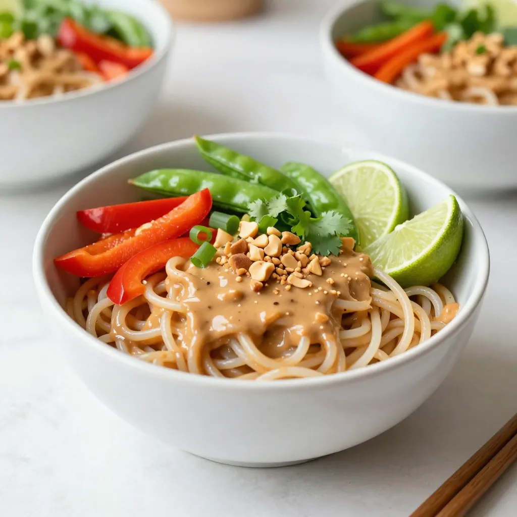- 8 oz rice noodles - 1 cup cooked chicken, shredded (or tofu) - 1 red bell pepper, thinly sliced - 1 cup snap peas, trimmed and halved - 1 carrot, julienned - 4 green onions, sliced - ¼ cup fresh cilantro, coarsely chopped - ¼ cup creamy peanut butter - 3 tablespoons soy sauce - 2 tablespoons sriracha - 1 tablespoon fresh lime juice - 1 tablespoon sesame oil - Crushed peanuts - Lime wedges - Salt and black pepper Gather these ingredients before you start. The rice noodles form the base of your bowl. You can choose chicken or tofu for protein. Fresh veggies add color and crunch. The peanut sauce is key to the dish. It brings everything together with rich flavor. Don’t forget the garnishes! They add extra texture and taste. Using fresh ingredients makes a big difference. Fresh cilantro and lime brighten the dish. Choose ripe vegetables for the best flavor. This recipe is easy to adapt. You can swap in your favorite veggies or protein. Enjoy making this dish your own! {{ingredient_image_2}} - Boiling the rice noodles: Start by bringing a large pot of water to a boil. Add 8 oz of rice noodles to the pot. Cook them for about 5-7 minutes. You want them al dente, so check the package for exact times. - Rinsing and cooling: Once cooked, drain the noodles. Rinse them under cold water. This stops the cooking and keeps them from getting sticky. Set them aside to cool. - Combining ingredients: In a medium bowl, mix ¼ cup of creamy peanut butter, 3 tablespoons of soy sauce, 2 tablespoons of sriracha, 1 tablespoon of lime juice, and 1 tablespoon of sesame oil. - Achieving desired consistency: Whisk the mixture until it is smooth. If it feels too thick, add a tablespoon of warm water. Keep mixing until it gets creamy and pourable. - Heating the skillet: Heat a large skillet over medium heat. Add a splash of sesame oil to coat the bottom. - Cooking time and seasoning: Once the oil is hot, toss in the sliced red bell pepper, snap peas, and julienned carrot. Sauté them for about 4-5 minutes. Stir occasionally. You want them soft but still crisp. Season with salt and black pepper to taste. - Incorporating noodles, protein, and sauce: Lower the heat to low. Carefully add the cooked rice noodles and 1 cup of shredded chicken or tofu to the skillet. Pour in the peanut sauce and mix everything well. - Heating through: Toss the mixture gently until all parts are evenly coated. Heat it for about 2-3 minutes until warm. - Portioning into bowls: Use tongs or a large spoon to divide the noodle mixture into serving bowls. - Adding garnishes and lime wedges: Top each bowl with sliced green onions, chopped cilantro, and crushed peanuts. Serve with lime wedges on the side for extra zest. Enjoy your vibrant, spicy peanut noodle bowls! To make the peanut sauce just right, you can tweak it. If it feels too thick, add warm water. Start with a tablespoon and mix well. Keep adding until it’s creamy and smooth. For spice, adjust the sriracha to your taste. Add more for heat or less for mildness. This sauce should fit your flavor needs, so don't hesitate to play with it! Feel free to swap the veggies if you want! Broccoli, zucchini, or bell peppers can work great. You can also use bok choy or baby corn for a fun twist. Just ensure your chosen veggies cook in a similar time frame. This keeps everything crisp and fresh, adding color to your bowl. You can customize your spicy peanut noodle bowls for any meal. They are great for lunch or dinner. If you make them ahead, store the sauce separately. This keeps the noodles and veggies fresh. When ready to eat, just mix and heat. Serve with lime wedges for a fresh kick. These tips help you enjoy this dish any time! Pro Tips Adjusting Spice Level: If you prefer a milder dish, start with less sriracha and gradually add more until you reach your desired heat level. Vegetable Variations: Feel free to mix and match vegetables based on what you have on hand; broccoli, zucchini, or baby corn work great in this recipe! Make Ahead: You can prepare the peanut sauce and chop the vegetables in advance to save time on busy weeknights. Garnishing: For an extra burst of flavor, consider adding a drizzle of lime juice over the top just before serving. {{image_4}} You can easily adapt this recipe for vegetarian or vegan diets. Replace the chicken with tofu. Tofu adds great protein and absorbs flavors well. Just press and cube it before cooking. For sauces, you can try alternatives like tahini or almond butter. These options give a different taste but work well with the dish. You can also use coconut aminos instead of soy sauce for a lighter flavor. If you need a gluten-free version, use gluten-free rice noodles. They cook just like regular noodles and taste great. For soy sauce, use tamari. Tamari is a gluten-free soy sauce alternative that still adds that rich umami flavor. To change the flavor of your spicy peanut noodle bowls, add spices or herbs. Try a dash of cayenne for more heat. Fresh basil or mint can add a fresh taste. You can also mix in a bit of ginger or garlic for extra depth. Experiment with these variations to find your perfect bowl! To keep your Spicy Peanut Noodle Bowls fresh, store leftovers in an airtight container. Make sure to cool them first. Place them in the fridge within two hours of cooking. They will stay good for about three days. When you store, try to keep the sauce separate if you can. This helps keep the noodles and veggies from getting too soggy. To reheat your noodle bowls, use the microwave or a skillet. If using the microwave, place the noodles in a bowl and cover it with a damp paper towel. Heat for one to two minutes, stirring halfway through. This trick helps the noodles stay soft. If using a skillet, add a splash of water to help with moisture. Heat on medium and stir gently until warmed through. This method keeps the veggies crisp and the noodles tender. Freezing is a good option if you have extra noodle bowls. First, let them cool completely. Divide them into single servings in freezer-safe containers. You can freeze them for up to two months. When ready to eat, move a bowl to the fridge overnight to thaw. For quick reheating, you can also use the microwave straight from the freezer. Just add a bit of water to help the noodles steam. Enjoy your delicious meal without losing flavor! Yes! You can prepare these bowls in advance. Cook the noodles and veggies as usual. Store them separately from the sauce. Keep them in airtight containers in the fridge. When you're ready to eat, toss everything together with the sauce. This keeps your noodles fresh and prevents them from getting soggy. If you have a peanut allergy, try almond butter or sunflower seed butter. Both give a nutty taste. You can also use tahini, which is made from sesame seeds. These options work well in the sauce, keeping it creamy. The spice level depends on how much sriracha you use. Start with the suggested 2 tablespoons for a mild kick. If you like it hotter, add more sriracha. You can also top it with red pepper flakes for extra heat. Adjust to your taste! Absolutely! You can add shrimp, beef, or tempeh for more protein. If using shrimp, sauté them until pink. For beef, slice it thin and cook until browned. Tofu is a great vegetarian option too. Just make sure to cook it well for flavor! In this post, we explored how to make delicious Spicy Peanut Noodle Bowls. You learned about key ingredients like rice noodles, chicken or tofu, and fresh veggies. We broke down the step-by-step cooking process, shared helpful tips, and suggested tasty variations. These bowls are easy to customize for any diet or flavor. With practice, you’ll perfect the peanut sauce and have a go-to meal for any occasion. Keep these ideas in mind as you cook, and enjoy your flavorful creations.