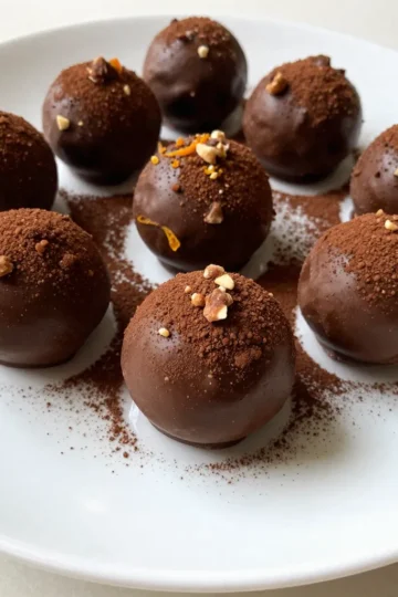- 8 ounces dark chocolate (70% cacao), finely chopped - 1 cup heavy cream - Zest of 1 large orange - 1 tablespoon freshly squeezed orange juice - 1 teaspoon pure vanilla extract - 1 cup cocoa powder (for dusting) - ½ cup finely chopped unsalted nuts Dark chocolate gives the truffles their rich flavor. I prefer chocolate with 70% cacao for a deep taste. The heavy cream helps create a smooth texture that melts in your mouth. Orange zest adds bright, zesty notes that pair well with the chocolate. Freshly squeezed orange juice enhances the orange flavor, making it fresh and vibrant. Pure vanilla extract rounds out the flavors, bringing warmth to the mix. The cocoa powder adds a classic dusting, while the nuts provide a nice crunch. If you don&rsquo;t have dark chocolate, you can use semi-sweet chocolate. It will be sweeter but still delicious. For a lighter option, try using light cream instead of heavy cream. If you can't use fresh orange juice, bottled juice works in a pinch, but fresh is best. You can replace vanilla extract with almond extract for a different flavor. Instead of cocoa powder, try using powdered sugar or crushed graham crackers for a unique twist. {{ingredient_image_2}} To make these chocolate orange truffles, follow these steps closely. First, grab a small saucepan. Pour in 1 cup of heavy cream. Heat the cream over medium heat until it simmers gently. Watch it closely to avoid boiling. Boiling can change how the truffles turn out. Next, remove the saucepan from the heat. Add 8 ounces of finely chopped dark chocolate to the hot cream. Stir it well until the chocolate melts fully. The mix should feel smooth and velvety. Now, it&rsquo;s time to add flavor. Stir in the zest of 1 large orange, 1 tablespoon of fresh orange juice, and 1 teaspoon of vanilla extract. Mix it all together until the flavors blend nicely. Let the mixture cool down to room temperature. Once it&rsquo;s cool, cover it with plastic wrap. Place it in the fridge for about 2 hours. This step is key to getting the right texture for the truffles. Melting chocolate can be tricky. Keep these tips in mind for a smooth result. Always use a heavy-bottomed saucepan. This helps distribute heat evenly. Stir constantly while the chocolate melts. This prevents it from burning. If you notice any lumps, keep stirring until it&rsquo;s fully melted. You can also use a double boiler if you prefer. Just fill a pot with water and place another bowl on top. This gentle heat will melt the chocolate slowly and safely. Once the chocolate mix is firm, it&rsquo;s time to shape your truffles. Use a small cookie scoop or your hands to take out small amounts. Aim for about 1 inch in diameter. Roll each piece gently into a ball. Now, for the fun part! You can roll the truffles in either cocoa powder or finely chopped nuts. This gives them a nice coating and adds extra flavor. Place the coated truffles on a parchment-lined tray. Chill them in the fridge for an additional 30 minutes. This helps them firm up before serving. Enjoy the rich taste of chocolate paired with a burst of orange! To boost the taste of your chocolate orange truffles, try these simple tips: - Use quality chocolate: A higher cacao content (70% or more) gives a rich flavor. - Fresh zest: Always use fresh orange zest. It adds bright notes that dried zest can't match. - Add a pinch of salt: Just a little salt can make the flavors pop. - Try liqueurs: A splash of orange liqueur can deepen the citrus notes. These tips will help you create truffles that are bursting with flavor. Here are some common mistakes to watch out for: - Overheating the cream: If the cream boils, it can ruin the truffle texture. Heat it just to a simmer. - Not cooling enough: Don't rush the chilling step. If the mixture is too warm, the truffles won&rsquo;t hold their shape. - Too much coating: When rolling the truffles, don&rsquo;t use too much cocoa or nuts. A light dusting works best. Avoiding these mistakes will lead to perfect truffles every time. Coating your truffles well is key to their look and taste. Follow these best practices: - Chill before coating: Make sure the truffles are firm before rolling them. This helps with easier handling. - Roll evenly: Use your hands to roll the truffles gently in cocoa or nuts. Aim for an even coat. - Experiment with coatings: Try using shredded coconut, powdered sugar, or even sprinkles for a twist. These practices will make your truffles not only tasty but also stunning! Pro Tips Use Quality Chocolate: The flavor of your truffles heavily depends on the quality of the chocolate you choose. Opt for high-quality dark chocolate with at least 70% cacao for a rich and intense taste. Chill for Perfect Texture: Allow the chocolate mixture to cool completely before refrigerating. This helps achieve the right consistency for rolling into truffles without melting in your hands. Experiment with Coatings: While cocoa powder and nuts are classic choices, feel free to get creative! Try rolling the truffles in shredded coconut, crushed freeze-dried fruit, or even edible glitter for a festive touch. Store Properly: To maintain freshness, store truffles in an airtight container in the refrigerator. They can last up to two weeks, but they are best enjoyed within the first week. {{image_4}} You can add more fun to your chocolate orange truffles. Try using liqueurs like Grand Marnier or Amaretto. Just add 1 to 2 tablespoons when mixing. This will give your truffles a unique twist. You can also add spices like cinnamon or nutmeg. A pinch can enhance the flavor and warmth. Experimenting brings new life to the classic taste. Coating your truffles can be a fun way to change things up. Instead of cocoa powder, roll them in finely shredded coconut. This adds a tropical flair. You can also use colorful sprinkles or crushed nuts. This not only makes them look great but adds texture, too. Choose a coating that matches your mood or theme. If you want a vegan option, swap the heavy cream for coconut cream. Use dairy-free chocolate with at least 70% cacao. This keeps the rich flavor without animal products. You can still enjoy the zest of orange and vanilla. These changes make the truffles fit for everyone. To keep your chocolate orange truffles fresh, store them in an airtight container. Place parchment paper between layers if you stack them. This prevents sticking and keeps them nice. Keep the container in the fridge, where the cool air helps maintain their shape and flavor. When stored properly, chocolate orange truffles last about two weeks in the fridge. After that, they may lose their great taste and texture. If you want to enjoy them longer, consider freezing them. To freeze your truffles, first chill them in the fridge until firm. Then, place them in a single layer on a baking sheet and freeze until solid. Once frozen, transfer them to a freezer-safe bag or container. They can last up to three months in the freezer. When ready to eat, let them thaw in the fridge for a few hours before serving. This way, you can enjoy that rich chocolate and zesty orange flavor even longer! To make chocolate orange truffles, start with dark chocolate and heavy cream. Heat the cream in a pan until it simmers. Don't let it boil. Then, remove it from heat and add finely chopped chocolate. Stir until it melts. Next, mix in orange zest, juice, and vanilla. Let it cool, then chill it in the fridge for two hours. After that, scoop out the mixture and roll it into balls. Finally, coat them in cocoa powder or nuts, and chill again. Enjoy the rich flavor! Yes, you can use milk chocolate. It will make the truffles sweeter and creamier. However, milk chocolate has less cocoa than dark chocolate. This change may alter the truffle's texture and flavor. If you choose milk chocolate, consider reducing the cream slightly. This will keep the truffles firm. Experiment with the taste to find your favorite style! You can find high-quality chocolate at specialty stores or online. Look for brands that use fine ingredients and have a high cocoa percentage. Local gourmet shops often have a good selection. You can also check farmers' markets. Buying from these places ensures fresh chocolate with rich flavor. Avoid standard grocery store brands, as they may lack quality. In this blog post, I shared how to make chocolate orange truffles. We covered the key ingredients and explained each one. You also learned step-by-step instructions for making the truffles, from melting chocolate to chilling. I gave expert tips and tricks to avoid common mistakes and enhance flavor. Plus, we explored variations and storage tips. Making these treats can bring joy to any occasion. Start your truffle-making adventure today!