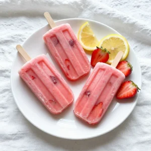 You need 2 cups of fresh strawberries. Make sure to hull and slice them. Fresh strawberries give the best flavor. They add natural sweetness and a bright color to the popsicles. You will need 1 cup of freshly squeezed lemon juice. This usually takes about 4 to 6 lemons. Fresh lemon juice brings a zesty kick. It balances the sweetness from the strawberries and sweetener. Choose ¾ cup of honey or agave syrup. This is your sweetener. You can adjust the amount based on your taste. Honey gives a rich flavor, while agave syrup is milder. For extra flavor, consider using the zest of 1 lemon. This adds a nice citrus punch. A pinch of salt enhances the overall taste. It makes all the flavors pop even more. You will need 1 ½ cups of water. This helps to blend everything smoothly. It also makes the popsicles easier to freeze and enjoy. {{ingredient_image_2}} First, gather your ingredients. You will need: - 2 cups fresh strawberries, hulled and sliced - 1 cup freshly squeezed lemon juice - ¾ cup honey or agave syrup - 1 ½ cups water - Zest of 1 lemon (optional) - A pinch of salt Make sure your strawberries are ripe. This will give the popsicles great flavor. Squeeze the lemons to get fresh juice. Measure out your ingredients carefully for the best results. Next, place all your ingredients into a blender. This includes the strawberries, lemon juice, sweetener, water, lemon zest, and salt. Blend on high speed until everything is smooth. You want a nice, even texture that mixes all the flavors together. After blending, taste your mixture. If you want it sweeter, add more honey or agave syrup. Blend again briefly to mix in any extra sweetener. This step is key to getting the perfect flavor. Now, carefully pour the mixture into popsicle molds. Leave a small gap at the top of each mold. This gap allows the popsicles to expand as they freeze. Make sure to fill each mold evenly for uniform popsicles. Insert popsicle sticks into the molds. Center them as best as you can. Place the molds into your freezer. Freeze them for at least 4 to 6 hours. You want them to be completely solid before enjoying. To release your popsicles, run warm water over the outside of the molds. Do this for a few seconds. You can also gently twist the molds to help loosen them. This makes it easier to pull out your frozen treats without breaking them. Lemon zest adds a bright flavor. It gives your popsicles a fresh kick. Just use a microplane to grate the outer yellow peel of the lemon. This step is easy and fun. Don't add too much, just a teaspoon will do. The zest makes your popsicles taste like summer. The sweetness can change based on your taste. Start with ¾ cup of honey or agave syrup. After blending, taste the mixture. If it's too tart, add more sweetener. Blend it again to mix well. You can make it just right for your family. Freezing takes time. Aim for at least 4-6 hours for solid popsicles. If they're not solid, they might break when you try to pull them out. I like to freeze mine overnight. This way, they're ready for a hot day. Removing popsicles can be tricky. Run warm water over the outside of the molds. This melts a bit of the ice and helps them slide out. You can also twist the molds gently. If they stick, don&rsquo;t yank them. Take your time for best results. Make your popsicles look beautiful! Serve them on a wooden board. Add fresh strawberry slices and lemon wedges around them. This adds color and makes the treats pop. It&rsquo;s a great way to impress your friends at summer parties. Pro Tips Fresh Ingredients: Use the ripest strawberries for the best flavor. The sweetness and juiciness of the fruit will enhance the overall taste of your popsicles. Adjusting Sweetness: Taste the mixture before freezing. You can always add more honey or agave syrup at this stage if it's not sweet enough for your liking. Freezing Tips: For easier removal, let the popsicles sit at room temperature for a few minutes before attempting to pull them out of the molds. Flavor Variations: Experiment with different fruits like raspberries or peaches, or add herbs like mint for a refreshing twist to your popsicles. {{image_4}} You can make your strawberry lemonade popsicles even more fun! Adding other fruits like raspberries or blueberries gives a nice twist. These fruits add bright colors and flavors. Simply blend them in with the strawberries. You can use one fruit or mix several. Try experimenting to find your favorite combo! Layered popsicles look beautiful and taste great. To create layers, blend your strawberry mix first. Pour a little into the molds and freeze for about an hour. Then, blend another fruit mix, like lemon or berry. Pour this on top of the frozen layer and freeze again. Repeat for more layers. This technique makes each bite special! If you want to change the sweetness, try different sweeteners. You can use agave syrup, maple syrup, or even stevia. Each sweetener has its own unique taste. Adjust the amount based on your preference. Just remember to blend well after adding any new sweetener. This way, you keep the popsicles smooth and tasty! Store your popsicles in the freezer. Make sure they are sealed well. If you leave them unsealed, they might get freezer burn. To avoid this, wrap each popsicle in plastic wrap. You can also use a resealable plastic bag. This keeps them fresh and tasty. Use popsicle molds for the best results. They help shape your popsicles perfectly. If you don&rsquo;t have molds, you can use small cups. Just place a stick in the center before freezing. For extra protection, consider using airtight containers. This helps keep out air and odors. These popsicles stay good for up to two months. After that, they may lose flavor and texture. To enjoy them at their best, eat them within a month. Always check for ice crystals or off smells before enjoying. If you notice any, it&rsquo;s best to toss them out. Yes, you can use frozen strawberries. They work well in popsicles. Just blend them like fresh ones. The flavor stays great. You may need to adjust the sweetness. Frozen strawberries can be sweeter, so taste before adding more. To adjust tartness, add more sweetener. Honey or agave syrup helps balance the taste. You can also add more strawberries for sweetness. If it's too sweet, squeeze in a bit more lemon juice. Taste after each change to get it just right. You can use maple syrup or simple syrup as substitutes. Both add sweetness without changing the flavor much. If you want a low-cal option, try stevia or monk fruit sweetener. Adjust the amount since these can be sweeter than honey. Yes, many stores sell ready-made strawberry lemonade popsicles. Look for natural options with real fruit. Always check the ingredients for added sugars and artificial flavors. Making them at home is often healthier and tastier. You can keep popsicles in the freezer for up to two months. Store them in an airtight container or a freezer bag. This helps prevent freezer burn. Label the container with the date so you know when to enjoy them! Making strawberry lemonade popsicles is fun and easy. We covered fresh strawberries, lemon juice, and sweeteners. You learned how to prepare, blend, and freeze your pops for the best taste. Tips for flavor and presentation keep your treats exciting. Variations let you use other fruits, creating unique flavors. Remember to store them well for long-lasting enjoyment. Try these tips, and enjoy your delicious treats!