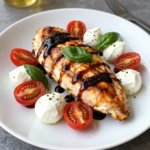 - 4 boneless, skinless chicken breasts - 1 cup cherry tomatoes, halved - 1 cup fresh mozzarella balls (bocconcini) - ½ cup fresh basil leaves - ½ cup balsamic glaze - 2 tablespoons olive oil - 1 teaspoon garlic powder - Salt and pepper to taste - Extra balsamic glaze for drizzling - Additional fresh basil leaves When I make Balsamic Glazed Caprese Chicken, I always start with fresh ingredients. The chicken breasts are the star of this dish. They need to be boneless and skinless for easy cooking. I love using cherry tomatoes because they add sweetness and color. Halving them makes them pop in the skillet. Fresh mozzarella balls, or bocconcini, add a creamy texture that pairs well with the tangy glaze. I make sure to grab fresh basil leaves for that aromatic finish. Balsamic glaze is key here; it adds a sweet and sour kick that ties everything together. I also use olive oil for searing the chicken, which helps build a golden crust. Garlic powder brings an extra layer of flavor, and I season with salt and pepper to taste. For a finishing touch, I like to drizzle extra balsamic glaze and add more fresh basil. This not only looks good but also enhances the dish's taste. Gathering these ingredients makes the whole cooking process feel exciting and fresh. Each component plays an important role in creating a flavorful and beautiful meal. {{ingredient_image_2}} - Preheat oven to 400&deg;F (200&deg;C) - Season chicken breasts with garlic powder, salt, and pepper To start, I heat my oven to 400&deg;F (200&deg;C). This step is key for perfect cooking. While the oven warms up, I take my chicken breasts. I sprinkle garlic powder, salt, and pepper on both sides. This adds a rich flavor that makes a big difference. Be generous with your seasoning for the best taste. - Heat olive oil in an oven-safe skillet over medium-high heat - Sear chicken breasts for 4-5 minutes on each side Next, I pour olive oil into a large oven-safe skillet. I heat it over medium-high heat until it shimmers. Then, I add the seasoned chicken breasts. I sear them for about 4-5 minutes on each side. This step gives the chicken a golden-brown crust. It locks in the juices and adds depth to the flavor. - Drizzle balsamic glaze over the chicken - Scatter cherry tomatoes and mozzarella balls around the chicken Once the chicken is seared, I drizzle balsamic glaze over the top. The sweet and tangy sauce really enhances the dish. I then scatter halved cherry tomatoes and fresh mozzarella balls around the chicken. This not only adds color but also a burst of flavor when cooked. - Transfer skillet to the oven and bake for 20-25 minutes - Check for an internal temperature of 165&deg;F (75&deg;C) Now it&rsquo;s time to bake! I carefully transfer the skillet to my preheated oven. I set a timer for 20-25 minutes. It's important to check the chicken&rsquo;s internal temperature. It should reach 165&deg;F (75&deg;C) for safe eating. This step ensures the chicken is juicy and fully cooked. - Sprinkle fresh basil leaves before serving - Allow to rest before plating After baking, I take the skillet out of the oven. I sprinkle fresh basil leaves over everything for a final touch. The aroma is amazing! I let the dish rest for a few minutes before serving. This helps the juices settle, making each bite even more flavorful. To boost flavor, try adding herbs like oregano or thyme. You can mix them with garlic powder for extra taste. When choosing balsamic glaze, opt for a high-quality brand. Look for one with rich flavor and no added sugars. A good glaze will add depth to your dish. To know when chicken is perfectly cooked, check its color. The meat should be white, not pink. Use a meat thermometer for the best results. Insert it into the thickest part of the chicken. When it hits 165&deg;F (75&deg;C), your chicken is ready to serve. For an attractive presentation, arrange the chicken on a large platter. Place the tomatoes and mozzarella around the chicken. Drizzle extra balsamic glaze over everything for shine. Garnish with fresh basil leaves for color and aroma. This makes your dish look as good as it tastes! Pro Tips Use Fresh Ingredients: Always opt for the freshest basil, mozzarella, and tomatoes to enhance the flavors of your dish. Perfectly Cooked Chicken: Use a meat thermometer to ensure your chicken reaches 165&deg;F (75&deg;C) for safe consumption and optimal juiciness. Customize the Glaze: Feel free to add a splash of honey or some crushed red pepper flakes to the balsamic glaze for extra sweetness or heat. Let it Rest: Allow the dish to rest for a few minutes after baking; this allows the juices to redistribute for better flavor in each bite. {{image_4}} You can change the cheese in this dish. Try goat cheese or feta for a twist. Both cheeses add a unique flavor. You can also mix in different vegetables. Bell peppers and zucchini work great. Their colors and textures enhance the dish. You have options for cooking your chicken. Grilling gives a smoky flavor and nice grill marks. Baking keeps it juicy and tender. Both methods are easy and tasty. If you want a softer texture, consider slow cooking. It makes the chicken very tender and flavorful. If you're gluten-free, this dish is already safe. Just ensure your balsamic glaze has no gluten. For low-carb options, skip the glaze. You still get great flavor from the chicken and veggies. This way, you can enjoy a lighter meal without missing out! To keep your Balsamic Glazed Caprese Chicken fresh, store it in the fridge. Place leftovers in an airtight container. This method helps to keep out moisture and air. Your dish can last for about 3 to 4 days in the refrigerator. If you want to freeze your dish, let it cool first. Cut the chicken into portions for easy thawing. Wrap each piece tightly in plastic wrap, then place it in a freezer bag. This way, it stays fresh for up to 3 months. To reheat, thaw it overnight in the fridge. Then, heat it in the oven at 350&deg;F (175&deg;C) until warmed through. Preparing ingredients ahead of time makes cooking easier. You can chop tomatoes and basil in advance. Store them in the fridge. For a quick meal, use leftover chicken in salads or wraps. You can also mix it with pasta for a tasty dish. Yes, you can use chicken thighs. They have more fat and stay juicy. Just adjust cooking time for thighs, as they may need a bit longer to cook through. To reheat, place the chicken in a skillet over low heat. Cover it to keep moisture. Heat until warmed through. You can also use a microwave, but be careful not to dry it out. You can! Swap chicken for firm tofu or thick slices of eggplant. Use the same seasonings and cooking method for a tasty dish. Check the internal temperature with a meat thermometer. It should reach 165&deg;F (75&deg;C). You can also cut into the chicken. The juices should run clear, and the meat should not be pink. This dish pairs well with a fresh salad or roasted veggies. You can serve it with rice or pasta too. A crusty bread also makes a nice side. This article covered a tasty recipe for Balsamic Glazed Caprese Chicken. You learned about selecting fresh ingredients, cooking methods, and garnishing tips. We also discussed how to store leftovers and make variations. I hope you find this dish easy and fun to make. Enjoy trying it with different flavors. Happy cooking!
