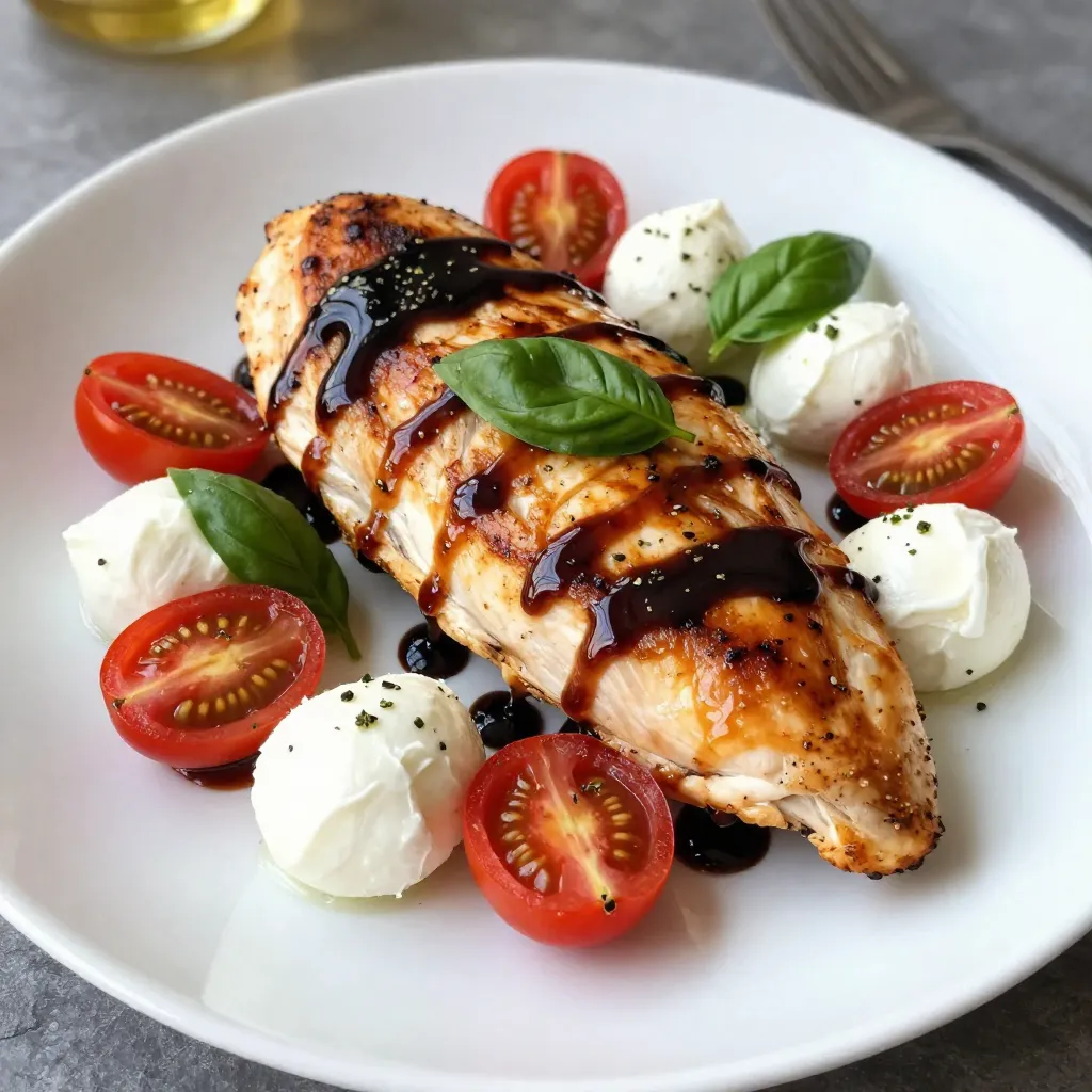 - 4 boneless, skinless chicken breasts - 1 cup cherry tomatoes, halved - 1 cup fresh mozzarella balls (bocconcini) - ½ cup fresh basil leaves - ½ cup balsamic glaze - 2 tablespoons olive oil - 1 teaspoon garlic powder - Salt and pepper to taste - Extra balsamic glaze for drizzling - Additional fresh basil leaves When I make Balsamic Glazed Caprese Chicken, I always start with fresh ingredients. The chicken breasts are the star of this dish. They need to be boneless and skinless for easy cooking. I love using cherry tomatoes because they add sweetness and color. Halving them makes them pop in the skillet. Fresh mozzarella balls, or bocconcini, add a creamy texture that pairs well with the tangy glaze. I make sure to grab fresh basil leaves for that aromatic finish. Balsamic glaze is key here; it adds a sweet and sour kick that ties everything together. I also use olive oil for searing the chicken, which helps build a golden crust. Garlic powder brings an extra layer of flavor, and I season with salt and pepper to taste. For a finishing touch, I like to drizzle extra balsamic glaze and add more fresh basil. This not only looks good but also enhances the dish's taste. Gathering these ingredients makes the whole cooking process feel exciting and fresh. Each component plays an important role in creating a flavorful and beautiful meal. {{ingredient_image_2}} - Preheat oven to 400&deg;F (200&deg;C) - Season chicken breasts with garlic powder, salt, and pepper To start, I heat my oven to 400&deg;F (200&deg;C). This step is key for perfect cooking. While the oven warms up, I take my chicken breasts. I sprinkle garlic powder, salt, and pepper on both sides. This adds a rich flavor that makes a big difference. Be generous with your seasoning for the best taste. - Heat olive oil in an oven-safe skillet over medium-high heat - Sear chicken breasts for 4-5 minutes on each side Next, I pour olive oil into a large oven-safe skillet. I heat it over medium-high heat until it shimmers. Then, I add the seasoned chicken breasts. I sear them for about 4-5 minutes on each side. This step gives the chicken a golden-brown crust. It locks in the juices and adds depth to the flavor. - Drizzle balsamic glaze over the chicken - Scatter cherry tomatoes and mozzarella balls around the chicken Once the chicken is seared, I drizzle balsamic glaze over the top. The sweet and tangy sauce really enhances the dish. I then scatter halved cherry tomatoes and fresh mozzarella balls around the chicken. This not only adds color but also a burst of flavor when cooked. - Transfer skillet to the oven and bake for 20-25 minutes - Check for an internal temperature of 165&deg;F (75&deg;C) Now it&rsquo;s time to bake! I carefully transfer the skillet to my preheated oven. I set a timer for 20-25 minutes. It's important to check the chicken&rsquo;s internal temperature. It should reach 165&deg;F (75&deg;C) for safe eating. This step ensures the chicken is juicy and fully cooked. - Sprinkle fresh basil leaves before serving - Allow to rest before plating After baking, I take the skillet out of the oven. I sprinkle fresh basil leaves over everything for a final touch. The aroma is amazing! I let the dish rest for a few minutes before serving. This helps the juices settle, making each bite even more flavorful. To boost flavor, try adding herbs like oregano or thyme. You can mix them with garlic powder for extra taste. When choosing balsamic glaze, opt for a high-quality brand. Look for one with rich flavor and no added sugars. A good glaze will add depth to your dish. To know when chicken is perfectly cooked, check its color. The meat should be white, not pink. Use a meat thermometer for the best results. Insert it into the thickest part of the chicken. When it hits 165&deg;F (75&deg;C), your chicken is ready to serve. For an attractive presentation, arrange the chicken on a large platter. Place the tomatoes and mozzarella around the chicken. Drizzle extra balsamic glaze over everything for shine. Garnish with fresh basil leaves for color and aroma. This makes your dish look as good as it tastes! Pro Tips Use Fresh Ingredients: Always opt for the freshest basil, mozzarella, and tomatoes to enhance the flavors of your dish. Perfectly Cooked Chicken: Use a meat thermometer to ensure your chicken reaches 165&deg;F (75&deg;C) for safe consumption and optimal juiciness. Customize the Glaze: Feel free to add a splash of honey or some crushed red pepper flakes to the balsamic glaze for extra sweetness or heat. Let it Rest: Allow the dish to rest for a few minutes after baking; this allows the juices to redistribute for better flavor in each bite. {{image_4}} You can change the cheese in this dish. Try goat cheese or feta for a twist. Both cheeses add a unique flavor. You can also mix in different vegetables. Bell peppers and zucchini work great. Their colors and textures enhance the dish. You have options for cooking your chicken. Grilling gives a smoky flavor and nice grill marks. Baking keeps it juicy and tender. Both methods are easy and tasty. If you want a softer texture, consider slow cooking. It makes the chicken very tender and flavorful. If you're gluten-free, this dish is already safe. Just ensure your balsamic glaze has no gluten. For low-carb options, skip the glaze. You still get great flavor from the chicken and veggies. This way, you can enjoy a lighter meal without missing out! To keep your Balsamic Glazed Caprese Chicken fresh, store it in the fridge. Place leftovers in an airtight container. This method helps to keep out moisture and air. Your dish can last for about 3 to 4 days in the refrigerator. If you want to freeze your dish, let it cool first. Cut the chicken into portions for easy thawing. Wrap each piece tightly in plastic wrap, then place it in a freezer bag. This way, it stays fresh for up to 3 months. To reheat, thaw it overnight in the fridge. Then, heat it in the oven at 350&deg;F (175&deg;C) until warmed through. Preparing ingredients ahead of time makes cooking easier. You can chop tomatoes and basil in advance. Store them in the fridge. For a quick meal, use leftover chicken in salads or wraps. You can also mix it with pasta for a tasty dish. Yes, you can use chicken thighs. They have more fat and stay juicy. Just adjust cooking time for thighs, as they may need a bit longer to cook through. To reheat, place the chicken in a skillet over low heat. Cover it to keep moisture. Heat until warmed through. You can also use a microwave, but be careful not to dry it out. You can! Swap chicken for firm tofu or thick slices of eggplant. Use the same seasonings and cooking method for a tasty dish. Check the internal temperature with a meat thermometer. It should reach 165&deg;F (75&deg;C). You can also cut into the chicken. The juices should run clear, and the meat should not be pink. This dish pairs well with a fresh salad or roasted veggies. You can serve it with rice or pasta too. A crusty bread also makes a nice side. This article covered a tasty recipe for Balsamic Glazed Caprese Chicken. You learned about selecting fresh ingredients, cooking methods, and garnishing tips. We also discussed how to store leftovers and make variations. I hope you find this dish easy and fun to make. Enjoy trying it with different flavors. Happy cooking!