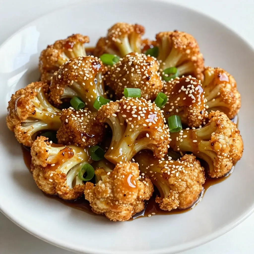 - 1 medium head of cauliflower - 1 cup all-purpose flour - ½ cup cornstarch - ¼ cup soy sauce - 1 teaspoon garlic powder - 1 teaspoon onion powder - ½ teaspoon salt - ¼ teaspoon black pepper - 2 tablespoons pure maple syrup - 1 tablespoon rice vinegar - 2 teaspoons toasted sesame oil - Garnishes such as sesame seeds and green onions Let's break down what you need for Sticky Sesame Cauliflower. First, the main ingredient is a medium head of cauliflower. You should cut it into bite-sized florets. This makes it easy to eat and helps it cook well. Next, you need the dry ingredients for the batter. Grab 1 cup of all-purpose flour and ½ cup of cornstarch. These give the cauliflower a nice crunch when fried. For seasonings, you&rsquo;ll need 1 teaspoon of garlic powder and 1 teaspoon of onion powder. These add great flavor. Don't forget ½ teaspoon of salt and ¼ teaspoon of black pepper. These simple seasonings really enhance the dish. Now, for the sticky sauce, gather ¼ cup of soy sauce as the base. You&rsquo;ll also need 2 tablespoons of pure maple syrup for sweetness. Add 1 tablespoon of rice vinegar for a tangy kick. Finally, include 2 teaspoons of toasted sesame oil to boost that rich sesame flavor. To make your dish even prettier, use garnishes like toasted sesame seeds and finely chopped green onions. These not only add taste but also make the dish look great on the plate. {{ingredient_image_2}} 1. In a medium mixing bowl, whisk together these dry ingredients: - 1 cup all-purpose flour - ½ cup cornstarch - 1 teaspoon garlic powder - 1 teaspoon onion powder - ½ teaspoon salt - ¼ teaspoon black pepper 2. Gradually add ½ cup water while whisking. Keep stirring until the batter is smooth and thick. It should have no lumps. 1. Take each cauliflower floret. Dip it into the batter, making sure it gets fully coated. 2. Allow any extra batter to drip back into the bowl. This ensures an even coat on each piece. 1. Heat oil in a heavy-bottomed pot to 350&deg;F. Use vegetable or canola oil for best results. 2. Carefully add the battered cauliflower florets in batches. Do not overcrowd the pan. 3. Fry them for about 4-5 minutes. Look for a golden brown color and crispy texture on all sides. 4. Once done, use a slotted spoon to remove the florets. Place them on a plate lined with paper towels to drain any extra oil. To get that perfect crunch, keep the oil temperature steady. Heat your oil to about 350&deg;F (175&deg;C). Use a thermometer to check. If the oil is too cool, the cauliflower won't crisp up well. If it&rsquo;s too hot, it can burn quickly. Also, avoid overcrowding the pan when frying. Fry in small batches so each piece gets enough space. This keeps the oil hot and helps every floret become golden and crispy. When making the sticky sauce, use a simmering technique. Combine soy sauce, maple syrup, rice vinegar, and sesame oil in a saucepan. Heat over medium flame until it simmers. Stir it occasionally. Let it cook for about 2-3 minutes. This helps the sauce thicken and stick better to the cauliflower. If your sauce feels too thin, simmer it a bit longer. The longer you simmer, the thicker it gets. Just watch it closely so it doesn&rsquo;t burn. For a beautiful presentation, use vibrant serving platters. A colorful plate makes your dish pop. Transfer the sticky sesame cauliflower onto the platter carefully. Garnish with toasted sesame seeds and chopped green onions for extra color. You can also add lime wedges on the side. This adds a zesty kick and a fresh look. Enjoy the blend of flavors and colors! Pro Tips Adjust the Batter Consistency: If the batter seems too thick, gradually add more water until it reaches a smooth, thick consistency that clings to the cauliflower without dripping off. Frying Temperature Matters: Ensure your oil is at the right temperature (around 350&deg;F or 175&deg;C) before adding the cauliflower. This helps achieve a crispy texture without making them greasy. Use Fresh Ingredients: For the best flavor, opt for fresh garlic and green onions. Fresh ingredients enhance the dish's overall taste and aroma. Experiment with Garnishes: Try adding chili flakes or crushed peanuts along with sesame seeds for an extra layer of flavor and texture that complements the sticky sauce. {{image_4}} You can change the coating to fit your needs. If you want a gluten-free option, use almond flour or chickpea flour. Both give a nice crunch and flavor. To add some heat, mix in cayenne pepper or chili powder. This will spice up your dish and give it a kick. Adjust the amount based on how spicy you want it. While the sticky sauce is great, you can try teriyaki sauce instead. This adds a sweet and savory twist. You can also experiment with citrus flavors. Adding lime or orange juice brightens the dish. It gives a fresh taste that pairs well with the cauliflower. Don&rsquo;t stop at cauliflower! You can add other veggies like broccoli or bell peppers. This makes the dish colorful and nutritious. For protein enhancements, try adding tofu or chickpeas. This makes your meal heartier and more filling. Enjoy mixing and matching to find your perfect blend! To keep your sticky sesame cauliflower fresh, store it in the fridge. Place it in an airtight container. This helps keep moisture out and keeps the flavors intact. Make sure it cools down first. You can enjoy the leftovers for up to three days. When it's time to heat up your cauliflower, you want to keep it crispy. The best way is to use your oven. Preheat it to 350&deg;F (175&deg;C). Spread the cauliflower on a baking sheet. Heat for about 10 to 15 minutes. This makes it crispy again, just like when you first made it. You can also use an air fryer for quick reheating. Set it to 350&deg;F. Cook for about 5 to 7 minutes. Both methods are great for keeping that crunchy texture. If you want to save some for later, freezing is an option. First, let the cauliflower cool completely. Then, place it in a freezer-safe bag or container. Remove as much air as possible. This helps prevent freezer burn. You can freeze it for up to a month. When you're ready to eat, take it out and thaw it in the fridge overnight. To reheat, follow the same oven or air fryer steps. This way, you&rsquo;ll still enjoy that sticky, tasty goodness. Yes, you can prepare Sticky Sesame Cauliflower ahead of time. Store the cooked cauliflower in an airtight container in the fridge. It will stay fresh for about three days. To reheat, use an oven or air fryer. Preheat the oven to 350&deg;F. Place the cauliflower in a single layer on a baking sheet. Heat for about 10-15 minutes. This keeps the cauliflower crispy. Avoid using a microwave, as it can make the cauliflower soggy. To add spice, mix in chili powder or hot sauce into the batter. You can also toss in some red pepper flakes when making the sticky sauce. For a fiery twist, add Sriracha or your favorite hot sauce. Adjust the amount based on your taste. Another option is to serve the cauliflower with a spicy dipping sauce. This gives you control over the heat level while enjoying those sticky flavors. Sticky Sesame Cauliflower pairs well with several side dishes. Here are some ideas: - Steamed rice: The sticky sauce complements plain rice perfectly. - Quinoa: A healthy, nutty option that adds protein. - Stir-fried vegetables: Add color and crunch with a veggie mix. - Noodles: Serve over rice noodles or soba for a filling meal. For a complete meal, consider adding a protein. Grilled chicken, tofu, or shrimp work well. Enjoy this dish as part of a larger spread, or make it the star of your dinner table. You&rsquo;ve learned how to make sticky sesame cauliflower from scratch. We covered essential ingredients, step-by-step instructions, and helpful tips for cooking. Storage options were also discussed to keep your leftovers fresh. This dish is easy to customize and great for sharing. With various coatings and sauces, you can tailor it to your taste. Enjoy creating crispy cauliflower that impresses!